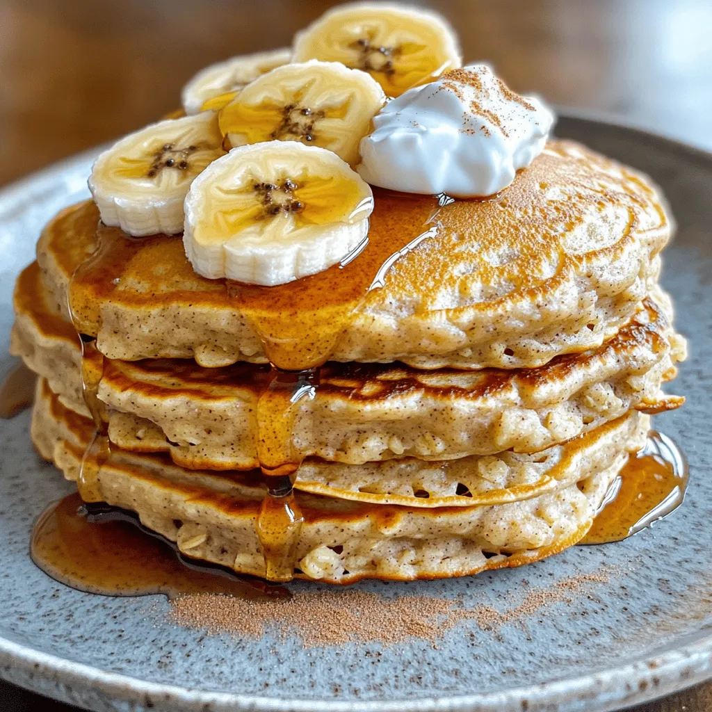 - 1 cup rolled oats - 1 ripe banana, mashed - 1 cup milk (dairy or non-dairy) You need rolled oats as the base. They give the pancakes a great texture. Use a ripe banana, as it adds natural sweetness. You can pick any milk you like. Almond or soy milk works well for a dairy-free option. - 1/2 teaspoon baking powder - 1/2 teaspoon cinnamon - 1/4 teaspoon salt - 1 large egg (or flax egg for vegan option) - 1 tablespoon honey or maple syrup (optional) - 1/2 teaspoon vanilla extract - Cooking spray or butter for frying Baking powder helps the pancakes rise. Cinnamon adds warmth and flavor. A pinch of salt balances the sweetness. If you want a vegan option, you can use a flax egg. Honey or maple syrup is optional but adds a lovely touch. Vanilla extract enhances all the flavors. Finally, use cooking spray or butter to fry the pancakes. These ingredients come together to create a simple and tasty meal. For the full recipe, check out the detailed instructions. To start, take 1 cup of rolled oats and place them in a blender. Blend the oats until they turn into a fine flour. This oat flour is key for our pancakes. It gives them a great texture and a lovely flavor. Next, grab a large bowl. Combine the oat flour with 1/2 teaspoon of baking powder, 1/2 teaspoon of cinnamon, and 1/4 teaspoon of salt. Mix these dry ingredients well. In another bowl, mash 1 ripe banana until it’s smooth. Add 1 cup of milk, 1 large egg, 1 tablespoon of honey or maple syrup, and 1/2 teaspoon of vanilla extract. Stir this mixture until it’s all combined. Now, pour the banana mixture into the dry ingredients. Mix gently until just combined. Let the batter sit for 5 minutes. This helps it thicken a bit. Now it's time to cook! Heat a non-stick skillet over medium heat. Lightly grease it with cooking spray or butter. Pour about 1/4 cup of pancake batter onto the skillet for each pancake. Cook them for about 2-3 minutes. You will see bubbles forming on the surface when they are ready to flip. Once the edges look set, flip the pancakes. Cook for another 2-3 minutes until they are golden brown. Repeat this with the remaining batter. Adjust the heat as needed to avoid burning. Enjoy your pancakes warm! You can find the complete recipe in the [Full Recipe]. To make your banana oatmeal pancakes fluffy, you should let the batter rest. This resting time helps the oats absorb moisture. A good five minutes is usually enough. During this time, you can heat your skillet. Now, let’s talk about the heat. It’s important to adjust the heat properly. You want medium heat for even cooking. If it’s too hot, the pancakes will burn outside but stay raw inside. If it’s too low, they will take longer to cook and may become tough. When it comes to serving, presentation matters. Stack your pancakes high on a plate. Drizzle them with honey or maple syrup to add sweetness. Sliced bananas on top look great and add flavor. For a special touch, sprinkle cinnamon over the stack. You can also pair these pancakes with sides. Greek yogurt adds creaminess and protein. A handful of berries brings freshness and color. Fresh orange juice or a smoothie can make a perfect drink choice. Want to boost nutrition? You can add protein powders to the batter. This gives your pancakes a protein kick. Nut butters, like almond or peanut, are great options too. Stir in a spoonful for extra flavor and nutrition. Have dietary needs? You can make easy substitutions. Use a flax egg instead of a regular egg for a vegan option. Choose non-dairy milk, like almond or oat milk, to keep it plant-based. These swaps keep the taste while meeting different diets. For the complete method, check the Full Recipe. {{image_2}} You can make banana oatmeal pancakes even more fun by adding flavors. Try mixing in chocolate chips for a sweet twist. The melted chocolate adds a rich taste that kids and adults love. You can also add nuts like walnuts or pecans for a crunchy texture. This gives each bite a nice surprise. Another idea is to use spices. A pinch of nutmeg can warm up the flavor. It pairs well with the banana and gives the pancakes a cozy feel. Cinnamon is great, but nutmeg takes it to another level. Experiment with these ideas to find your favorite mix. If you follow a vegan diet, you can still enjoy these pancakes. Use a flax egg instead of a regular egg. To make a flax egg, mix one tablespoon of ground flaxseed with three tablespoons of water. Let it sit for a few minutes until it thickens. This works well in the recipe. Also, you can choose non-dairy milk like almond or oat milk. This keeps the pancakes vegan and delicious. For those who need gluten-free options, use gluten-free rolled oats. These oats work just like regular oats but are safe for gluten-free diets. You can enjoy banana oatmeal pancakes without worry. These variations make the recipe fit many diets. Try them out and enjoy your pancakes your way! To keep your banana oatmeal pancakes fresh, store them in the fridge. Place them in an airtight container. They stay good for about three days. You can also freeze them. Stack the pancakes with parchment paper between each one. This helps you pull them apart later. Then, wrap the stack tightly in plastic wrap. Place the wrapped pancakes in a freezer bag. They can last up to two months in the freezer. When you want to eat them, reheat the pancakes. For refrigerated pancakes, microwave them for 20-30 seconds. This warms them up nicely. If they are frozen, microwave them for about 1 minute. You can also use a toaster oven. Heat them at 350°F for 5-7 minutes for a crispy edge. Enjoy them warm for the best taste! You can make pancake mix ahead of time. To do this, combine the dry ingredients. These are oat flour, baking powder, cinnamon, and salt. Store this mix in an airtight container. It stays fresh for up to two weeks. Just add the wet ingredients when you are ready to cook. Batch cooking is another great idea. Make a double or triple batch of pancakes. Cook them all and let them cool. Store them in the fridge or freezer. This way, you have a quick meal ready for busy mornings. Simply reheat, and you have a delicious breakfast in no time. For the full recipe, check out the detailed instructions above! To make banana oatmeal pancakes vegan, you can swap out the egg for a flax egg. Just mix one tablespoon of ground flaxseed with two and a half tablespoons of water. Let it sit for five minutes until it thickens. For the milk, use any non-dairy milk like almond milk or oat milk. These swaps work well and keep the pancakes tasty. Yes, you can freeze banana oatmeal pancakes. Let them cool completely after cooking. Then, place them in a single layer on a baking sheet. Once frozen, stack them in an airtight container or a freezer bag. They can last up to three months in the freezer. To enjoy, just pop them in the toaster or microwave until warm. You can serve banana oatmeal pancakes with many tasty toppings. Fresh fruit like berries or sliced bananas works great. Drizzle maple syrup or honey for sweetness. Greek yogurt adds creaminess. You can also sprinkle nuts or seeds on top for a nice crunch. To make your pancakes fluffier, let the batter rest for about five minutes before cooking. This helps the baking powder work better. Also, don’t overmix the batter. A few lumps are fine and help keep the pancakes light. You can also add a touch more baking powder for extra lift. Banana oatmeal pancakes can last in the fridge for about three to four days. Store them in an airtight container to keep them fresh. To reheat, you can use a microwave or a toaster. This way, they stay warm and yummy. Banana oatmeal pancakes are easy to make and delicious. We covered key ingredients, steps, and helpful tips. You can customize them with fun flavors or dietary needs. Store extras easily for busy days. Enjoy these pancakes warm, topped how you like. They're a great choice for breakfast or a snack. Now, get cooking and enjoy these tasty pancakes!