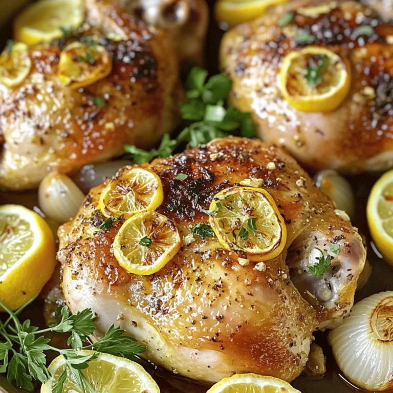 - Whole chicken (4-5 lbs) - 4 tablespoons olive oil - 4 cloves garlic, minced - 2 large lemons (one zested and juiced, one sliced) - 1 tablespoon fresh thyme leaves (or 1 teaspoon dried thyme) - 1 tablespoon fresh rosemary, chopped (or 1 teaspoon dried rosemary) - 1 onion, quartered - Fresh parsley, for garnish The main ingredients create a bright and fresh flavor. The whole chicken brings a juicy and tender base. Olive oil adds richness, while garlic gives it a bold taste. Lemons provide acidity, which brightens every bite. Fresh herbs add depth and aroma. - Salt and pepper to taste - 1 teaspoon paprika To make the marinade, combine the olive oil, minced garlic, lemon zest, lemon juice, thyme, rosemary, paprika, salt, and pepper in a bowl. Mix well to blend the flavors. The salt enhances the chicken's natural taste. Paprika adds a hint of smokiness. This marinade is key for juicy, flavorful chicken. Lemon garlic roasted chicken pairs well with many sides. Think of roasted vegetables, mashed potatoes, or a fresh salad. These options bring balance to the meal. For garnish, use fresh parsley. It adds a pop of color and freshness. You can also serve the chicken with lemon slices and onion wedges around it. This makes a beautiful presentation. For the full recipe, check out the detailed guide. 1. Preheating the oven: Start by preheating your oven to 425°F (220°C). This high heat helps to crisp the chicken skin. 2. Drying and marinating the chicken: Pat the whole chicken dry with paper towels. This step is key for crispy skin. In a bowl, mix olive oil, minced garlic, lemon zest, lemon juice, thyme, rosemary, paprika, salt, and pepper. This is your marinade. 3. Marinate the chicken: Gently loosen the skin over the breast and thighs. Rub half of the marinade under the skin and inside the cavity. Use the rest of the marinade on the outside of the chicken. This gives flavor to every bite. 4. Stuff the cavity: Add the quartered onion and lemon slices inside the chicken. This will make the meat juicy and add more flavor. 5. Truss the chicken: If you want, tie the legs together with kitchen twine. Tucking the wings under the body helps it cook evenly. 1. Steps for placing and roasting the chicken: Place the chicken breast-side up in a roasting pan. Roast in the preheated oven for about 1 hour and 15 minutes. Use a meat thermometer to check that the internal temperature reaches 165°F (75°C). 2. Importance of basting during cooking: Halfway through roasting, baste the chicken with its juices. This keeps the meat moist and adds flavor. 1. Proper resting time for juiciness: Once cooked, take the chicken out of the oven. Let it rest for about 15 minutes. This step is important for keeping it juicy. 2. Carving techniques and serving methods: To carve, start by removing the legs and thighs. Then cut the breast meat. Serve the chicken on a platter and drizzle with pan juices. Garnish with fresh parsley for a beautiful finish. For the full recipe, check out the detailed instructions. To get that perfect crispy skin, start by drying the chicken well. Use paper towels to remove all moisture. This step is key. If the skin is wet, it won't crisp up. Roasting at a high temperature works wonders. Set your oven to 425°F (220°C). This heat helps to render the fat and achieve that golden brown color. Halfway through cooking, baste the chicken with its juices. This adds flavor and keeps the skin crispy. To boost flavor, think about adding fresh herbs. Try sage or oregano for a twist. You can also mix in spices like cumin or coriander. Each will bring a new taste. Marinating the chicken is crucial. Aim for at least one hour, but overnight is even better. The longer it sits, the more flavor it absorbs. Just remember to keep it in the fridge while marinating to stay safe. One common mistake is overcooking the chicken. Use a meat thermometer to ensure it reaches 165°F (75°C). This way, you avoid dry meat. Watch for undercooking too. Always check the thickest part of the chicken. To prevent soggy skin, ensure that the chicken is well-dried before roasting. Also, do not cover it while cooking. This keeps moisture in and can ruin that crispy texture. For the full recipe, check out the complete guide to making Lemon Garlic Roasted Chicken. {{image_2}} You can change the herbs in this dish. Try using sage or oregano. These herbs add new flavors. You can also mix in fresh basil or dill for a twist. Adjust the amount based on your taste. If you like strong flavors, use more herbs. If you prefer milder flavors, use less. This way, you make the dish your own. Lemons are great, but you can try other fruits. Oranges and limes work well too. They give a sweet or tart taste that is fun. You can even mix citrus fruits for a unique flavor. For example, combine lemon with lime. This blend makes the chicken taste fresh and bright. You can cook this chicken in different ways. A rotisserie gives a nice, even cook. A slow cooker makes it very tender. An air fryer can make the skin crispy. Each method has its own cooking time. A rotisserie might take about 1.5 hours. The slow cooker could take 6-8 hours on low. The air fryer usually cooks in about 1 hour. Choose the method that fits your schedule best. To store your Lemon Garlic Roasted Chicken, let it cool first. This step helps keep the meat juicy. Once chilled, place the chicken in airtight containers. Glass or plastic containers work well. You can also wrap the chicken tightly in foil or plastic wrap. Make sure to store leftovers in the fridge. They will stay fresh for about 3 to 4 days. When you reheat the chicken, do it gently to keep it moist. The best method is using the oven. Preheat the oven to 350°F (175°C). Place the chicken in a baking dish and cover it with foil. This cover helps keep the steam in. Heat for about 20 to 30 minutes, or until warm. You can also use a microwave, but be careful. Heat in short bursts, checking often to avoid drying it out. To freeze cooked chicken, make sure it cools completely. Wrap it well in plastic wrap, then in foil. This double wrap prevents freezer burn. You can also use freezer bags. Write the date on the bag. Chicken can last up to 4 months in the freezer. To thaw, place the frozen chicken in the fridge overnight. For quicker thawing, use the microwave on the defrost setting. Always ensure the chicken is heated through before serving. For a delicious Lemon Garlic Roasted Chicken recipe, check out the Full Recipe. Lemon Garlic Roasted Chicken lasts about 3 to 4 days in the fridge. To keep it fresh: - Let the chicken cool down. - Store it in an airtight container. - Wrap it tightly with plastic wrap or aluminum foil. This helps prevent moisture loss and keeps it flavorful. If you want to enjoy it longer, consider freezing it. Yes, you can use frozen chicken for Lemon Garlic Roasted Chicken. Here’s how: - Thaw the chicken safely in the fridge overnight. - If you need it quick, use the cold water method. Submerge the chicken in cold water, changing the water every 30 minutes. - Once thawed, pat it dry and marinate as usual. Make sure to marinate for a few hours to get the best flavor. You can serve many delicious sides with this chicken. Here are some great options: - Roasted vegetables: Carrots, potatoes, and Brussels sprouts work well. - Rice or quinoa: They soak up the tasty juices. - Salads: A fresh green salad adds a nice crunch. - Bread: Crusty bread is perfect for sopping up juices. These pairings enhance the meal and create a well-rounded dinner. For the full recipe, check out the details provided! Lemon garlic roasted chicken is a simple, tasty dish. You learned about the key ingredients, including fresh herbs and lemons. We covered how to season and marinate your chicken for rich flavor. Following the step-by-step instructions ensures your chicken turns out juicy and crispy. Remember to rest the chicken before carving for the best taste. With these tips and variations, you can make this dish your own. Enjoy the flavors with your favorite sides, and don’t forget: practice makes perfect!