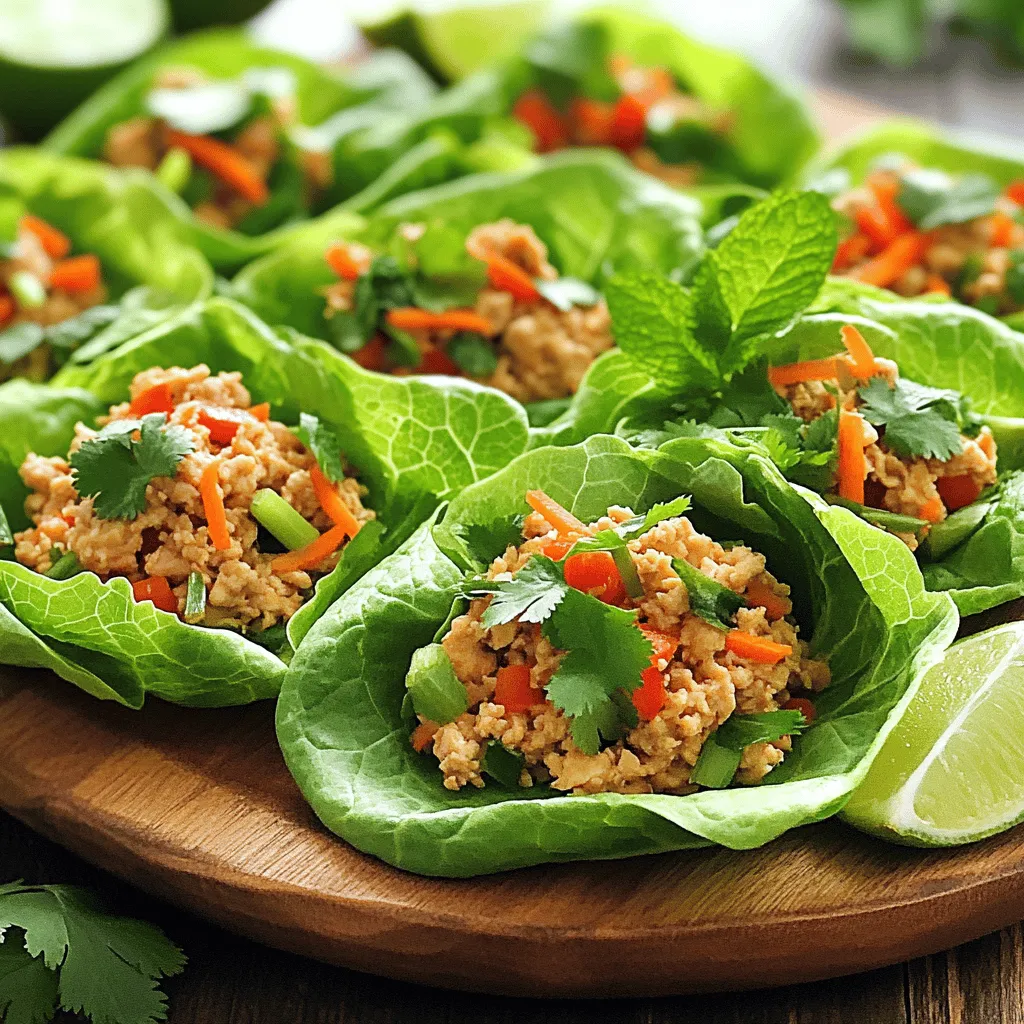 - Ground chicken and vegetables - 1 lb (450g) ground chicken - 1 red bell pepper, diced - 1 carrot, grated - 3 cloves garlic, minced - 1 tablespoon fresh ginger, minced - 2 green onions, sliced - Sauces and seasonings - 1 tablespoon vegetable oil - 1/4 cup soy sauce (or tamari for gluten-free) - 2 tablespoons fish sauce (optional for an extra kick) - 1 tablespoon sriracha (adjust for spice level) - 1 tablespoon brown sugar - Juice of 1 lime - Accompaniments and garnishes - 1 head of butter or romaine lettuce, separated into leaves - Fresh cilantro and mint for garnish These ingredients create a burst of flavor. The ground chicken forms a rich base. The garlic and ginger add depth. The bell pepper and carrot provide crunch. The sauces bring heat and sweetness, while lime juice adds brightness. Lettuce leaves create a fresh wrap. Cilantro and mint finish the dish with freshness. For the Full Recipe, follow the steps to create this delightful dish. Start by preparing the garlic and ginger. You will want to mince them well. This step adds a fresh kick to your dish. Next, heat your skillet over medium-high heat. Add one tablespoon of vegetable oil. Once the oil is hot, toss in your minced garlic and ginger. Sauté them for about 30 seconds until they smell amazing. Now it’s time to brown the ground chicken. Add one pound of ground chicken to the skillet. Cook it for about 5 to 7 minutes. Break it apart with a spatula as it cooks. You want it to be fully browned and no longer pink. After the chicken is browned, add the diced red bell pepper and grated carrot. Stir them in and cook for another 2 to 3 minutes. You want the veggies to soften just a bit. This adds color and crunch to your filling. In a small bowl, mix your sauces together. Add 1/4 cup of soy sauce, 2 tablespoons of fish sauce (if using), 1 tablespoon of sriracha, 1 tablespoon of brown sugar, and the juice of one lime. Whisk these until they blend well. Pour this sauce over your chicken and vegetable mixture. Stir everything together to coat well. Let it heat through for about 2 minutes. This will ensure all the flavors meld together nicely. Now you can use the lettuce leaves as your wraps. Take a head of butter or romaine lettuce and separate the leaves. Each leaf will hold the filling perfectly. To serve, spoon a generous amount of the spicy chicken mixture into each lettuce leaf. Place them on a platter for everyone to enjoy. Garnish with fresh cilantro and mint for a bright touch. If you want to level up your presentation, add lime wedges on the side. This will bring extra zing to each bite. For the full recipe, check out the provided instructions. Enjoy making this delightful dish! - Sautéing tips for flavor enhancement: Start by heating your oil in a large skillet. Add garlic and ginger first. They release their oils and give a strong base flavor. Sauté for about 30 seconds. This step brings out the best taste. - Recommended cookware and utensils: Use a non-stick skillet. It helps prevent sticking and makes clean-up easy. A wooden spatula works wonders for breaking up the chicken and stirring the mix. - Ensuring chicken is cooked perfectly: Cook the ground chicken until it's browned all over. This usually takes 5 to 7 minutes. Break it apart with a spatula as it cooks. Check to ensure there’s no pink left. This means it's safe to eat. - Spicing up or toning down heat: If you like it spicy, add more sriracha. For a milder dish, reduce the sriracha. You can also mix in some coconut milk for creaminess. It tones down the spice nicely. - Using alternative sauces or sweeteners: Want a different taste? Try tamari instead of soy sauce for gluten-free. You can swap brown sugar with honey or maple syrup. This change adds a unique sweetness. - Adding extra vegetables for texture: You can toss in more veggies like mushrooms or zucchini. They add crunch and nutrition. Plus, they soak up the sauce well, giving you more flavor in each bite. - Creative serving platters: Serve your lettuce wraps on a colorful platter. Add lime wedges and fresh herbs. This makes your dish look bright and appealing. It invites everyone to dig in. - Suggestions for sauces on the side: Offer extra sauces like hoisin or peanut sauce. They provide more flavor options. Your guests can customize their wraps just how they like. - Ways to incorporate lime wedges: Place lime wedges around the platter. Guests can squeeze fresh lime juice over their wraps. This adds a refreshing zing that pairs nicely with the spicy chicken. For the full recipe, check out the Spicy Thai Chicken Lettuce Wraps 🥬 recipe above. {{image_2}} You can easily swap the ground chicken for tofu or tempeh if you want a vegetarian dish. Both options soak up flavors well and offer a great texture. If you prefer beef or pork, that works too. Just ensure that you adjust the cooking time to get those proteins nice and brown. For gluten-free options, use tamari sauce instead of regular soy sauce. This keeps the taste but makes it safe for those with gluten issues. You can also play with different herbs. Try basil or cilantro for fresh hints. You might even add some chopped peanuts for a crunchy twist. Mix in other Asian ingredients like hoisin sauce or sesame oil for a unique flavor. You can also fuse this dish with other cuisines. Think about adding avocado for a Mexican flair or using curry paste for an Indian touch. The options are endless, and each adds a fun twist to your wraps. To keep your spicy Thai chicken lettuce wraps fresh, store them in the fridge. Place the filling in an airtight container. Wrap the lettuce leaves separately to keep them crisp. Properly stored, the filling lasts about three days in the fridge. Yes, you can freeze the chicken filling! Make sure it cools completely before placing it in a freezer-safe container. This way, you avoid ice crystals forming. To reheat, let the filling thaw overnight in the fridge. Heat it on the stove over low heat until warm. You can get creative with any leftover filling. Try making a spicy chicken salad with fresh greens, or toss it into a grain bowl with rice or quinoa. You can also use it as a topping for nachos or in a stir-fry for a quick meal. Enjoy exploring these tasty options! For the full recipe, check out the Spicy Thai Chicken Lettuce Wraps. Butter lettuce and romaine lettuce both work well for wraps. Butter lettuce is soft and easy to fold. It has a mild taste that lets the filling shine. Romaine has a crisp texture and a slightly stronger flavor. It holds up better if you pile on the filling. Choose butter for a tender bite, or romaine for a crunchy experience. Yes, you can prep these wraps ahead. Cook the chicken mixture in advance and store it in the fridge. This keeps the flavors fresh and ready. You can also wash and separate the lettuce leaves early. Just keep them in a sealed container to stay crisp. When you are ready to eat, reheat the chicken mixture and assemble the wraps. These wraps pair nicely with many side dishes. Try serving them with jasmine rice or a simple salad. A cool cucumber salad adds a nice crunch. For drinks, consider iced tea or a light beer. These options enhance the meal and balance the spice. Yes, these wraps are a healthy choice. Ground chicken is lean and full of protein. The veggies add fiber and vitamins. Each wrap is low in calories but full of flavor. This makes them a great option for a light meal. If you want to know more about the recipe, check out the Full Recipe for details. You learned how to make Spicy Thai Chicken Lettuce Wraps. We covered ingredients, cooking steps, tips, and variations. You can swap proteins, mix in new flavors, and store leftovers easily. These wraps are not only fun to make but also tasty and healthy. Remember, cooking is about finding what you love. Enjoy these wraps with friends and family. Don’t be afraid to try your own twists. Happy cooking!
