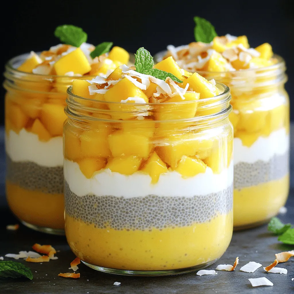 This recipe uses simple, tasty ingredients. Here’s what you need: - 1 cup coconut milk (canned or carton) - 1/4 cup chia seeds - 2 tablespoons maple syrup or honey (adjust to taste) - 1/2 teaspoon vanilla extract - 1 ripe mango, diced (reserve some for topping) - Fresh mint leaves for garnish (optional) - Coconut Milk: This creamy milk adds richness and a tropical flavor. It’s dairy-free, making it great for many diets. - Chia Seeds: These seeds pack a nutritional punch. They are high in fiber, protein, and omega-3 fatty acids. They help the pudding thicken and add a fun texture. - Maple Syrup or Honey: These sweeteners add natural sweetness. You can adjust the amount to fit your taste. - Vanilla Extract: This extract brings warmth and a hint of sweetness. It enhances the overall flavor. - Mango: A ripe mango brings a fresh, sweet taste. It’s also rich in vitamins A and C. - Mint Leaves: These leaves add a refreshing touch. They can brighten the dish and provide a lovely color. If you have dietary needs, there are easy swaps: - Coconut Milk: Use almond milk or oat milk for a different flavor. - Chia Seeds: Flaxseeds can work as a substitute, but adjust the amount. - Maple Syrup or Honey: Use agave syrup or stevia for a lower-calorie option. - Mango: Swap with other fruits like berries or bananas for variety. - Mint: If you dislike mint, you can skip it or use basil for a twist. You can find the full recipe in the recipe section above. Enjoy making this bright, tropical dish! Start by grabbing a medium bowl. Add 1 cup of coconut milk to the bowl. Then, pour in 2 tablespoons of maple syrup or honey. You can adjust the sweetness to fit your taste. Next, add 1/2 teaspoon of vanilla extract. Whisk the mixture until it is well combined. This step is key for a smooth base. Now, stir in 1/4 cup of chia seeds. Make sure they are evenly mixed in. Cover the bowl with plastic wrap or a lid. This keeps the pudding fresh while it chills. Place the covered bowl in the fridge. Let it chill for at least 4 hours, or overnight if you can wait. This time allows the chia seeds to soak up the coconut milk. They will expand and create a thick, creamy pudding. Once the chilling time is over, take the bowl out. Give it a good mix to break any clumps. Your pudding should now be thick and ready to layer. Grab some clear glasses or jars for serving. Start by adding a layer of chia pudding to the bottom. Next, add a layer of diced mango. You can use 1 ripe mango for this part. Then, top it with another layer of chia pudding. Repeat this process until your glasses are full. Finish with more diced mango on top for a colorful touch. If you like, add fresh mint leaves for garnish. This adds a nice pop of color and flavor. For extra sweetness, drizzle a little maple syrup on top. You can also sprinkle toasted coconut flakes for a crunchy finish. Try to make it look as good as it tastes! For the full recipe, check above. To get the best texture, stir the chia seeds well in the liquid. You want them evenly mixed. Let the mixture sit for about 15 minutes, then stir again. This helps avoid clumps. The chia seeds need time to soak up the coconut milk. Aim for at least four hours in the fridge. Overnight works even better for a creamier pudding. This chia pudding is great for meal prep. You can make it the night before. Just store it in the fridge. It stays fresh for about three days. This means you can enjoy it for breakfast or a snack. The flavors deepen as it sits, making it more tasty. Toppings can make your pudding even better. Use fresh fruit like sliced banana or berries. Toasted coconut adds a nice crunch. Drizzling honey or maple syrup gives extra sweetness. Fresh mint leaves look pretty and add freshness. You can mix and match toppings to keep it fun. For more ideas, check the Full Recipe for inspiration. {{image_2}} You can easily make this pudding vegan and gluten-free. All the ingredients in this recipe are already vegan and gluten-free. Use maple syrup instead of honey to keep it plant-based. Chia seeds are naturally gluten-free, so there are no worries there. Want to switch it up? You can add different flavors to the pudding. For a berry twist, mix in some pureed strawberries or blueberries. Just blend the berries until smooth and fold them in. If you love chocolate, add cocoa powder to the base mix. Use about 1-2 tablespoons for a rich taste. You can also top the pudding with fresh berries or chocolate shavings for extra flair. This pudding is fun for many occasions. Serve it as a light breakfast, a snack, or even a dessert. For brunch, layer the pudding in clear jars. Guests will love seeing the pretty layers. You can also make mini cups for parties. Add a sprig of mint or a slice of mango for a fresh touch. For a cozy night in, enjoy a bowl while watching a movie. The creamy texture and sweet flavors make it a treat for any time. For the full recipe, check out the instructions above for a delicious mango coconut chia pudding experience. To store leftover mango coconut chia pudding, place it in a clean, airtight container. This will help keep it fresh. Make sure to seal it tightly. You can keep it in the fridge for up to five days. If you notice it thickening too much, add a splash of coconut milk to loosen it up. For the best taste and texture, always store the pudding in the coldest part of your fridge. Avoid leaving it out at room temperature for long. If you find a layer of liquid on top, just stir it back in. This means the chia seeds are doing their job, soaking up the moisture. You can freeze chia pudding for later use. To do this, pour the pudding into freezer-safe containers. Leave some space at the top because it will expand when frozen. To thaw, transfer the container to the fridge for a few hours. Once thawed, stir it well before serving. Enjoy this tasty treat any time with these simple storage tips! For the complete recipe, check out the [Full Recipe]. Mango Coconut Chia Pudding can last up to five days in the fridge. Make sure to store it in a sealed container. This keeps it fresh and tasty. The pudding may thicken more over time, but it stays good to eat. Yes, you can use many fruits in this recipe. Berries like strawberries and blueberries work well. You could also try bananas or kiwi. Just remember to adjust the sweetness if your fruit is extra sweet. Chia pudding is very healthy. Chia seeds are full of fiber, protein, and omega-3 fatty acids. They help keep you full and support good digestion. Coconut milk adds healthy fats, too. This pudding is a great snack or breakfast option. If you want to switch out coconut milk, try almond milk or oat milk. These options still keep the pudding creamy. You can also use cashew milk for a richer taste. Just pick unsweetened varieties to control the sweetness. To make the pudding less sweet, reduce or skip the sweetener. You can use just a dash of maple syrup or honey. You can also add more fruit for natural sweetness. This keeps the flavor fresh without too much sugar. Mango coconut chia pudding is a tasty treat filled with healthy ingredients. You learned about key ingredients, their benefits, and easy substitutes. I shared step-by-step instructions to prepare and chill the pudding. You also discovered tips to ensure the perfect texture and flavor. Variations add fun twists, while storage tips keep it fresh longer. This pudding is a great addition to any meal or snack. Enjoy making it your own and sharing it with others!