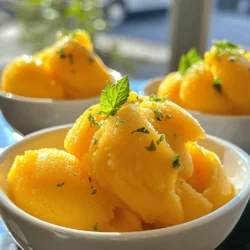 To make mango sorbet, you need simple ingredients. Here’s what you will need: - 3 ripe mangoes, peeled and diced - 1/2 cup coconut water - 1/4 cup freshly squeezed lime juice - 1/4 cup agave syrup or honey (adjust based on sweetness preference) - Pinch of sea salt - Fresh mint leaves for garnish These ingredients work together to create a refreshing treat. The ripe mangoes give the sorbet its sweet and fruity flavor. Coconut water adds a nice touch of tropical taste. Lime juice brings a hint of tartness to balance the sweetness. Using fresh mangoes makes a big difference. Fresh mangoes are sweet and juicy, which enhances the final product. Choose mangoes that are ripe but not overripe. They should yield slightly when you press them. If fresh mangoes are not available, frozen mangoes can work too. They are picked and frozen at peak ripeness, so they still have good flavor. Just make sure to thaw them before use. You can customize the sweetness of your mango sorbet. Agave syrup is a great choice, as it blends well. Honey is another option, adding a nice flavor. You can also explore other sweeteners, like maple syrup or stevia. Adjust the amount based on your taste. If you prefer a less sweet sorbet, reduce the sweetener. This way, you can enjoy the true flavor of the mangoes. For the complete recipe, check out the [Full Recipe]. To start, you need ripe mangoes. Look for mangoes that give slightly when you press them. This means they are ready to eat. Use a sharp knife to peel the mangoes. After peeling, cut them into small, even pieces. This helps them blend better. You can use three ripe mangoes for this recipe. The more ripe they are, the sweeter your sorbet will taste. Next, you will blend the mangoes. Place the diced mangoes in a blender. Add half a cup of coconut water. This adds a nice flavor and helps the mangoes blend smoothly. Then, pour in a quarter cup of fresh lime juice. This gives your sorbet a tangy kick. Add a quarter cup of agave syrup or honey for sweetness, plus a pinch of sea salt. Blend everything until it is completely smooth. If you want a sweeter taste, add more sweetener and blend again. After blending, pour the mango mixture into a shallow dish. Cover it with plastic wrap and put it in the freezer. Let it freeze for about two hours. When you see the edges starting to freeze, take it out. Use a fork to scrape the mixture. Scraping helps make your sorbet light and fluffy. Return it to the freezer for three to four hours. Remember to scrape every hour. This will give you a perfect texture. Once ready, let it sit out for a few minutes before serving. This will make scooping easier. Enjoy your tropical bliss mango sorbet as a delightful treat for any occasion! To make great mango sorbet, you need ripe mangoes. Look for mangoes that feel soft when you press them gently. They should have a sweet aroma. If they are hard, they need more time to ripen. You can leave them at room temperature for a few days. Once ripe, keep them in the fridge to slow down the ripening. This way, you can have perfect mangoes ready for your sorbet. Not everyone likes the same level of sweetness. Start with a small amount of agave syrup or honey. Blend your mixture and taste it. If it’s not sweet enough, add a bit more. Blend again and taste. Repeat until it’s just right for you. Remember, the sweetness can change once frozen, so it’s okay for it to be a bit sweeter before freezing. You can add fun flavors to your mango sorbet. Consider adding a splash of coconut milk for creaminess. A bit of fresh ginger can give it a nice kick. You might also try a hint of vanilla extract for warmth. Fresh mint leaves can add a refreshing touch. Feel free to experiment and find what you love. The Full Recipe has room for your creativity! {{image_2}} You can make a fun twist on mango sorbet. Just swap the agave syrup for a fruit puree. Try mixing in some blended berries or peaches. This adds color and flavor. You get a vibrant rainbow sorbet that everyone will love. It’s dairy-free and vegan, so it fits many diets. Use my full recipe to guide you. Mango sorbet is tasty on its own, but blending it with other fruits is great. Pineapple, banana, and coconut work well. They add more tropical vibes. Just mix them with mango in the blender. The result is a fruity explosion. You can also try adding a splash of orange juice for extra zest. This blend will give you a refreshing treat. Herbs and spices can change your sorbet game. Fresh mint or basil can add a bright note. Just chop them finely and blend them into your mixture. For a spicy kick, add a pinch of cayenne pepper or ginger. This creates a fun contrast with the sweetness of the mango. Try different combinations to find what you like best. To keep your mango sorbet fresh, freeze it right. Use an airtight container to avoid ice crystals. Leave some space at the top as the sorbet expands when frozen. If you like, you can also use a shallow dish. This helps it freeze faster and makes scooping easier later. After you scoop out your mango sorbet, cover it tightly. Use plastic wrap or a lid to keep air out. This helps maintain its creamy texture. If you have a lot left, consider dividing it into smaller portions. This way, you can enjoy it later without refreezing the whole batch. Mango sorbet can last in the freezer for about one month. After that, it may lose flavor and texture. Check for signs of spoilage. If you see ice crystals forming on top, it might be time to toss it. If it smells off or has a strange color, don’t eat it. Always trust your senses! Serve mango sorbet in bowls or cups. You can also use fun glasses for a party. Garnish each serving with a fresh mint leaf. This adds color and a nice smell. For extra flair, add a slice of lime on the rim. Enjoy it cold on a hot day. Everyone loves a refreshing treat like this! Yes, you can make mango sorbet without an ice cream maker! Just use a blender or food processor. Blend the mangoes and other ingredients until smooth. Pour the mixture into a shallow dish. Freeze it for about two hours. When it starts to freeze, mix it with a fork every hour. This helps make it light and fluffy. Mango sorbet can be healthy! It has natural sugars from the mangoes. Mangoes are high in vitamins A and C. They also have fiber, which is good for digestion. Coconut water adds hydration and potassium. Sweeteners like honey or agave can be adjusted for your needs. So, it can be a tasty, guilt-free treat! Mango sorbet is easy and fun to make. We covered essential ingredients, techniques, and tips. You can choose fresh or frozen mangoes and adjust sweetness as you like. Don’t forget to explore fun variations, like adding herbs or mixing in other fruits. Store it well to keep it fresh longer. With these steps, you can enjoy a tasty treat that’s healthy and unique. Dive in, get creative, and savor every spoonful of your homemade mango sorbet!