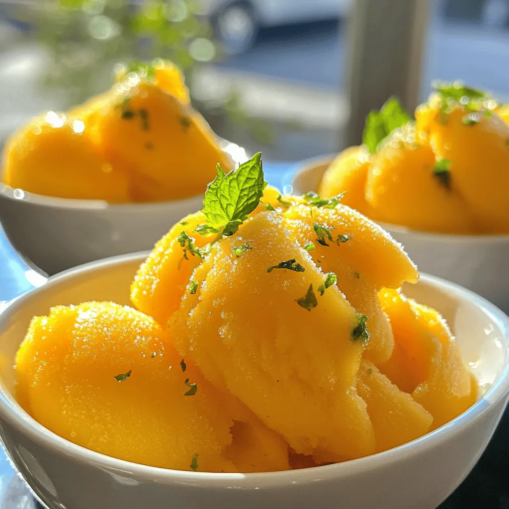 To make mango sorbet, you need simple ingredients. Here’s what you will need: - 3 ripe mangoes, peeled and diced - 1/2 cup coconut water - 1/4 cup freshly squeezed lime juice - 1/4 cup agave syrup or honey (adjust based on sweetness preference) - Pinch of sea salt - Fresh mint leaves for garnish These ingredients work together to create a refreshing treat. The ripe mangoes give the sorbet its sweet and fruity flavor. Coconut water adds a nice touch of tropical taste. Lime juice brings a hint of tartness to balance the sweetness. Using fresh mangoes makes a big difference. Fresh mangoes are sweet and juicy, which enhances the final product. Choose mangoes that are ripe but not overripe. They should yield slightly when you press them. If fresh mangoes are not available, frozen mangoes can work too. They are picked and frozen at peak ripeness, so they still have good flavor. Just make sure to thaw them before use. You can customize the sweetness of your mango sorbet. Agave syrup is a great choice, as it blends well. Honey is another option, adding a nice flavor. You can also explore other sweeteners, like maple syrup or stevia. Adjust the amount based on your taste. If you prefer a less sweet sorbet, reduce the sweetener. This way, you can enjoy the true flavor of the mangoes. For the complete recipe, check out the [Full Recipe]. To start, you need ripe mangoes. Look for mangoes that give slightly when you press them. This means they are ready to eat. Use a sharp knife to peel the mangoes. After peeling, cut them into small, even pieces. This helps them blend better. You can use three ripe mangoes for this recipe. The more ripe they are, the sweeter your sorbet will taste. Next, you will blend the mangoes. Place the diced mangoes in a blender. Add half a cup of coconut water. This adds a nice flavor and helps the mangoes blend smoothly. Then, pour in a quarter cup of fresh lime juice. This gives your sorbet a tangy kick. Add a quarter cup of agave syrup or honey for sweetness, plus a pinch of sea salt. Blend everything until it is completely smooth. If you want a sweeter taste, add more sweetener and blend again. After blending, pour the mango mixture into a shallow dish. Cover it with plastic wrap and put it in the freezer. Let it freeze for about two hours. When you see the edges starting to freeze, take it out. Use a fork to scrape the mixture. Scraping helps make your sorbet light and fluffy. Return it to the freezer for three to four hours. Remember to scrape every hour. This will give you a perfect texture. Once ready, let it sit out for a few minutes before serving. This will make scooping easier. Enjoy your tropical bliss mango sorbet as a delightful treat for any occasion! To make great mango sorbet, you need ripe mangoes. Look for mangoes that feel soft when you press them gently. They should have a sweet aroma. If they are hard, they need more time to ripen. You can leave them at room temperature for a few days. Once ripe, keep them in the fridge to slow down the ripening. This way, you can have perfect mangoes ready for your sorbet. Not everyone likes the same level of sweetness. Start with a small amount of agave syrup or honey. Blend your mixture and taste it. If it’s not sweet enough, add a bit more. Blend again and taste. Repeat until it’s just right for you. Remember, the sweetness can change once frozen, so it’s okay for it to be a bit sweeter before freezing. You can add fun flavors to your mango sorbet. Consider adding a splash of coconut milk for creaminess. A bit of fresh ginger can give it a nice kick. You might also try a hint of vanilla extract for warmth. Fresh mint leaves can add a refreshing touch. Feel free to experiment and find what you love. The Full Recipe has room for your creativity! {{image_2}} You can make a fun twist on mango sorbet. Just swap the agave syrup for a fruit puree. Try mixing in some blended berries or peaches. This adds color and flavor. You get a vibrant rainbow sorbet that everyone will love. It’s dairy-free and vegan, so it fits many diets. Use my full recipe to guide you. Mango sorbet is tasty on its own, but blending it with other fruits is great. Pineapple, banana, and coconut work well. They add more tropical vibes. Just mix them with mango in the blender. The result is a fruity explosion. You can also try adding a splash of orange juice for extra zest. This blend will give you a refreshing treat. Herbs and spices can change your sorbet game. Fresh mint or basil can add a bright note. Just chop them finely and blend them into your mixture. For a spicy kick, add a pinch of cayenne pepper or ginger. This creates a fun contrast with the sweetness of the mango. Try different combinations to find what you like best. To keep your mango sorbet fresh, freeze it right. Use an airtight container to avoid ice crystals. Leave some space at the top as the sorbet expands when frozen. If you like, you can also use a shallow dish. This helps it freeze faster and makes scooping easier later. After you scoop out your mango sorbet, cover it tightly. Use plastic wrap or a lid to keep air out. This helps maintain its creamy texture. If you have a lot left, consider dividing it into smaller portions. This way, you can enjoy it later without refreezing the whole batch. Mango sorbet can last in the freezer for about one month. After that, it may lose flavor and texture. Check for signs of spoilage. If you see ice crystals forming on top, it might be time to toss it. If it smells off or has a strange color, don’t eat it. Always trust your senses! Serve mango sorbet in bowls or cups. You can also use fun glasses for a party. Garnish each serving with a fresh mint leaf. This adds color and a nice smell. For extra flair, add a slice of lime on the rim. Enjoy it cold on a hot day. Everyone loves a refreshing treat like this! Yes, you can make mango sorbet without an ice cream maker! Just use a blender or food processor. Blend the mangoes and other ingredients until smooth. Pour the mixture into a shallow dish. Freeze it for about two hours. When it starts to freeze, mix it with a fork every hour. This helps make it light and fluffy. Mango sorbet can be healthy! It has natural sugars from the mangoes. Mangoes are high in vitamins A and C. They also have fiber, which is good for digestion. Coconut water adds hydration and potassium. Sweeteners like honey or agave can be adjusted for your needs. So, it can be a tasty, guilt-free treat! Mango sorbet is easy and fun to make. We covered essential ingredients, techniques, and tips. You can choose fresh or frozen mangoes and adjust sweetness as you like. Don’t forget to explore fun variations, like adding herbs or mixing in other fruits. Store it well to keep it fresh longer. With these steps, you can enjoy a tasty treat that’s healthy and unique. Dive in, get creative, and savor every spoonful of your homemade mango sorbet!