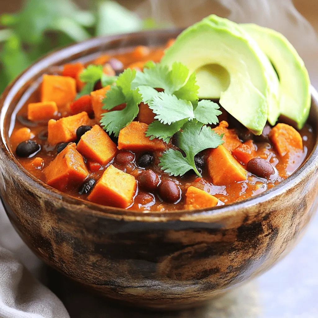 - 2 medium sweet potatoes, peeled and diced - 1 can (15 oz) black beans, rinsed and drained - 1 can (15 oz) kidney beans, rinsed and drained - 1 can (15 oz) diced tomatoes (with juices) - 1 onion, diced - 3 cloves garlic, minced - 1 red bell pepper, diced - 2 cups vegetable broth - 2 tablespoons chili powder - 1 teaspoon ground cumin - 1 teaspoon smoked paprika - 1/2 teaspoon cayenne pepper (optional, for heat) - Salt and pepper to taste When I make Vegan Sweet Potato Chili, I love using these fresh and hearty ingredients. Sweet potatoes give a nice depth to the dish. They add a sweet flavor and creamy texture. The black and kidney beans pack it with protein, making it filling. I always use ripe tomatoes, as they bring a juicy tang. Onions and garlic add a great base flavor. The red bell pepper gives a nice crunch and sweetness. Plus, the vegetable broth helps everything blend well. Now, let’s talk about spices. Chili powder gives it warmth, while cumin adds a smoky note. Smoked paprika enhances the flavor too. If you want a kick, cayenne pepper is your friend, but you can skip it if you prefer mild. This recipe is easy to adjust. You can add more spices or change the beans. You can find the full recipe at the end. Enjoy cooking! - Step 1: Heat 1 tablespoon of olive oil in a large pot over medium heat. Add 1 diced onion. Cook until the onion is translucent, about 4-5 minutes. - Step 2: Add 3 minced garlic cloves and 1 diced red bell pepper. Cook for another 2-3 minutes until fragrant. - Step 3: Now, add 2 medium sweet potatoes, peeled and diced. Sauté for about 5 minutes, stirring often. Add 2 tablespoons of chili powder, 1 teaspoon of ground cumin, 1 teaspoon of smoked paprika, and 1/2 teaspoon of cayenne pepper if you like heat. Stir well to coat the sweet potatoes with spices. Cook for 2 more minutes. - Step 4: Pour in 1 can of diced tomatoes (with juices) and 2 cups of vegetable broth. Bring the mixture to a boil. - Step 5: Reduce the heat to low. Cover the pot and let it simmer for about 20-25 minutes, or until the sweet potatoes are tender. - Step 6: Stir in 1 can of rinsed black beans and 1 can of rinsed kidney beans. Cook for an additional 5 minutes to heat through. Season with salt and pepper to taste. Serve hot, garnished with fresh cilantro and optional avocado slices. For the full recipe, check the [Full Recipe]. Enjoy your cooking! - Ensure sweet potatoes are evenly diced for uniform cooking. - Adjust spice levels to your taste by varying cayenne pepper. When cooking, I always make sure to cut the sweet potatoes into even pieces. This helps them cook at the same rate, so some don't turn mushy while others stay hard. If you like it spicy, add more cayenne pepper. If you prefer mild, use less or skip it altogether. - Best served with fresh cilantro. - Optional avocado slices for garnish. Presentation matters! I love to top my chili with fresh cilantro. It adds color and a nice flavor. Avocado slices also make a great garnish. They add creaminess and balance the heat. - Add more vegetables like corn or zucchini. - Experiment with different beans or grains. You can really make this chili your own. Try adding corn for sweetness or zucchini for texture. Different beans like chickpeas or lentils can change the taste too. You can even mix in grains like quinoa for added nutrition. Explore and have fun with it! For the complete recipe, check out the [Full Recipe]. {{image_2}} You can change up the beans in your chili. Chickpeas or lentils work great as substitutes. They add a nice texture and flavor. Using different beans can really change the taste. Try pinto or cannellini beans for a new twist. Mixing beans creates a fun, colorful dish. Each type brings its own unique flavor. Do you want a milder chili? Use less cayenne pepper. You can also skip it altogether. For more heat, add more cayenne or try jalapeños. You can mix in spices like crushed red pepper or chipotle powder for a smoky flavor. Taste as you go to find your perfect heat level. This helps you get the flavor just right. If you have non-vegan guests, suggest toppings like cheese or sour cream. These add a creamy texture and rich flavor. You can also serve the chili with cornbread or tortilla chips. These options make it fun for everyone. If you want to cater to omnivores, consider adding cooked ground meat. This can make your dish more filling for different eaters. After you make vegan sweet potato chili, let it cool. Store it in an airtight container. This chili lasts up to 5 days in the fridge. Make sure to label it with the date. This helps you keep track of how fresh it is. If you want to save some chili for later, freezing is a great option. Use freezer-safe containers or bags. Leave some space in the container, as the chili will expand while freezing. The chili stays good for up to 3 months in the freezer. When you're ready to eat, thaw it in the fridge overnight. Reheat it on the stove or in the microwave until hot. Stir it well to heat evenly. Batch cooking vegan sweet potato chili makes meal prep easy. You can double or triple the recipe for extra servings. Divide it into individual portions and store them in the fridge or freezer. On busy days, just grab a container and reheat it. It’s a quick meal that is both hearty and tasty! You can serve this chili with several great sides. Here are some ideas: - Cornbread for a sweet touch - Brown rice for a hearty base - Fresh salad for a crisp bite - Tortilla chips for a crunchy contrast - Avocado slices for creaminess Each side adds a unique flavor and texture to the meal. You can mix and match based on your mood or what you have on hand. Yes, you can use a slow cooker for this chili. Here’s how: 1. Sauté the onion, garlic, and bell pepper in a pan first. This builds flavor. 2. Add all ingredients to the slow cooker, including sautéed veggies. 3. Cook on low for 6-8 hours or high for 3-4 hours. 4. Stir in the beans during the last 30 minutes of cooking. This method makes the chili even more flavorful as it simmers slowly. Leftovers are easy to store. Here are some tips: - Let the chili cool before storing. - Use an airtight container to keep it fresh. - It lasts in the fridge for 5 days. - For longer storage, freeze it for up to 3 months. When reheating, add a splash of broth or water to keep it moist. Yes, this chili is quite healthy! Here are some benefits: - Sweet potatoes provide fiber and vitamins. - Beans add protein and iron. - Tomatoes are rich in antioxidants. - The spices can boost your metabolism. Each ingredient offers health benefits, making this dish both tasty and nutritious. Making this chili is quick and easy. Here’s the time breakdown: - Prep time: 15 minutes - Cook time: 30 minutes - Total time: 45 minutes You can enjoy a warm bowl of Vegan Sweet Potato Chili in no time! For the full recipe, check out the earlier sections. In this blog post, we explored a simple and tasty vegan sweet potato chili. We covered ingredients like sweet potatoes, beans, and spices, along with step-by-step instructions for cooking. You learned tips for perfecting your dish and creative variations to keep it exciting. This chili is not just a meal; it’s a chance to enjoy healthy ingredients and customize to your taste. So, gather your ingredients and enjoy a warm bowl of goodness soon!