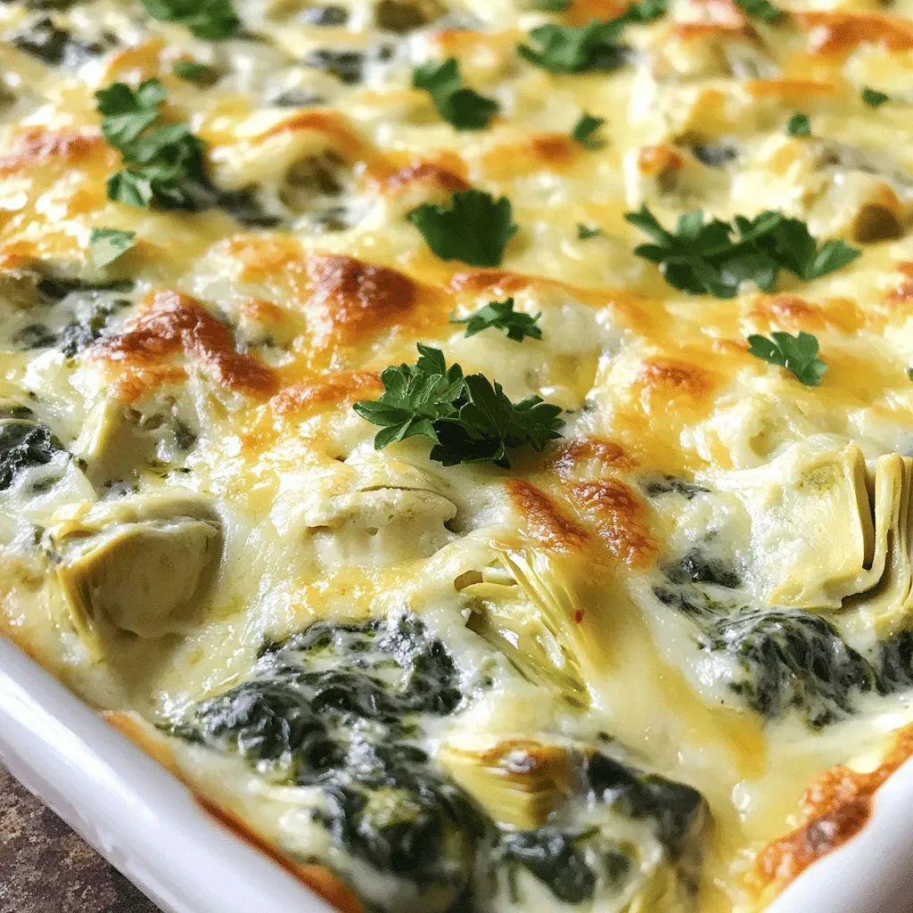 To make this tasty dip, you need: - 1 cup frozen spinach, thawed and well-drained - 1 can (14 oz) artichoke hearts, drained and chopped - 1 cup cream cheese, softened - 1/2 cup sour cream - 1/2 cup mayonnaise - 1 cup shredded mozzarella cheese - 1/2 cup grated Parmesan cheese - 2 cloves garlic, minced - 1/2 teaspoon red pepper flakes (adjust to taste) - Salt and pepper to taste - Fresh parsley, chopped for garnish You can swap items based on your needs. Use Greek yogurt instead of sour cream for a tangy twist. For a lighter option, try low-fat cream cheese. If you want a vegan dip, use cashew cream and dairy-free cheese. You can also replace artichokes with roasted red peppers for a different flavor. Pick fresh spinach if you can. Look for vibrant green color and no wilting. Choose artichoke hearts in water or brine for the best taste. When buying cheeses, go for block cheese and shred it yourself for better texture. Fresh garlic adds more flavor than jarred. Always taste your ingredients; they should be fresh and flavorful. To start, gather your ingredients. You need frozen spinach, artichoke hearts, cream cheese, sour cream, mayonnaise, mozzarella cheese, Parmesan cheese, garlic, red pepper flakes, salt, and pepper. First, preheat your oven to 350°F (175°C). In a bowl, mix the softened cream cheese, sour cream, and mayonnaise. Blend these until they are smooth and creamy. Then, add minced garlic, red pepper flakes, salt, and pepper. Stir well to spread the flavors. Next, fold in the chopped artichokes and thawed spinach. Make sure everything is mixed evenly. Finally, stir in most of the shredded mozzarella and grated Parmesan cheese. Keep a little mozzarella for later. Now, it's time to bake! Transfer your creamy dip mixture into a baking dish. Spread it out evenly. Top it with the reserved mozzarella cheese. Bake in your preheated oven for 25-30 minutes. You want it to be bubbly and golden brown on top. Once it’s done, take it out of the oven. Let it cool for a few minutes before serving. This helps the flavors settle and makes it easier to scoop. For a visual guide, you can find helpful videos online that show the step-by-step process. Watching how the dip comes together can make it easier. Plus, seeing the final result can inspire you! For the full recipe, check the link provided. Enjoy making this tasty dip! To make your dip extra creamy, use softened cream cheese. This helps blend it smoothly. The key is to mix the cream cheese, sour cream, and mayonnaise well. If you want it even creamier, add more cream cheese or sour cream. Don't rush; take your time to mix. You can also try blending the ingredients in a food processor. This gives a silky texture. For some heat, add red pepper flakes. Start with 1/2 teaspoon and taste. You can always add more. If you want less spice, skip the red pepper flakes. For a milder flavor, try adding more cheese or sour cream. You can also use fresh herbs like basil or chives for a nice flavor that isn’t spicy. Serve your dip warm with crunchy tortilla chips or toasted baguette slices. Fresh veggies like carrots and celery also work well. For a twist, try serving it in a bread bowl. Garnish with fresh parsley for a pop of color. If you want to impress, pair it with a nice wine or a homemade cocktail. This dip is perfect for parties or cozy nights in. Enjoy! {{image_2}} To make a lighter version of this dip, you can swap some ingredients. Use Greek yogurt instead of sour cream and mayonnaise. This change cuts calories and adds protein. You can also use low-fat cream cheese. This keeps the dip creamy while reducing fat. Another option is to use fresh spinach instead of frozen. Fresh spinach has fewer calories and adds a bright flavor. Cheese is key for a rich taste. You can change it up by using different types. Try goat cheese for a tangy twist, or use cheddar for a sharper flavor. You can also add a touch of smoked paprika for a hint of smokiness. If you like heat, toss in jalapeños or diced green chilies. These small changes can make your dip unique and exciting. This dip pairs well with many foods. Tortilla chips are great for a crunchy bite. You can also serve it with pita chips for a lighter option. Fresh veggies like carrot sticks or cucumber slices add a healthy crunch. For a fun twist, try it with toasted bread or crostini. Each option brings a different taste and texture to your creamy spinach and artichoke dip. For the full recipe, check out the earlier section. To keep your Creamy Spinach and Artichoke Dip fresh, store it in an airtight container. Make sure to let it cool before sealing. This will prevent moisture from building up inside the container. If you have a lot left, divide it into smaller portions. This makes it easy to grab just what you need later. Creamy Spinach and Artichoke Dip can last about 3 to 5 days in the fridge. Make sure to check for any signs of spoilage before using it. If it looks or smells off, it is best to throw it away. Always label the container with the date you made it. This simple step helps you keep track of its freshness. When reheating your dip, do it slowly to keep the texture smooth. You can use the microwave or oven. If using the microwave, heat it in short bursts of 30 seconds. Stir in between to ensure even heating. If using the oven, preheat it to 350°F (175°C) and heat for 15-20 minutes. Cover the dish with foil to prevent it from drying out. Enjoy your creamy dip warm! For the full recipe, check out the Creamy Spinach and Artichoke Delight! Yes, you can make the dip ahead of time. Prepare the dip and place it in a baking dish. Cover it with plastic wrap and store it in the fridge. When you're ready to serve, bake it as directed. This makes hosting easier. The flavors will blend well when chilled. Yes, there is a vegan version. For this, replace cream cheese with a vegan cream cheese. Use a plant-based sour cream and mayonnaise. You can also use nutritional yeast for a cheesy flavor. Many stores sell these substitutes. This way, everyone can enjoy this tasty dip! You can freeze this dip. Place it in an airtight container before freezing. It can stay fresh for about two months. When ready to eat, thaw it in the fridge overnight. Reheat it in the oven until warm. This makes it easy to enjoy later! For the complete recipe, check out the Full Recipe. Creamy Spinach and Artichoke Dip is tasty and versatile. You learned about ingredient choices, step-by-step prep, and helpful tips. Adjust flavors to your liking and try different variations. Remember to store leftovers properly for the best taste later. This dip is great for parties or cozy nights at home. Use the ideas from this post to create a memorable dish. Enjoy your cooking adventure!