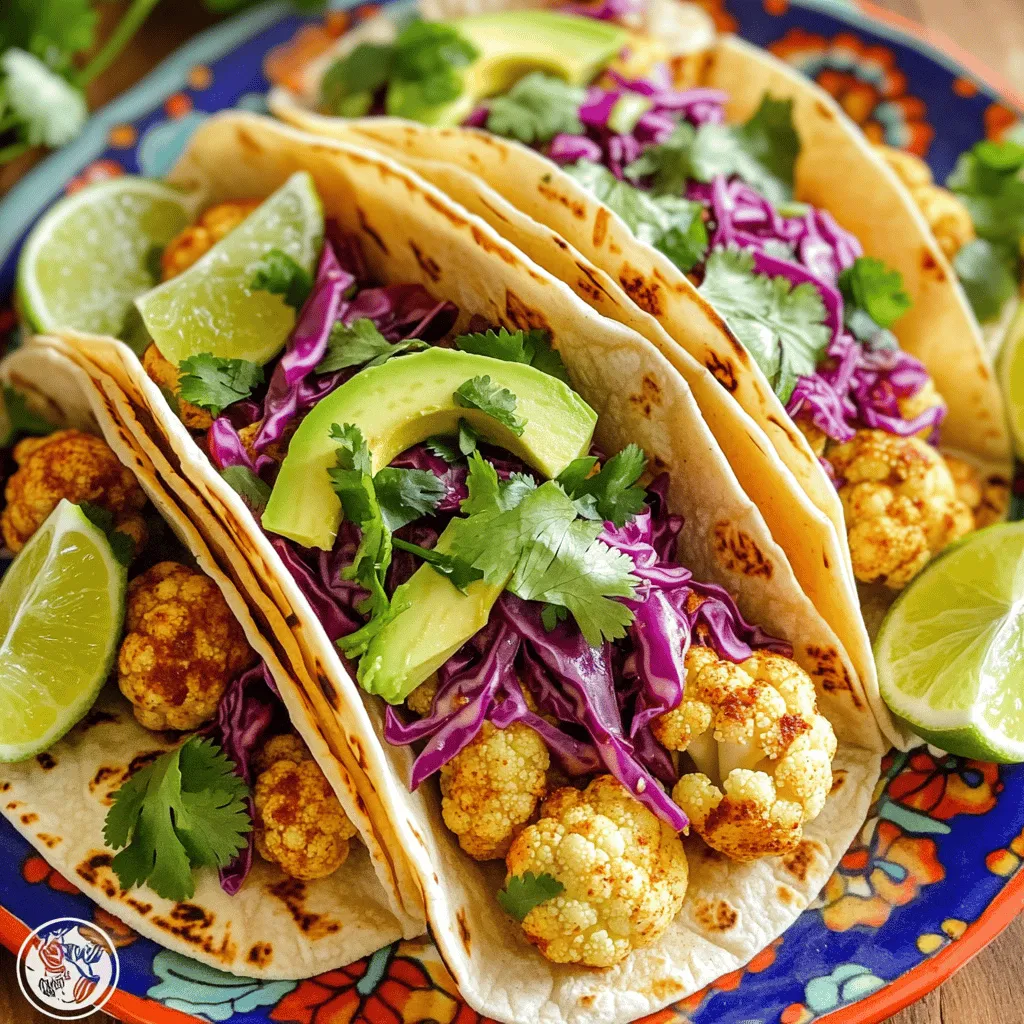 To make these tasty tacos, you'll need: - 1 medium head of cauliflower, cut into small florets - 1 tablespoon olive oil - 8 small corn tortillas Cauliflower acts as the star here. It adds a nice texture and flavor. The olive oil helps the spices stick and adds richness. The corn tortillas provide a perfect base for your tacos. Flavor is key in these tacos. You’ll use: - 1 teaspoon chili powder - 1 teaspoon cumin - 1 teaspoon smoked paprika - Salt and pepper to taste Chili powder brings heat, cumin adds depth, and smoked paprika gives a tasty twist. Adjust salt and pepper to fit your taste. Toppings bring your tacos to life. Consider these: - 1 cup red cabbage, finely shredded - 1 ripe avocado, sliced - 1/2 cup fresh cilantro, chopped - 1 lime, cut into wedges - Optional: Vegan sour cream or yogurt for topping Red cabbage adds a crunch, while avocado offers creaminess. Fresh cilantro gives a bright flavor. Lime adds a zesty kick. For extra creaminess, add vegan sour cream. For the full recipe, you can refer to the main recipe section. Enjoy making your Vegan Cauliflower Tacos! Start by cutting your cauliflower into small florets. This size helps them cook evenly. Place the florets in a large bowl. Add one tablespoon of olive oil. Then, sprinkle one teaspoon each of chili powder, cumin, and smoked paprika on top. Don't forget to add salt and pepper to taste. Mix everything well so each piece is coated. This step is key to getting great flavor in your tacos. Preheat your oven to 425°F (220°C). Line a baking sheet with parchment paper to prevent sticking. Spread the seasoned cauliflower florets out on the sheet. Make sure they are in a single layer. This helps them roast evenly. Bake for 25-30 minutes, stirring halfway through. You want them tender and golden brown. The smell will fill your kitchen, and you will know they are ready. While your cauliflower roasts, warm your corn tortillas in a skillet. Heat them for about 30 seconds on each side. This makes them soft and easy to fold. Once your cauliflower is ready, take the tortillas off the heat. Place a generous amount of roasted cauliflower on each tortilla. Top them with finely shredded red cabbage and slices of ripe avocado. Finish with fresh cilantro for a burst of flavor. Serve your tacos with lime wedges on the side. A drizzle of vegan sour cream or yogurt adds a creamy touch. For the full recipe, check out the details above! To get the best texture, start with fresh cauliflower. Cut it into small, even florets. This helps them cook evenly. Toss the florets with olive oil and spices. Make sure each piece gets coated well. Roasting them on high heat helps them become crispy. Stir halfway through cooking for even browning. When done, they should be tender and slightly crispy. Spices bring your tacos to life. Use chili powder for heat and depth. Cumin adds a warm, earthy flavor. Smoked paprika gives a nice smokiness that pairs well with cauliflower. Don't forget to season with salt and pepper. Taste as you go. Adjust the spices to match your taste. Serve your tacos on warm corn tortillas. Add a layer of red cabbage for crunch. Sliced avocado adds creaminess and healthy fats. Chopped cilantro freshens the dish. A squeeze of lime juice brightens the flavors. For a creamy touch, consider vegan sour cream. For a full guide, check out the Full Recipe. {{image_2}} You can mix it up with other veggies. Try using bell peppers, sweet potatoes, or zucchini. Each adds different flavors and textures. Add black beans for protein or corn for sweetness. You can even use mushrooms for a meaty bite. Just season them like the cauliflower for a delicious taste. If you want a change from corn tortillas, use whole wheat or spinach tortillas. These options give more nutrients and flavor. You can even try lettuce wraps for a low-carb option. They are fresh and crunchy. Just make sure they hold all the tasty fillings! Sauces can take your tacos to the next level. Try a zesty lime crema made from vegan yogurt and lime juice. You can also use a spicy chipotle sauce for a kick. If you like sweet, mix avocado with lime for a creamy dressing. These sauces add flavor and moisture, making each bite better. For the complete recipe, check out the Full Recipe. To keep your Vegan Cauliflower Tacos fresh, store them in an airtight container. Place any leftover roasted cauliflower, tortillas, and toppings in separate containers. This helps prevent sogginess. You can keep them in the fridge for up to three days. When you’re ready to eat the leftovers, reheat the cauliflower in the oven. Set your oven to 350°F (175°C) and heat for about 10 to 15 minutes. This keeps the cauliflower crispy. You can also warm the tortillas in a skillet for a few seconds on each side. If you want to freeze your tacos, it’s best to freeze the cauliflower separately. Place it in a freezer-safe bag or container. It will last for up to three months. When you’re ready to use it, thaw the cauliflower in the fridge overnight. Reheat as mentioned before. Enjoy your tasty Vegan Cauliflower Tacos anytime! For the full recipe, check out the complete guide. Yes, you can make Vegan Cauliflower Tacos ahead of time. Roast the cauliflower and store it in the fridge. Keep the tortillas and toppings separate. When you're ready to eat, warm the tortillas and add the roasted cauliflower. This way, your tacos stay fresh and tasty. Cauliflower is low in calories and high in fiber. It helps with digestion and keeps you full. It is also rich in vitamins C and K. These vitamins boost your immune system and support bone health. Plus, cauliflower is a great source of antioxidants, which fight free radicals in your body. To make cauliflower tacos gluten-free, use corn tortillas. Corn tortillas are naturally gluten-free, unlike wheat tortillas. Just ensure your toppings and sauces are also gluten-free. Check labels for hidden gluten in sauces or dressings. Enjoy your delicious and safe Vegan Cauliflower Tacos! For the full recipe, check out the details above! You learned how to make delicious vegan cauliflower tacos from start to finish. We covered the key ingredients, the step-by-step cooking process, and expert tips for the best taste. You also discovered tasty variations and storage tips to enjoy later. These tacos are not just healthy; they are fun to make and share. Experiment with different flavors and toppings to find your favorite mix. Now, it’s time to gather your ingredients and enjoy a meal that’s both tasty and nourishing!