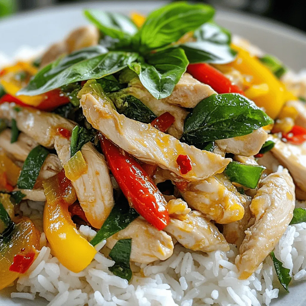 To make Spicy Thai Basil Chicken, gather these key ingredients: - 1 lb chicken breast, thinly sliced - 4 cloves garlic, minced - 2-3 red Thai chilies, finely chopped (adjust to taste) - 1 bell pepper, sliced (any color) - 1 cup fresh Thai basil leaves These ingredients create a savory and fragrant dish. Use these oils and sauces for flavor: - 2-3 tablespoons vegetable oil - 2 tablespoons soy sauce - 1 tablespoon fish sauce - 1 tablespoon oyster sauce - 1 teaspoon sugar These add depth and richness to the dish. For garnishing, consider these options: - Extra Thai basil leaves - Slices of red chili - Lime wedges These will enhance your dish's presentation and taste. For the complete recipe, see the Full Recipe section. Start by gathering your ingredients. You need: - 1 lb chicken breast, thinly sliced - 2-3 tablespoons vegetable oil - 4 cloves garlic, minced - 2-3 red Thai chilies, finely chopped - 1 bell pepper, sliced - 1 cup fresh Thai basil leaves - 2 tablespoons soy sauce - 1 tablespoon fish sauce - 1 tablespoon oyster sauce - 1 teaspoon sugar - Cooked jasmine rice for serving Next, wash and slice the bell pepper. Mince the garlic and chop the chilies. Thinly slice the chicken breast. Make sure you have everything ready. Heat the vegetable oil in a large skillet or wok on medium-high heat. Once the oil is hot, add the minced garlic and chopped chilies. Sauté for about 30 seconds. The garlic should be fragrant. Then, add the sliced chicken to the skillet. Cook it for about 5-7 minutes. Stir often until the chicken is no longer pink. After the chicken cooks through, stir in the sliced bell pepper. Sauté for an additional 2 minutes. Now, mix the soy sauce, fish sauce, oyster sauce, and sugar in a small bowl. Pour this sauce over the chicken and bell pepper. Stir well to coat everything. Finally, add the fresh Thai basil leaves. Stir them in until they wilt, which takes about 1 minute. Remove the skillet from heat. Make sure the oil is hot enough before adding the garlic. This will prevent the garlic from burning. When cooking the chicken, ensure you stir it often. This helps it cook evenly. If you want more heat, add extra chilies. Adjust the number based on your spice preference. For a vibrant dish, use red and yellow bell peppers. They add color and sweetness. Serve the Spicy Thai Basil Chicken over jasmine rice. This dish is best enjoyed hot. For the full recipe, refer back to the main section. Enjoy your cooking! To adjust spice levels, start with less chili. You can always add more. If you want it milder, remove the seeds from the chilies. You can also substitute with green bell pepper. This keeps the dish colorful without the heat. Fresh ingredients are key for flavor. Use fresh Thai basil for a fragrant taste. Fresh garlic and chilies add a punch. Don’t skip on the quality of sauces, either. They help to build depth in each bite. Avoid overcooking the chicken. It should stay juicy and tender. Don’t add the basil too soon; it wilts fast. Also, make sure your pan is hot before cooking. This helps seal in the juices. Follow the Full Recipe for better results. {{image_2}} You can make Spicy Thai Basil Chicken with different proteins. Try ground turkey or pork for a twist. Shrimp adds a nice seafood flavor. Just remember, adjust cooking times for each protein. Chicken cooks fast, while shrimp takes only a few minutes. For a vegetarian take, use tofu or tempeh. Both soak up flavors well. Press the tofu first to remove extra water. Then cube it for a nice bite. For a vegan option, be sure to swap fish sauce. Use soy sauce or mushroom sauce instead. Adjust the heat to fit your taste. Use fewer chilies for a milder dish. You can also add sweet bell peppers to balance the spice. For a unique flavor, try adding lime juice or zest. Fresh ginger can add a great zing too. For the full recipe, check out the complete instructions above. After you finish your Spicy Thai Basil Chicken, let it cool. Place leftovers in an airtight container. Store them in the fridge for up to three days. Make sure to separate the rice if you have any leftover. This keeps it from getting soggy. To reheat, use a skillet over medium heat. Add a splash of water or oil to keep it moist. Stir frequently until the chicken is hot. You can also use the microwave. Heat it in short bursts until warm, stirring in between. If you want to save it for later, freeze the chicken. Place it in a freezer-safe container. It stays good for up to three months. When ready to eat, thaw it in the fridge overnight. Reheat as mentioned above. Enjoy your meal just like the first time! You can find the full recipe above. You can serve Spicy Thai Basil Chicken with jasmine rice. Rice soaks up the sauce well. You could also add a side of steamed vegetables. Broccoli or green beans work great. For extra crunch, try a fresh salad. A cucumber salad adds a nice crispness. You might also enjoy some spring rolls on the side. They make a fun appetizer before the main dish. Yes, you can make this recipe in advance. Cook the chicken and store it in the fridge. It stays fresh for about three days. Reheat it in a skillet or microwave. If you make it early, the flavors deepen overnight. Just remember to add the basil right before serving. This keeps it fresh and bright. Traditional Spicy Thai Basil Chicken can be quite spicy. Red Thai chilies pack a punch. You can adjust the spice level to your taste. Start with one chili for a milder dish. Add more if you want extra heat. Many people love the spicy kick, but it’s all about your preference. Enjoy finding your perfect balance! In this blog post, we explored how to make Spicy Thai Basil Chicken. We covered essential ingredients, cooking methods, and ways to adjust spice levels. You learned tips to enhance flavor and avoid common mistakes. We also discussed variations with different proteins and veggie substitutes. Lastly, we went over storage tips for leftovers. Enjoy experimenting with the recipe and making it your own. Every step you take adds to your skills in the kitchen. Happy cooking!