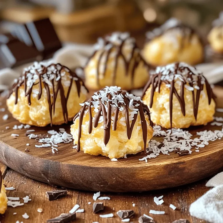 - 3 cups shredded sweetened coconut - 1 cup sweetened condensed milk - 2 large egg whites Coconut macaroons are simple yet delicious. The main star is the shredded sweetened coconut. It gives the cookies their chewy texture and sweet flavor. The sweetened condensed milk acts like glue, binding the coconut together. The egg whites add fluffiness and lightness to the mix. - 1 teaspoon pure vanilla extract - 1/4 teaspoon almond extract - 1/4 teaspoon salt - 1 cup semi-sweet chocolate chips (for drizzling) You can make these cookies even more special. Adding vanilla extract deepens the flavor. Almond extract adds a nutty twist that many love. A pinch of salt balances the sweetness. If you like chocolate, drizzle melted chocolate on top for a tasty finish. For the full recipe, check out the detailed instructions above. First, preheat your oven to 325°F (165°C). This is key for even baking. While it heats, line a baking sheet with parchment paper. This helps the cookies not stick and makes cleanup easy. In a large mixing bowl, combine three cups of shredded sweetened coconut and one cup of sweetened condensed milk. Add one teaspoon of pure vanilla extract and a quarter teaspoon of almond extract. Mix these well until the coconut is fully coated. This mixture will be the base of your cookies. In a separate bowl, whisk two large egg whites and a quarter teaspoon of salt until soft peaks form. You can use a hand mixer or a stand mixer for this. Once the egg whites are fluffy, gently fold them into the coconut mixture. Be careful not to overmix; we want to keep the airiness of the egg whites. Using a tablespoon or a small cookie scoop, drop mounds of the mixture onto the prepared baking sheet. Space them about one inch apart to allow room for spreading. Bake the cookies in your preheated oven for about 20 to 25 minutes. They should be lightly golden around the edges. Once baked, remove the cookies from the oven. Allow them to cool on the baking sheet for five minutes before moving them to a wire rack. This cooling step is important. While the macaroons cool, melt one cup of semi-sweet chocolate chips in a microwave-safe bowl. Heat in 30-second intervals, stirring until smooth. Drizzle the melted chocolate over the cooled macaroons for a delightful finish. For the complete recipe, refer to the Full Recipe section. To make your coconut macaroons fluffy, focus on the egg whites. Whip them until soft peaks form. This adds air and lightness. Use a stand mixer or a hand mixer for best results. Next, fold the whipped egg whites gently into your coconut mixture. This step is key. Overmixing can deflate the egg whites, leading to dense cookies. Be gentle and mix just until combined. Baking time is crucial for achieving the perfect crunch. Keep an eye on your macaroons as they bake. Aim for a light golden color around the edges. This usually takes about 20 to 25 minutes at 325°F (165°C). If you notice the tops browning too quickly, you can lower the oven temperature slightly. Presentation matters! Arrange your macaroons on a lovely platter. For a special touch, sprinkle some shredded coconut on top or add chocolate shavings. These little details elevate the look. Pair your macaroons with coffee, tea, or a glass of cold milk. The flavors blend well, making for a delicious treat. For a full recipe, check out the [Full Recipe]. {{image_2}} To make chocolate-dipped macaroons, you'll first need to cool your cookies completely. Once cooled, melt 1 cup of semi-sweet chocolate chips in a microwave-safe bowl. Heat in 30-second bursts, stirring each time until smooth. Dip the bottom of each macaroon into the melted chocolate. Let the excess chocolate drip off. Place the dipped macaroons on parchment paper to set. You can also drizzle more chocolate on top for a fancy touch! If you want gluten-free macaroons, you are in luck! This recipe is already gluten-free. The main ingredients are coconut, sweetened condensed milk, and egg whites. Just make sure to check your sweetened condensed milk label to ensure no hidden gluten. Feel free to enjoy these treats without worry! You can add fun flavors to your macaroons too! Try using different extracts like coconut, orange, or even mint. You can also mix in nuts, dried fruits, or chocolate chips. These additions can change the taste and make each batch unique. Just remember to keep the main ingredients the same to ensure they bake well. Experiment and have fun with your flavors! To store your baked coconut macaroons, use an airtight container. Glass or plastic containers work well. Place a piece of parchment paper between layers to prevent sticking. Keep them at room temperature for up to a week. If you want them to last longer, consider refrigeration. Freezing is a great way to keep your macaroons fresh. First, let them cool completely. Then, place them on a baking sheet and freeze for about one hour. After they freeze, transfer them to a freezer bag. Remove as much air as possible. Frozen macaroons can last for up to three months. To reheat your macaroons, preheat your oven to 300°F (150°C). Place the macaroons on a baking sheet. Heat for about 5 to 10 minutes. This will help them regain their crispness. If you want to keep them soft, microwave them for just a few seconds. Enjoy them warm for the best taste! For the complete recipe, check out the Full Recipe. Coconut macaroons are simple to make. The main ingredients are: - 3 cups shredded sweetened coconut - 1 cup sweetened condensed milk - 2 large egg whites - 1 teaspoon pure vanilla extract - 1/4 teaspoon almond extract - 1/4 teaspoon salt - Optional: 1 cup semi-sweet chocolate chips for drizzling These ingredients come together to create a chewy, sweet treat that melts in your mouth. Coconut macaroons can last about 1 week when stored properly. Keep them in an airtight container at room temperature. This helps them stay fresh and chewy. For longer storage, consider freezing them. They can last up to 3 months in the freezer. Just thaw them at room temperature when you're ready to enjoy. Yes, you can make coconut macaroons without egg whites. Instead, use an extra 1/4 cup of sweetened condensed milk as a binding agent. This will help hold the mixture together. The texture will be different, but they will still taste great. You can find premade coconut macaroons at many grocery stores and bakeries. Look for brands like Baked in Brooklyn or Manischewitz. Local bakeries often have fresh options too. Check your nearby shops for a delicious treat. Macaroons and macarons are not the same. Macaroons are chewy cookies made with coconut. They are often sweet and dense. Macarons, on the other hand, are delicate meringue cookies made with almond flour. They have a light and airy texture and are usually filled with cream or ganache. Each treat has its own special charm! You learned how to make delicious coconut macaroons. We covered all the key ingredients and steps needed. From mixing to the baking process, each step ensures a tasty treat. Remember tips for perfect texture and serving ideas for special occasions. Explore fun variations like chocolate-dipped or gluten-free options. Proper storage keeps your macaroons fresh and ready to enjoy. With these techniques, you'll master coconut macaroons and impress everyone. Happy baking!