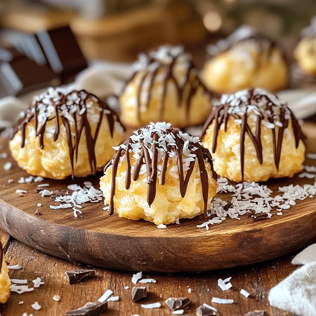 - 3 cups shredded sweetened coconut - 1 cup sweetened condensed milk - 2 large egg whites Coconut macaroons are simple yet delicious. The main star is the shredded sweetened coconut. It gives the cookies their chewy texture and sweet flavor. The sweetened condensed milk acts like glue, binding the coconut together. The egg whites add fluffiness and lightness to the mix. - 1 teaspoon pure vanilla extract - 1/4 teaspoon almond extract - 1/4 teaspoon salt - 1 cup semi-sweet chocolate chips (for drizzling) You can make these cookies even more special. Adding vanilla extract deepens the flavor. Almond extract adds a nutty twist that many love. A pinch of salt balances the sweetness. If you like chocolate, drizzle melted chocolate on top for a tasty finish. For the full recipe, check out the detailed instructions above. First, preheat your oven to 325°F (165°C). This is key for even baking. While it heats, line a baking sheet with parchment paper. This helps the cookies not stick and makes cleanup easy. In a large mixing bowl, combine three cups of shredded sweetened coconut and one cup of sweetened condensed milk. Add one teaspoon of pure vanilla extract and a quarter teaspoon of almond extract. Mix these well until the coconut is fully coated. This mixture will be the base of your cookies. In a separate bowl, whisk two large egg whites and a quarter teaspoon of salt until soft peaks form. You can use a hand mixer or a stand mixer for this. Once the egg whites are fluffy, gently fold them into the coconut mixture. Be careful not to overmix; we want to keep the airiness of the egg whites. Using a tablespoon or a small cookie scoop, drop mounds of the mixture onto the prepared baking sheet. Space them about one inch apart to allow room for spreading. Bake the cookies in your preheated oven for about 20 to 25 minutes. They should be lightly golden around the edges. Once baked, remove the cookies from the oven. Allow them to cool on the baking sheet for five minutes before moving them to a wire rack. This cooling step is important. While the macaroons cool, melt one cup of semi-sweet chocolate chips in a microwave-safe bowl. Heat in 30-second intervals, stirring until smooth. Drizzle the melted chocolate over the cooled macaroons for a delightful finish. For the complete recipe, refer to the Full Recipe section. To make your coconut macaroons fluffy, focus on the egg whites. Whip them until soft peaks form. This adds air and lightness. Use a stand mixer or a hand mixer for best results. Next, fold the whipped egg whites gently into your coconut mixture. This step is key. Overmixing can deflate the egg whites, leading to dense cookies. Be gentle and mix just until combined. Baking time is crucial for achieving the perfect crunch. Keep an eye on your macaroons as they bake. Aim for a light golden color around the edges. This usually takes about 20 to 25 minutes at 325°F (165°C). If you notice the tops browning too quickly, you can lower the oven temperature slightly. Presentation matters! Arrange your macaroons on a lovely platter. For a special touch, sprinkle some shredded coconut on top or add chocolate shavings. These little details elevate the look. Pair your macaroons with coffee, tea, or a glass of cold milk. The flavors blend well, making for a delicious treat. For a full recipe, check out the [Full Recipe]. {{image_2}} To make chocolate-dipped macaroons, you'll first need to cool your cookies completely. Once cooled, melt 1 cup of semi-sweet chocolate chips in a microwave-safe bowl. Heat in 30-second bursts, stirring each time until smooth. Dip the bottom of each macaroon into the melted chocolate. Let the excess chocolate drip off. Place the dipped macaroons on parchment paper to set. You can also drizzle more chocolate on top for a fancy touch! If you want gluten-free macaroons, you are in luck! This recipe is already gluten-free. The main ingredients are coconut, sweetened condensed milk, and egg whites. Just make sure to check your sweetened condensed milk label to ensure no hidden gluten. Feel free to enjoy these treats without worry! You can add fun flavors to your macaroons too! Try using different extracts like coconut, orange, or even mint. You can also mix in nuts, dried fruits, or chocolate chips. These additions can change the taste and make each batch unique. Just remember to keep the main ingredients the same to ensure they bake well. Experiment and have fun with your flavors! To store your baked coconut macaroons, use an airtight container. Glass or plastic containers work well. Place a piece of parchment paper between layers to prevent sticking. Keep them at room temperature for up to a week. If you want them to last longer, consider refrigeration. Freezing is a great way to keep your macaroons fresh. First, let them cool completely. Then, place them on a baking sheet and freeze for about one hour. After they freeze, transfer them to a freezer bag. Remove as much air as possible. Frozen macaroons can last for up to three months. To reheat your macaroons, preheat your oven to 300°F (150°C). Place the macaroons on a baking sheet. Heat for about 5 to 10 minutes. This will help them regain their crispness. If you want to keep them soft, microwave them for just a few seconds. Enjoy them warm for the best taste! For the complete recipe, check out the Full Recipe. Coconut macaroons are simple to make. The main ingredients are: - 3 cups shredded sweetened coconut - 1 cup sweetened condensed milk - 2 large egg whites - 1 teaspoon pure vanilla extract - 1/4 teaspoon almond extract - 1/4 teaspoon salt - Optional: 1 cup semi-sweet chocolate chips for drizzling These ingredients come together to create a chewy, sweet treat that melts in your mouth. Coconut macaroons can last about 1 week when stored properly. Keep them in an airtight container at room temperature. This helps them stay fresh and chewy. For longer storage, consider freezing them. They can last up to 3 months in the freezer. Just thaw them at room temperature when you're ready to enjoy. Yes, you can make coconut macaroons without egg whites. Instead, use an extra 1/4 cup of sweetened condensed milk as a binding agent. This will help hold the mixture together. The texture will be different, but they will still taste great. You can find premade coconut macaroons at many grocery stores and bakeries. Look for brands like Baked in Brooklyn or Manischewitz. Local bakeries often have fresh options too. Check your nearby shops for a delicious treat. Macaroons and macarons are not the same. Macaroons are chewy cookies made with coconut. They are often sweet and dense. Macarons, on the other hand, are delicate meringue cookies made with almond flour. They have a light and airy texture and are usually filled with cream or ganache. Each treat has its own special charm! You learned how to make delicious coconut macaroons. We covered all the key ingredients and steps needed. From mixing to the baking process, each step ensures a tasty treat. Remember tips for perfect texture and serving ideas for special occasions. Explore fun variations like chocolate-dipped or gluten-free options. Proper storage keeps your macaroons fresh and ready to enjoy. With these techniques, you'll master coconut macaroons and impress everyone. Happy baking!