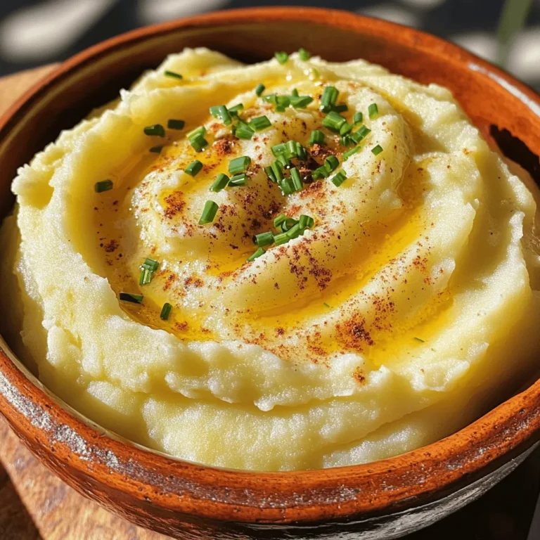 To make creamy garlic mashed potatoes, you need: - 2 pounds Yukon gold potatoes, peeled and cut into chunks - 4 cloves garlic, peeled - 1/2 cup unsalted butter, softened - 1 cup heavy cream (or whole milk) - Salt and black pepper to taste You can add a few extras to make this dish unique: - 1/4 cup fresh chives, finely chopped (for garnish) - 1/4 teaspoon smoked paprika (for a unique twist) Choosing the right potato is key for creamy mashed potatoes. - Yukon Gold: They are buttery and creamy, perfect for mashing. - Russet: These are starchy and yield a fluffy texture. - Avoid waxy potatoes like red potatoes. They do not mash well. To get the best flavor, pick fresh, firm potatoes. Look for smooth skin without blemishes. Store them in a cool, dark place. This keeps them fresh longer. Start by peeling 2 pounds of Yukon gold potatoes. Cut them into chunks. This helps them cook evenly. Next, peel 4 cloves of garlic. Place the potatoes and garlic into a large pot. Cover them with cold water. Add a good pinch of salt to the water. This step enhances the flavor. Bring the pot to a boil over medium-high heat. Once it boils, reduce the heat to medium-low. Let the potatoes simmer for 15-20 minutes. They should be fork-tender when done. This means you can easily poke them with a fork. Drain the potatoes and garlic in a colander. Then, return them to the pot. Add 1/2 cup of softened unsalted butter to the warm potatoes. Let it melt for a few seconds. Using a potato masher, mash the mixture until it becomes smooth and creamy. Gradually pour in 1 cup of heavy cream. Keep mashing until you reach your desired texture. If you want it creamier, add more cream. Season your mashed potatoes with salt and black pepper. Add a sprinkle of smoked paprika for a unique twist. Mix well to blend the flavors. Taste your dish and adjust the seasoning if needed. If you like, fold in 1/4 cup of finely chopped fresh chives for a fresh touch. Serve the mashed potatoes warm. Add a pat of butter on top for a beautiful finish. For the full recipe, check the details provided above. To get the perfect creamy texture in your mashed potatoes, start with Yukon gold potatoes. They have a buttery flavor and smooth texture. When cooking, make sure to boil the potatoes until they are fork-tender. This ensures they mash easily. After draining, return them to the pot while still warm. This helps steam escape and keeps them fluffy. Add softened butter first. It melts quickly and mixes in well. Gradually add heavy cream. If you want it creamier, just add more cream. For more flavor, use fresh garlic and add it to the pot with the potatoes. Roasting the garlic before mashing adds a rich taste. You can also stir in fresh herbs like chives or parsley for a burst of freshness. Smoked paprika gives a nice twist too. This small addition can change the whole dish. Always taste your mashed potatoes before serving. Adjust salt and pepper to make sure the flavors pop. One common mistake is overcooking the potatoes. If they fall apart too much, they can turn gummy. Another mistake is not seasoning enough. Don’t be shy with salt and pepper; they enhance the taste. Using cold butter or cream can also lead to lumps. Always make sure your ingredients are at room temperature. Lastly, avoid using a food processor. It can make your potatoes sticky. Stick to a potato masher for the best texture. For the full recipe, check out the instructions. {{image_2}} You can make your creamy garlic mashed potatoes even better with fun additions. Cheese works great! Try mixing in grated Parmesan or sharp cheddar. They add a rich flavor that melts into the potatoes. Fresh herbs like thyme or rosemary also give a nice touch. Just chop them finely and fold them in at the end. You can even sprinkle some crispy bacon bits on top for a savory crunch! If you want a lighter version, you can make these mashed potatoes dairy-free. Substitute the butter with olive oil or vegan butter. For the cream, use unsweetened almond milk or coconut milk. They still taste creamy and delicious! This way, you enjoy the same great flavor while cutting down on dairy. Switch up the flavor by changing the garlic method. Roasted garlic adds a sweet, mellow taste. To do this, wrap whole garlic cloves in foil and roast them until soft. Then mash them into your potatoes. You can also add flavors like smoked paprika for a hint of spice or a splash of lemon juice for brightness. Each twist makes the dish unique, so feel free to experiment! For the full recipe, check out the earlier section. To keep your creamy garlic mashed potatoes fresh, place them in an airtight container. Make sure to cool the potatoes to room temperature first. This step helps prevent moisture build-up. Store them in the fridge for up to four days. If you want to enjoy them later, freezing is a good option. When you're ready to eat your leftovers, reheat them gently. You can use the stovetop or microwave. For the stovetop, place the mashed potatoes in a pot. Add a splash of milk or cream to keep them creamy. Heat over low heat, stirring often. In the microwave, use a covered dish and heat in short bursts. Stir between each burst to avoid hot spots. You can freeze mashed potatoes for up to two months. To freeze, scoop the cooled potatoes into freezer bags. Remove as much air as possible before sealing. Label the bags with the date. When you're ready to use them, thaw in the fridge overnight. Reheat as mentioned above for best taste and texture. For the full recipe, you can refer to the earlier section. Enjoy your creamy garlic mashed potatoes any time! Yes, you can make these mashed potatoes ahead of time. Prepare them as usual, then store them in an airtight container in the fridge. They will stay fresh for up to three days. When you are ready to serve, reheat them gently on the stove or in the microwave. Add a splash of cream to help bring back the creamy texture. If your mashed potatoes are too runny, don't worry. You can fix them easily. First, try adding more potatoes. Boil and mash a few more Yukon gold potatoes. Mix them in with the runny batch. Another option is to simmer the mashed potatoes on low heat. This method helps to evaporate excess moisture. Always mix well to get a smooth texture. Creamy Garlic Mashed Potatoes pair well with many dishes. Consider serving them with roasted chicken, grilled steak, or baked fish. They also go great with vegetables, like steamed green beans or sautéed spinach. For a hearty meal, try them alongside a rich beef stew. The creamy texture complements these savory dishes nicely. For the full recipe, click here: [Full Recipe]. In this post, we covered how to make Creamy Garlic Mashed Potatoes. We explored the right ingredients, from essential to optional choices. I shared easy steps for preparation and cooking, plus tips to avoid mistakes. You learned about fun variations, from cheesy to dairy-free options. Finally, we went over proper storage and reheating methods. Mastering this dish will impress your guests. Enjoy the perfect side for any meal. Happy cooking!