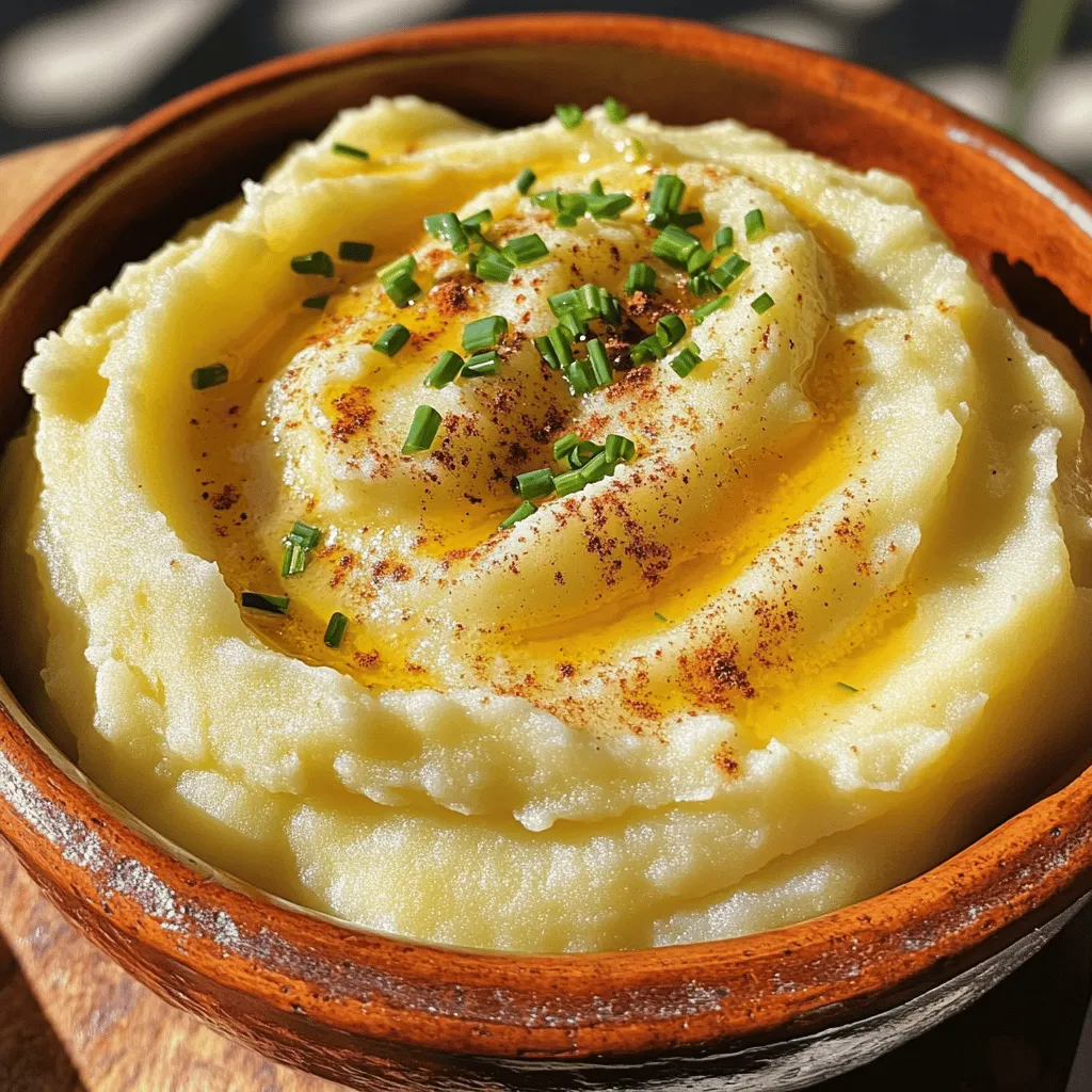 To make creamy garlic mashed potatoes, you need: - 2 pounds Yukon gold potatoes, peeled and cut into chunks - 4 cloves garlic, peeled - 1/2 cup unsalted butter, softened - 1 cup heavy cream (or whole milk) - Salt and black pepper to taste You can add a few extras to make this dish unique: - 1/4 cup fresh chives, finely chopped (for garnish) - 1/4 teaspoon smoked paprika (for a unique twist) Choosing the right potato is key for creamy mashed potatoes. - Yukon Gold: They are buttery and creamy, perfect for mashing. - Russet: These are starchy and yield a fluffy texture. - Avoid waxy potatoes like red potatoes. They do not mash well. To get the best flavor, pick fresh, firm potatoes. Look for smooth skin without blemishes. Store them in a cool, dark place. This keeps them fresh longer. Start by peeling 2 pounds of Yukon gold potatoes. Cut them into chunks. This helps them cook evenly. Next, peel 4 cloves of garlic. Place the potatoes and garlic into a large pot. Cover them with cold water. Add a good pinch of salt to the water. This step enhances the flavor. Bring the pot to a boil over medium-high heat. Once it boils, reduce the heat to medium-low. Let the potatoes simmer for 15-20 minutes. They should be fork-tender when done. This means you can easily poke them with a fork. Drain the potatoes and garlic in a colander. Then, return them to the pot. Add 1/2 cup of softened unsalted butter to the warm potatoes. Let it melt for a few seconds. Using a potato masher, mash the mixture until it becomes smooth and creamy. Gradually pour in 1 cup of heavy cream. Keep mashing until you reach your desired texture. If you want it creamier, add more cream. Season your mashed potatoes with salt and black pepper. Add a sprinkle of smoked paprika for a unique twist. Mix well to blend the flavors. Taste your dish and adjust the seasoning if needed. If you like, fold in 1/4 cup of finely chopped fresh chives for a fresh touch. Serve the mashed potatoes warm. Add a pat of butter on top for a beautiful finish. For the full recipe, check the details provided above. To get the perfect creamy texture in your mashed potatoes, start with Yukon gold potatoes. They have a buttery flavor and smooth texture. When cooking, make sure to boil the potatoes until they are fork-tender. This ensures they mash easily. After draining, return them to the pot while still warm. This helps steam escape and keeps them fluffy. Add softened butter first. It melts quickly and mixes in well. Gradually add heavy cream. If you want it creamier, just add more cream. For more flavor, use fresh garlic and add it to the pot with the potatoes. Roasting the garlic before mashing adds a rich taste. You can also stir in fresh herbs like chives or parsley for a burst of freshness. Smoked paprika gives a nice twist too. This small addition can change the whole dish. Always taste your mashed potatoes before serving. Adjust salt and pepper to make sure the flavors pop. One common mistake is overcooking the potatoes. If they fall apart too much, they can turn gummy. Another mistake is not seasoning enough. Don’t be shy with salt and pepper; they enhance the taste. Using cold butter or cream can also lead to lumps. Always make sure your ingredients are at room temperature. Lastly, avoid using a food processor. It can make your potatoes sticky. Stick to a potato masher for the best texture. For the full recipe, check out the instructions. {{image_2}} You can make your creamy garlic mashed potatoes even better with fun additions. Cheese works great! Try mixing in grated Parmesan or sharp cheddar. They add a rich flavor that melts into the potatoes. Fresh herbs like thyme or rosemary also give a nice touch. Just chop them finely and fold them in at the end. You can even sprinkle some crispy bacon bits on top for a savory crunch! If you want a lighter version, you can make these mashed potatoes dairy-free. Substitute the butter with olive oil or vegan butter. For the cream, use unsweetened almond milk or coconut milk. They still taste creamy and delicious! This way, you enjoy the same great flavor while cutting down on dairy. Switch up the flavor by changing the garlic method. Roasted garlic adds a sweet, mellow taste. To do this, wrap whole garlic cloves in foil and roast them until soft. Then mash them into your potatoes. You can also add flavors like smoked paprika for a hint of spice or a splash of lemon juice for brightness. Each twist makes the dish unique, so feel free to experiment! For the full recipe, check out the earlier section. To keep your creamy garlic mashed potatoes fresh, place them in an airtight container. Make sure to cool the potatoes to room temperature first. This step helps prevent moisture build-up. Store them in the fridge for up to four days. If you want to enjoy them later, freezing is a good option. When you're ready to eat your leftovers, reheat them gently. You can use the stovetop or microwave. For the stovetop, place the mashed potatoes in a pot. Add a splash of milk or cream to keep them creamy. Heat over low heat, stirring often. In the microwave, use a covered dish and heat in short bursts. Stir between each burst to avoid hot spots. You can freeze mashed potatoes for up to two months. To freeze, scoop the cooled potatoes into freezer bags. Remove as much air as possible before sealing. Label the bags with the date. When you're ready to use them, thaw in the fridge overnight. Reheat as mentioned above for best taste and texture. For the full recipe, you can refer to the earlier section. Enjoy your creamy garlic mashed potatoes any time! Yes, you can make these mashed potatoes ahead of time. Prepare them as usual, then store them in an airtight container in the fridge. They will stay fresh for up to three days. When you are ready to serve, reheat them gently on the stove or in the microwave. Add a splash of cream to help bring back the creamy texture. If your mashed potatoes are too runny, don't worry. You can fix them easily. First, try adding more potatoes. Boil and mash a few more Yukon gold potatoes. Mix them in with the runny batch. Another option is to simmer the mashed potatoes on low heat. This method helps to evaporate excess moisture. Always mix well to get a smooth texture. Creamy Garlic Mashed Potatoes pair well with many dishes. Consider serving them with roasted chicken, grilled steak, or baked fish. They also go great with vegetables, like steamed green beans or sautéed spinach. For a hearty meal, try them alongside a rich beef stew. The creamy texture complements these savory dishes nicely. For the full recipe, click here: [Full Recipe]. In this post, we covered how to make Creamy Garlic Mashed Potatoes. We explored the right ingredients, from essential to optional choices. I shared easy steps for preparation and cooking, plus tips to avoid mistakes. You learned about fun variations, from cheesy to dairy-free options. Finally, we went over proper storage and reheating methods. Mastering this dish will impress your guests. Enjoy the perfect side for any meal. Happy cooking!