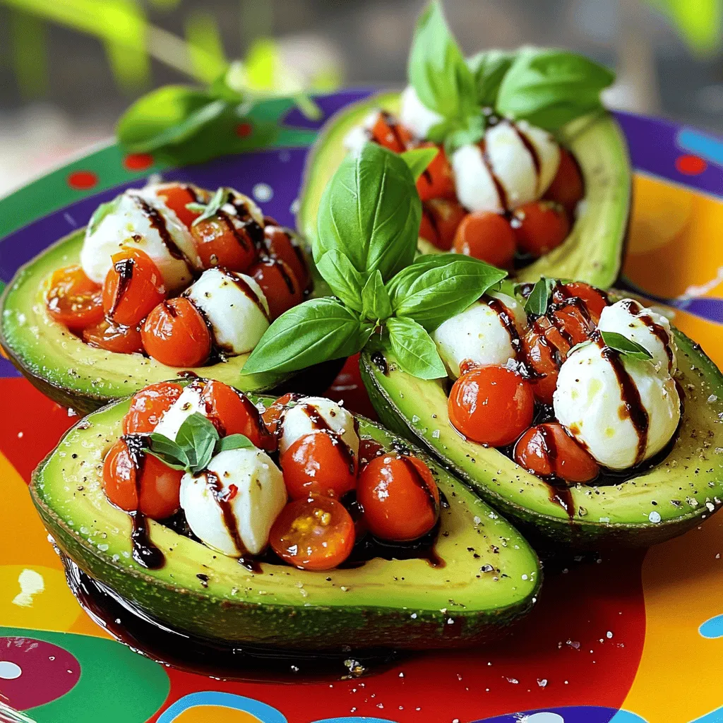 - 2 ripe avocados - 1 cup cherry tomatoes, halved - 1 cup mozzarella balls (bocconcini), drained - 1/4 cup fresh basil leaves, chopped - 2 tablespoons balsamic glaze - 1 tablespoon olive oil - Salt and pepper to taste - Pinch of red pepper flakes (optional) To make Caprese stuffed avocados, you need ripe avocados. Ripe avocados feel slightly soft when you gently press them. Look for dark green to black skin. Avoid any with large dark spots or cracks. When you buy avocados, store them at room temperature until they ripen. Once ripe, you can put them in the fridge to slow down the process. This way, they stay fresh longer. Always check your avocados for ripeness before using them. A good avocado makes this dish shine. For the full recipe, visit the Caprese Stuffed Avocados section. To start, you need to halve the avocados. Cut them lengthwise and twist to separate the halves. Carefully remove the pit with a spoon or knife. Next, create the cavity. Use a spoon to scoop out some flesh from each half. This makes space for the filling but be careful not to break the skin. Set aside the scooped avocado flesh for later use. Now, let’s make the filling. In a medium bowl, combine the halved cherry tomatoes, mozzarella balls, and chopped fresh basil. This mix will bring fresh flavors to the dish. Dice the reserved avocado flesh and add it to the bowl. Gently toss the ingredients together to mix. Drizzle olive oil and balsamic glaze over the mixture. Add salt, pepper, and red pepper flakes if you want a kick. Toss again to blend all the flavors. It’s time to fill the avocado halves. Spoon the Caprese mixture evenly into each avocado half. Make sure to pack it in well. Drizzle a little extra balsamic glaze on top if desired. For a finishing touch, sprinkle with more basil for garnish. This adds a nice pop of color and flavor. Now, enjoy your beautiful and tasty Caprese stuffed avocados! To make the best Caprese stuffed avocados, avoid these common mistakes. First, don’t use overripe avocados. They can get mushy and taste off. Look for avocados that are firm but yield slightly to pressure. Second, don’t skimp on seasoning. A pinch of salt and pepper brings out the flavors. You can also add herbs for extra taste. A little red pepper can add a nice kick, too. Balancing flavors is key. The creamy avocado pairs well with fresh basil and juicy tomatoes. Use high-quality balsamic glaze for a sweet and tangy finish. Olive oil adds richness, so don’t forget it! Always taste your filling before you stuff the avocados. To cut avocados safely, use a sharp knife. Cut the avocado in half and twist to separate. Remove the pit carefully. I like to use a spoon to scoop out the flesh. If you want even slices, make cuts while the avocado is still in the skin. This way, you can scoop out perfect pieces. Always be careful when using a knife. Keep your fingers away from the blade. If you’re not sure, use a safety knife or let someone help you. Caprese stuffed avocados are great on their own but pair well with many sides. Serve them with crusty bread or a fresh salad. A light vinaigrette can complement the meal. For a fun twist, add some grilled shrimp or chicken on the side. For presentation, use a colorful plate. Place whole basil leaves around the edges. This will make your dish pop! Adding a drizzle of balsamic glaze on top adds a nice finish. Enjoy your beautiful and tasty dish! For the full recipe, click here: [Full Recipe]. {{image_2}} You can easily boost the protein in your Caprese stuffed avocados. Grilled chicken works well. Just dice it and mix it into your filling. You can also use shrimp for a seafood twist. Cook the shrimp until they turn pink, then chop them up. If you prefer a plant-based option, try adding tofu. Firm tofu can add a nice texture. Be sure to season it well before mixing. Spices can make your dish even better. Try adding a pinch of garlic powder or smoked paprika for extra depth. You can also switch up the dressings. Instead of balsamic glaze, try a lemon vinaigrette or a pesto drizzle. These choices can change the flavor profile completely. It’s fun to experiment! If you want to keep it vegetarian or vegan, you can swap mozzarella for vegan cheese. Many brands offer tasty options now. For gluten-free needs, this recipe is already safe. Just make sure your dressings do not contain gluten. Enjoy making it your own! To keep your Caprese stuffed avocados fresh, refrigerate them right away. Place them in an airtight container. This method helps prevent browning on the avocado flesh. Use plastic wrap to cover the container tightly. This adds extra protection against air. If you only have one half left, sprinkle lemon juice on it. The acid slows down browning. This way, your leftover avocado stays tasty for another meal. Try to eat your leftovers within one day for the best flavor and texture. You might not need to reheat Caprese stuffed avocados. They taste great cold. If you prefer warm leftovers, use a microwave. Heat on low power for about 15-20 seconds. Check if they are warm enough for your taste. You can also use the leftovers in other dishes. Try adding them to a salad or a wrap. Chop them up and mix with pasta for a quick meal. The flavors blend well with many foods, making them a great addition to your meals. Yes, you can prepare Caprese Stuffed Avocados in advance. To do this, follow these tips: - Prep the filling: You can mix the tomatoes, mozzarella, and basil ahead of time. Store it in an airtight container. - Cut the avocados last: Wait to cut the avocados until just before serving. This keeps them fresh and green. - Add lemon juice: Squeeze a little lemon juice on the avocado flesh to slow browning. - Assemble before serving: Fill the avocados right before you eat. This keeps everything fresh and tasty. If you need a mozzarella substitute, here are some great options: - Feta cheese: It adds a salty and tangy flavor. - Goat cheese: This cheese has a creamy texture and strong taste. - Ricotta cheese: It gives a soft and slightly sweet flavor. - Vegan cheese: There are many plant-based cheeses available. Choose one that melts well if you want a similar texture. Yes, several side dishes pair well with Caprese Stuffed Avocados: - Garlic bread: Crunchy and tasty, it complements the creamy avocados. - Mixed greens salad: A light salad adds freshness to your meal. - Pasta salad: A cold pasta salad can balance the flavors of the avocados. - Grilled vegetables: Roasted or grilled veggies add more color and taste. For the full recipe, check out Caprese Stuffed Avocados. Caprese stuffed avocados are a fun and tasty dish. You learned how to choose ripe avocados, make the filling, and assemble everything perfectly. I shared tips for avoiding common mistakes and how to cut avocados safely. Plus, I covered variations and how to store leftovers. Keep experimenting with flavors and ingredients. This dish can easily fit your style or diet. Enjoy this fresh meal any time you want!