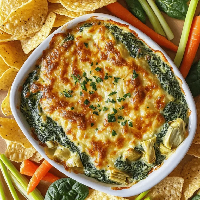 To make this creamy spinach and artichoke dip, gather these items: - 1 cup frozen spinach, thawed and drained - 1 cup canned artichoke hearts, drained and chopped - 1/2 cup cream cheese, softened - 1/2 cup sour cream - 1/2 cup mayonnaise - 1 cup shredded mozzarella cheese - 1/2 cup grated Parmesan cheese - 2 garlic cloves, minced - 1 teaspoon onion powder - Salt and pepper to taste - Red pepper flakes (optional, for heat) You can add a few fun touches to your dip: - Fresh herbs like parsley or basil - A sprinkle of paprika for color - Extra grated Parmesan on top Each ingredient plays a special role: - Spinach gives a fresh taste and rich color. - Artichokes add a unique tang and texture. - Cream cheese makes the dip thick and creamy. - Sour cream and mayonnaise balance flavors and add richness. - Mozzarella melts beautifully, creating a gooey feel. - Parmesan brings a sharp kick that rounds out the dip. - Garlic and onion powder infuse the dip with savory notes. Using these ingredients, you can create a warm and delicious dip that everyone will love. For the full recipe, check out the instructions to make this irresistible delight! Start by preheating your oven to 375°F (190°C). This step is key for a nice bake. In a medium bowl, mix the softened cream cheese, sour cream, and mayonnaise. Blend until it feels smooth. Next, add the minced garlic, onion powder, salt, and pepper. Stir until everything is well mixed. Now, fold in the thawed and drained spinach along with the chopped artichoke hearts. This adds great flavor. Then, toss in the shredded mozzarella and grated Parmesan cheese. If you want some heat, sprinkle in red pepper flakes. Transfer the dip mixture into a baking dish. Spread it evenly for a good bake. Place it in the preheated oven. Bake for about 25 to 30 minutes. Keep an eye on it; the top should turn golden and bubbly. Once done, remove the dish from the oven. Let it cool for a few minutes before serving. This wait helps set the dip a bit more. To get that creamy texture, ensure your cream cheese is soft. If it's too cold, it won’t mix well. Mixing the ingredients thoroughly is also important. You want all the flavors combined. If you like a smoother dip, you can blend the mixture in a food processor. This will give you that velvety feel. When you bake, look for that golden top. It shows the dip is cooked right. For the best serving, warm is the way to go. Pair it with tortilla chips, pita bread, or fresh veggies. This makes for a delightful snack or appetizer. Enjoy every creamy bite! To make your dip even creamier, use full-fat cream cheese. It blends well with the other ingredients. You can also add a bit more sour cream or mayonnaise. This extra fat keeps the dip smooth. If you want a richer flavor, try mixing in some cream. If your dip turns out too thick, add a splash of milk. This helps to loosen it up. If it seems too runny, bake it a bit longer. The heat helps it firm up. Always taste your dip before serving. Adjust salt and pepper to fit your taste. Serve your dip warm for the best taste. Use a nice dish to show it off. I love to garnish with fresh herbs like parsley or basil. Place it in the center of a platter with chips around it. This invites guests to dig in. For added fun, use colorful veggies as dippers. Check out the Full Recipe for more ideas! {{image_2}} You can make this dip lighter without losing flavor. Try using low-fat cream cheese and Greek yogurt instead of sour cream and mayo. These swaps cut fat but keep the dip creamy. You can also add more spinach for extra fiber. Fresh spinach is a great choice if you want to skip frozen. Just sauté it briefly to reduce the water content. Want to kick up the taste? Add a splash of lemon juice for brightness. You can also stir in some sun-dried tomatoes for a twist. For a smoky flavor, try adding smoked paprika. Mixing in fresh herbs like basil or parsley can also elevate your dip. Each of these options can turn your dip into a new delight. To create a vegan version, swap cream cheese for cashew cream or a vegan cream cheese. Use plant-based mayo and yogurt for creaminess. For gluten-free, check that your mayo and any dips you serve are gluten-free. This way, everyone can enjoy this tasty treat without worry. You can still pack in great flavors while meeting dietary needs. To keep your creamy spinach and artichoke dip fresh, store it in an airtight container. Make sure it cools down first. Leftovers can stay good in the fridge for up to three days. When you want a snack, it’s easy to grab and enjoy. When you’re ready to enjoy your dip again, you can reheat it in the oven or microwave. For the oven, set it to 350°F (175°C). Heat for about 15-20 minutes until it warms up and bubbles. If using a microwave, heat in short bursts of 30 seconds, stirring in between, until it’s hot. If you want to save your dip for later, freezing works well. Use a freezer-safe container and leave some space at the top. The dip can last for up to two months in the freezer. When you’re ready to eat, thaw it in the fridge overnight, then reheat it. Enjoy the same great taste as the first time! You can find the full recipe for this delightful dip above. Yes, you can use fresh spinach. Just make sure to wash it well. Cook it in a pan until wilted. This usually takes about 2-3 minutes. After cooking, chop the spinach and drain off any extra water. This helps keep your dip from being too watery. To add heat, sprinkle in red pepper flakes. You can also use diced jalapeños for more kick. Start with a little, then taste. You can always add more if you want it spicier. This way, you control the heat level. This dip pairs well with many things! Serve it warm with tortilla chips or pita bread. Fresh veggie sticks like carrots and celery are great too. You can also use slices of baguette for a fancy touch. It makes a lovely appetizer for any gathering. Yes, you can make this dip ahead of time. Mix all the ingredients and store it in the fridge. Just cover it tightly with plastic wrap. When you’re ready, bake it as directed. It will still taste fresh and creamy. For the best results, use it within 2 days. For the full recipe, check out the detailed steps above. Enjoy making this tasty dip! This blog post covered all you need to make a great dip. We explored the key ingredients and optional garnishes. I shared step-by-step instructions for perfecting your dish. Tips and tricks helped you tackle common issues and enhance flavors. We also discussed variations, storage, and reheating tips. With these insights, you can create a creamy spinach and artichoke dip that wows everyone. Enjoy sharing it at your next gathering!