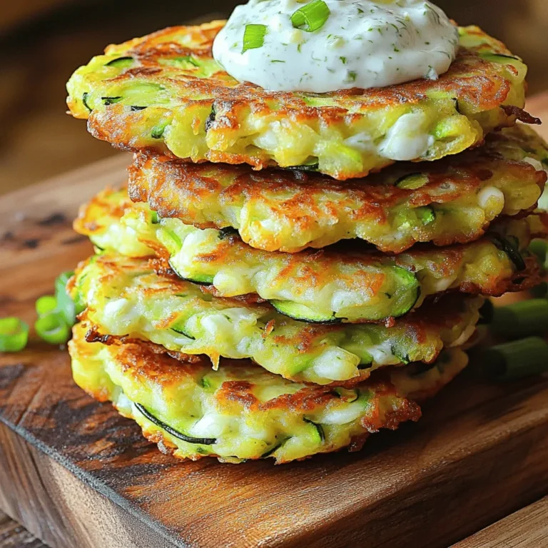 To make savory cheesy zucchini fritters, you need fresh ingredients for the best taste. Here’s what you will need: - 2 medium zucchinis, grated - 1 teaspoon salt - 1/2 cup all-purpose flour - 1/2 cup grated Parmesan cheese - 1/2 cup shredded mozzarella cheese - 2 large eggs - 1/4 cup green onions, finely chopped - 1 teaspoon garlic powder - 1/2 teaspoon black pepper - 1/4 teaspoon cayenne pepper (optional) - Olive oil, for frying Using quality zucchinis makes all the difference. The salt helps draw out moisture, which is key for crispy fritters. The mix of Parmesan and mozzarella cheeses adds rich flavor and gooeyness. Green onions and garlic powder bring out a lovely aroma and taste. You can find the full recipe for the cooking process later in this article. Enjoy the vibrant flavors and textures that these ingredients bring together! First, grate the zucchinis into a large bowl. This helps to create the base for our fritters. Next, sprinkle one teaspoon of salt over the grated zucchini. The salt draws out moisture and makes the zucchini firmer. Let it sit for about 10 minutes. You will notice some water pooling in the bottom of the bowl. After 10 minutes, it's time to wring out the excess moisture from the zucchini. Use a clean kitchen towel or cheesecloth for this step. Squeeze until no more water drips out. This step is important to avoid soggy fritters. Now, in the same bowl, add the flour, Parmesan, mozzarella, eggs, green onions, garlic powder, black pepper, and cayenne pepper if you like heat. Mix everything together until it's well combined. You want a thick, cohesive batter. Now, heat a skillet over medium heat and add a drizzle of olive oil. You need enough oil to coat the bottom of the skillet. Once the oil is hot, scoop the zucchini mixture with a tablespoon. Drop it into the skillet and flatten each scoop slightly. Fry the fritters for about 3-4 minutes on each side. You want them golden brown and crispy. When they are ready, remove them from the skillet. Place them on a paper towel-lined plate to absorb any extra oil. Repeat this process with the remaining mixture, adding more oil as needed. Enjoy your crispy fritters! For the full recipe, check out the details above. To make sure your fritters are crispy, drain the excess moisture from the zucchini. This step is key. Zucchini has a lot of water, so removing it keeps the fritters from getting soggy. After you grate the zucchini, sprinkle it with salt and let it sit for ten minutes. This draws out moisture. Then, use a clean towel to squeeze out as much water as you can. The frying temperature also matters. Heat your skillet on medium heat. If the oil is too hot, the fritters will burn. If it's too cool, they will soak up oil. Aim for a hot, shimmering oil that sizzles when you add the mixture. When serving your fritters, think about dips and sauces. A homemade garlic yogurt sauce is a perfect match. Just mix yogurt with minced garlic and herbs. It adds a cool touch to the warm fritters. You can also serve them with a fresh garden salad. This adds color and crunch to your plate. For presentation, stack the fritters on a wooden board. Drizzle the sauce over the top for a nice look. You can also arrange them in a circle around the salad for a fun display. One common mistake is overcrowding the skillet. If you add too many fritters at once, they will not cook evenly. Leave space between each fritter. This allows them to crisp up nicely. Another mistake is ignoring seasoning levels. Zucchini can be bland, so taste your mixture before frying. Adjust the salt and pepper as needed. A pinch of cayenne can add a nice kick, too. For the full recipe, check out the complete instructions above. {{image_2}} You can spice up your savory cheesy zucchini fritters with fresh herbs. Dill and basil work great. Just chop them finely and mix them in. You could also try adding different cheeses. Feta brings a tangy taste, while cheddar adds sharpness. Feel free to experiment with flavors that you love. If you need a gluten-free option, try using almond flour or chickpea flour instead. These options keep the fritters light and tasty. For a vegan version, replace the eggs with flax eggs. Mix one tablespoon of ground flaxseed with three tablespoons of water. Let it sit for five minutes to thicken. This swap works well and keeps your fritters together. You can enjoy these fritters as a main dish by pairing them with a salad or roasted veggies. They also shine in wraps. Just add them to a tortilla with some greens and your favorite sauce. This way, you get a tasty, portable meal that everyone will love. Check out the Full Recipe for more details on how to make these delicious fritters. For best results, place leftover fritters in an airtight container. Make sure they cool down first. This keeps them fresh and prevents sogginess. Store them in the fridge. They should stay good for about 3 days. If you need them for later, freezing is a great option. To reheat your fritters, the oven works best. Preheat it to 350°F (175°C). Place the fritters on a baking sheet. Heat them for about 10 minutes. This keeps them crispy. If you use a microwave, they may become soft. If you must use it, put them on a plate and heat for 30 seconds. Check and heat more if needed. To freeze fritters, let them cool completely. Place them in a single layer on a baking sheet and freeze for 1 hour. Then transfer them to a freezer bag. This saves space. They can last for up to 3 months. To thaw, take them out and let sit in the fridge overnight. Reheat in the oven for the best texture. For more details, check out the Full Recipe. To keep zucchini fritters crispy, moisture control is key. Start by grating the zucchinis. Sprinkle them with salt and let them sit for 10 minutes. This draws out excess moisture. Afterward, wring out the zucchini in a clean towel or cheesecloth. The drier the zucchini, the crispier your fritters will be. Yes, you can bake zucchini fritters! To do this, preheat your oven to 400°F (200°C). Line a baking sheet with parchment paper. Instead of frying, scoop the mixture onto the sheet, flattening each fritter. Bake for about 20-25 minutes, flipping halfway through. This method may yield a different texture, but it’s a healthier option. These fritters pair well with many sides. Consider serving them with a fresh garden salad. You can also try dipping them in garlic yogurt sauce. A dollop of sour cream or tzatziki adds a nice touch, too. For a heartier meal, serve them with grilled chicken or fish. Zucchini fritters are simple to make and tasty. Start with fresh ingredients and follow the steps. Remember to drain moisture for crispy results. You can mix in flavors or adjust for diet needs. Store leftovers properly to keep them fresh, and reheating them is easy. With these tips, you’ll avoid common mistakes and impress at your next meal. Enjoy creating your perfect zucchini fritters, and let your culinary skills shine!