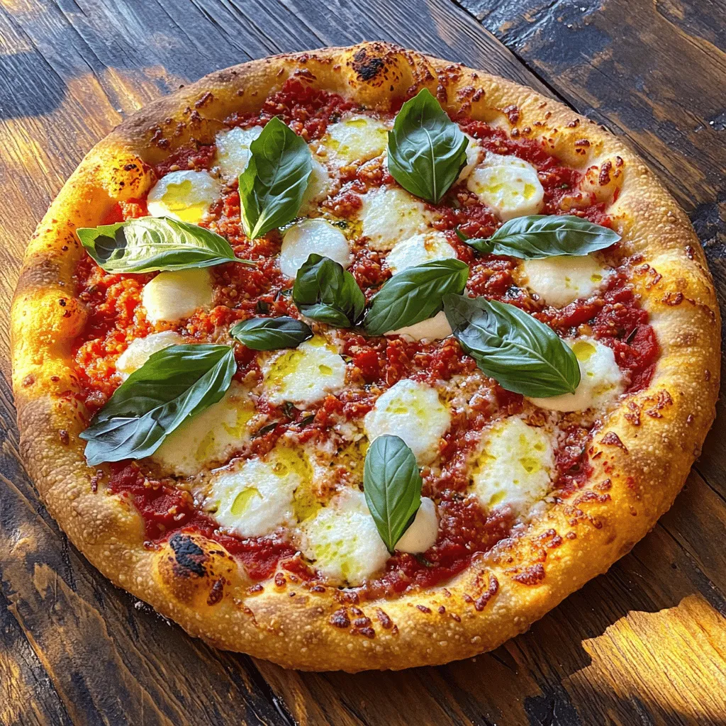 - 2 cups all-purpose flour - 1 cup warm water (110°F) - 2 teaspoons active dry yeast - 1 teaspoon sugar - 1 teaspoon salt - 1 tablespoon olive oil - 1 cup crushed tomatoes (San Marzano preferred) - 1 cup fresh mozzarella cheese, sliced - Fresh basil leaves - Salt and pepper to taste - Extra virgin olive oil for drizzling To make a great Margherita pizza, you need a few key ingredients. Start with all-purpose flour for the dough. Use warm water to help activate the yeast. The yeast, mixed with sugar, creates the perfect rise. Olive oil adds flavor, while salt enhances taste. For toppings, crushed tomatoes and fresh mozzarella are essential. Lastly, fresh basil gives that classic touch. - Types of mozzarella cheese: Look for buffalo mozzarella or fresh cow's milk mozzarella. Buffalo mozzarella is creamier and richer, while cow's milk offers a milder taste. - Choosing the best tomatoes: Opt for San Marzano tomatoes for their sweet flavor and low acidity. If you can't find them, use high-quality canned tomatoes. - Selecting fresh basil: Choose bright green, fragrant basil leaves. They should feel firm and not wilted. Fresh basil brings a lively taste that completes the pizza. Using quality ingredients makes a big difference. They enhance the flavors and create a memorable pizza. For detailed instructions, you can check the Full Recipe. Mixing the yeast and warm water Start by mixing 2 teaspoons of active dry yeast with 1 cup of warm water. Make sure the water is about 110°F. Add 1 teaspoon of sugar to help the yeast grow. Let this sit for about 5 minutes until it gets bubbly. Combining flour and salt In a large bowl, mix 2 cups of all-purpose flour with 1 teaspoon of salt. This adds flavor to your dough. Kneading the dough Pour the yeast mixture into the flour bowl. Add 1 tablespoon of olive oil. Mix it until a dough forms. Then, place the dough on a floured surface and knead for about 8-10 minutes. Your goal is a smooth and elastic dough. First rise duration and conditions Once your dough is kneaded, place it in a greased bowl. Cover it with a damp cloth. Let it rise in a warm spot for about 1 hour or until it doubles in size. How to shape the pizza dough After the dough rises, punch it down gently. Divide it into two pieces. Roll each piece into a ball and let them rest for a few minutes. Then stretch each ball into a 10-12 inch round disk on a floured surface. Preparing the sauce In another bowl, mix 1 cup of crushed tomatoes with salt and pepper. You can add a splash of olive oil for extra flavor if you like. Assembling the toppings Take your stretched dough and place it on a pizza peel or baking tray. Spread a thin layer of the tomato sauce on the dough. Leave a small border for the crust. Add slices of fresh mozzarella and a few basil leaves on top. Baking tips for perfect crust Preheat your oven to its highest temperature, around 475°F to 500°F. If you have a baking stone, place it in the oven to heat up. Bake your pizza for 10-12 minutes. Look for a golden crust and bubbling cheese. Enjoy your delicious homemade Margherita pizza! For the full recipe, check the detailed instructions above. 1. Overworking the dough: Kneading is key, but too much can ruin your pizza. Aim for 8-10 minutes of kneading. Stop when the dough feels smooth and elastic. This way, your crust will stay light and airy. 2. Choosing the wrong oven temperature: A hot oven is crucial for great pizza. Preheat your oven to its highest setting, around 475°F to 500°F. This high heat helps cook the crust quickly and makes it crispy. - Importance of fresh ingredients: Fresh ingredients make a big difference. Use ripe tomatoes, fresh mozzarella, and bright basil. These enhance the taste of your Margherita pizza. They give it that classic, authentic flavor. - Additional herbs and spices: You can boost the taste with a pinch of salt and pepper. For a twist, sprinkle in some dried oregano or crushed red pepper flakes. These add layers of flavor without overpowering your pizza. - Recommended baking stones vs. pizza pans: A baking stone gives you that pizzeria-quality crust. It absorbs heat well and cooks evenly. If you don’t have one, a heavy pizza pan works too but may not be as effective. - Cooking gadgets for homemade pizza: Invest in a pizza peel for easy transfers to the oven. A thermometer is handy to check your oven's heat. If you love pizza, consider a pizza oven for perfect results every time. For the complete recipe, check out the Full Recipe section above. {{image_2}} You can switch up the cheese in a Margherita pizza. While fresh mozzarella is classic, try using burrata for a creamier texture. Goat cheese adds a tangy twist, and provolone offers a sharp flavor. Want to get creative? Add toppings like arugula for a peppery bite or prosciutto for a savory touch. Sliced tomatoes or olives can also enhance the flavors. If you need gluten-free dough, use almond flour or gluten-free all-purpose flour. These options provide good texture without gluten. You can also make a cauliflower crust for a low-carb choice. For a gluten-free diet, make sure all your toppings are certified gluten-free. This includes sauces and cheeses, as some may contain hidden gluten. You can grill or bake your Margherita pizza. Grilling gives it a smoky flavor. Preheat your grill and use a pizza stone to get a crispy crust. Baking is the most common method. Preheat your oven to its highest temperature, usually around 475°F to 500°F. If you have a pizza oven, use it! It cooks the pizza evenly and quickly, creating a perfect crust. Try out these variations to make your Margherita pizza unique and fun! For the classic version, check out the full recipe above. To keep your Margherita pizza fresh, follow these steps: - Best practices for refrigeration: Once you finish your pizza, let it cool. Then, wrap each slice in plastic wrap or foil. Place the wrapped slices in an airtight container. Store them in the fridge for up to 3 days. This method keeps the flavors intact and prevents dryness. - Freezing tips for leftover pizza: If you want to save pizza for later, freeze it. Wrap each slice tightly in plastic wrap. Then, place them in a freezer-safe bag. You can freeze pizza for up to 2 months. When you’re ready to eat, just thaw in the fridge overnight. Reheating your pizza properly is key to enjoying it again. - Effective reheating methods for best texture: The best way to reheat pizza is in a skillet. Heat the skillet over medium heat. Place the slice in the skillet and cover it with a lid. Heat for about 5-7 minutes. This method keeps the crust crisp while warming the cheese. - Avoiding soggy crust when reheating: If you use a microwave, your crust may get soggy. To avoid this, place a cup of water in the microwave with your pizza. This helps maintain moisture in the air, keeping the crust from getting too chewy. Heat for 30 seconds and check if it needs more time. A Margherita pizza has a few key elements. First, it uses a simple base of dough. Next, it features fresh tomato sauce, fresh mozzarella, and basil. This pizza represents the colors of the Italian flag: red, white, and green. The historical significance dates back to 1889. Queen Margherita of Savoy tried this pizza in Naples. The chef made it to honor her. The flavors and colors delighted her, and the pizza became famous. Yes, you can make the dough in advance. Prepare it the night before to save time. After mixing, let it rise and then shape it. Store the dough in a bowl covered with plastic wrap. This keeps it fresh. You can keep it in the fridge for up to three days. Just let it rise again before using. To check if the pizza is done, look for some signs. The crust should be golden brown, and the cheese should be bubbling. You can also lift the edge of the pizza. If it feels firm and crispy, it’s ready. A perfectly baked pizza will smell wonderful too! If you can’t find fresh basil, there are options. You can use dried basil or oregano. Fresh spinach or arugula works well too. These alternatives still add flavor and freshness. Experiment with what you have on hand! Making classic Margherita pizza is simple and rewarding. You need just a few key ingredients and some basic steps. We covered how to make dough, choose quality toppings, and bake for the best results. Remember to keep it fresh and avoid common mistakes for great flavor. In the end, great pizza relies on the right ingredients and methods. Your skills will improve with practice. Enjoy your homemade pizza, and share it with friends!