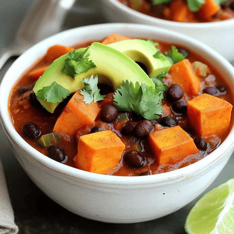 For the best sweet potato and black bean chili, gather these ingredients: - 2 medium sweet potatoes, peeled and diced - 1 can (15 oz) black beans, drained and rinsed - 1 medium onion, diced - 2 cloves garlic, minced - 1 red bell pepper, diced - 1 can (14 oz) diced tomatoes (with juices) - 2 cups vegetable broth - 1 tablespoon chili powder - 1 teaspoon cumin - 1 teaspoon smoked paprika - ½ teaspoon cayenne pepper (adjust to taste) - 1 tablespoon olive oil - Salt and pepper to taste - Fresh cilantro, for garnish - Avocado slices, for serving There are many tasty toppings to enhance your chili: - Sour cream or yogurt for creaminess - Shredded cheese for a savory touch - Lime wedges for a zesty kick - Jalapeño slices for some heat You can easily swap some items if needed: - Use pumpkin instead of sweet potatoes for a twist. - Any canned beans work well; try pinto or kidney beans. - If you lack vegetable broth, water will do. - Use fresh herbs like parsley if cilantro isn’t your favorite. This flavorful chili recipe is a great way to enjoy healthy ingredients. For the full recipe, check out the recipe section. First, gather all your ingredients. You will need: - 2 medium sweet potatoes, peeled and diced - 1 can (15 oz) black beans, drained and rinsed - 1 medium onion, diced - 2 cloves garlic, minced - 1 red bell pepper, diced - 1 can (14 oz) diced tomatoes (with juices) - 2 cups vegetable broth - 1 tablespoon chili powder - 1 teaspoon cumin - 1 teaspoon smoked paprika - ½ teaspoon cayenne pepper (adjust to taste) - 1 tablespoon olive oil - Salt and pepper to taste - Fresh cilantro, for garnish - Avocado slices, for serving Make sure everything is ready. This helps the cooking go smoothly. Start by heating the olive oil in a large pot over medium heat. Once the oil is hot, add the diced onion. Sauté it for about 5 minutes. Wait until it turns translucent. Then, add the minced garlic and diced red bell pepper. Cook these for another 3-4 minutes. The bell pepper should soften. Next, stir in the diced sweet potatoes. Add the chili powder, cumin, smoked paprika, cayenne pepper, salt, and pepper. Mix all the spices well to coat the sweet potatoes. Now, pour in the diced tomatoes and vegetable broth. Stir to combine all the ingredients. Bring this mixture to a boil. Once it boils, reduce the heat to low and cover the pot. Let it simmer for about 25-30 minutes. You want the sweet potatoes to be tender. After that, add the black beans to the pot. Stir gently to mix them in. Allow it to heat through for another 5-10 minutes. Check the seasoning and adjust if needed. Finally, remove the pot from heat. Let the chili sit for a few minutes before serving. To make your chili pop with flavor, use fresh spices. Fresh spices are more fragrant and give a better taste. You can also add a squeeze of lime before serving. This adds a bright note that balances the sweetness of the potatoes. If you want more depth, try toasting the chili powder and cumin in the oil before adding the onion. This boosts their flavor. Serve the chili in bowls, topped with fresh cilantro and avocado slices. A lime wedge on the side can give that final zest. You can follow the full recipe for detailed steps and timing. Enjoy your cooking! To adjust spice levels, start slow. If you like heat, add cayenne pepper. Use only half a teaspoon at first. You can always add more later if needed. For a milder chili, skip the cayenne. Instead, use sweet paprika for flavor without heat. Remember, you control the spice! Meal prepping this chili makes your life easier. Chop all your vegetables ahead of time. Store them in airtight containers in the fridge. You can also make a big batch of chili. It keeps well in the fridge for up to four days. This chili freezes nicely too. Just store in freezer-safe bags or containers. For a thicker chili, mash some of the sweet potatoes. This step adds creaminess and depth. You can also add corn for a sweet crunch. Fresh herbs, like cilantro, brighten the dish. Squeeze fresh lime juice on top before serving for a zesty kick. These tips will take your chili from great to amazing! {{image_2}} You can switch out black beans for other beans. Kidney beans, pinto beans, or chickpeas work well. Each bean adds its own flavor and texture. If you want creaminess, use cannellini beans. Feel free to mix beans to create your own blend. You can add more veggies to boost flavor and nutrition. Corn, zucchini, or carrots can enhance the chili. For a hearty touch, try adding chopped spinach or kale. This gives a fresh taste and bright color to your dish. Just make sure to adjust cooking times to keep veggies tender. Adjust the heat to fit your taste. To make it spicy, add more cayenne pepper. You can also use fresh jalapeños for a kick. If you prefer mild chili, skip the cayenne. Add more sweet potatoes to balance the heat. You can enjoy this chili no matter your spice level. For the full recipe, check out the Spicy Sweet Potato & Black Bean Chili. To keep your Sweet Potato and Black Bean Chili fresh, let it cool first. Once cooled, transfer it to an airtight container. Store it in the fridge for up to five days. Make sure to label the container with the date. This way, you will know how long it has been there. When you're ready to enjoy your leftovers, you can reheat them easily. Pour the chili into a pot over medium heat. Stir it often until it gets hot. You can also use a microwave. Just place the chili in a microwave-safe bowl and cover it. Heat it in 30-second bursts, stirring in between, until warm. If you want to save some for later, freezing is a great option. Allow the chili to cool completely. Then, pour it into freezer-safe bags or containers. Remove as much air as possible to prevent freezer burn. Label the bags with the date. You can freeze the chili for up to three months. To thaw, place it in the fridge overnight before reheating. For the full recipe, check out the Spicy Sweet Potato & Black Bean Chili . Yes, you can make this chili in a slow cooker. Just follow these steps: - Sauté the onion and garlic in olive oil on the stove. - Add all ingredients to the slow cooker. - Cook on low for 6-8 hours or on high for 3-4 hours. This method allows the flavors to blend well. You will still enjoy a rich taste! Yes, this chili is vegan-friendly! It uses only plant-based ingredients. - Sweet potatoes provide great texture and flavor. - Black beans add protein and fiber. - All spices and vegetables are also vegan. You can enjoy this dish without any animal products. This chili is almost gluten-free as it is! Just make sure of a few things: - Check the vegetable broth label to ensure it’s gluten-free. - Use gluten-free spices if you have any concerns. With these small changes, you will have a delicious gluten-free meal! For the full recipe, check out the Spicy Sweet Potato & Black Bean Chili . Enjoy making this dish! You now know how to make delicious Sweet Potato and Black Bean Chili. We covered the ingredients, step-by-step cooking, and clever tips to boost flavor. I shared easy ways to adjust spice levels and suggested various ingredient options. Storage tips ensure your leftovers stay fresh. This chili is versatile and packed with nutrients. Whether you enjoy it mild or spicy, you’ll make a dish that warms hearts. Give it a try and savor the rich flavors!