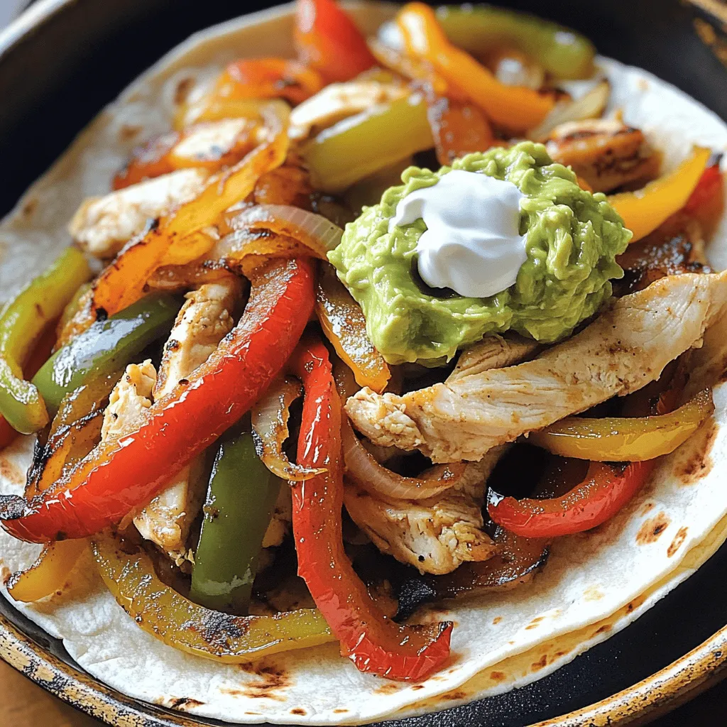 - Chicken and Vegetables - Use 1 lb of chicken breast. Cut it into thin slices. This helps it cook fast. Add 1 sliced bell pepper and 1 sliced onion for crunch and flavor. - Spices and Seasonings - For taste, mix 1 tablespoon of olive oil with 1 teaspoon each of cumin, chili powder, garlic powder, and onion powder. These spices add warmth and depth. Don’t forget salt and pepper to taste. - Tortillas and Toppings - Grab 6 small flour tortillas. These are soft and perfect for wrapping. Choose your favorite toppings like sour cream, guacamole, salsa, or shredded cheese. They add a fun twist to each bite. For the full recipe, check out the details above. First, gather your chicken and spices. In a large bowl, put in 1 pound of thinly sliced chicken breast. Add 1 tablespoon of olive oil. Then, sprinkle in 1 teaspoon each of cumin, chili powder, garlic powder, onion powder, salt, and pepper. Mix everything well. You want the chicken to be fully coated in the spices. This is where the flavor starts! Next, heat a large skillet over medium-high heat. When the skillet is hot, add the marinated chicken. Cook it for about 5 to 7 minutes. Stir it often until the chicken turns brown and is cooked through. After that, add 1 sliced bell pepper and 1 sliced onion to the skillet. Cook for another 3 to 4 minutes. You want the veggies tender and slightly caramelized. While the chicken and veggies are cooking, warm 6 small flour tortillas in another skillet over low heat. You can also warm them in the microwave for about 30 seconds. Once warm, it’s time to serve! Place the chicken and veggie mix onto each tortilla. Top them with your favorite items like sour cream, guacamole, salsa, or shredded cheese. You can roll up the tortillas or serve them open-faced. Enjoy this quick and tasty meal! For the full recipe, check the [Full Recipe] section. To make your chicken fajitas pop, use fresh chicken breast. Thin slices cook faster and stay juicy. Marinate the chicken in spices for at least 30 minutes. This gives it more flavor. Cumin, chili powder, and garlic powder are great choices. If you have time, marinate overnight for the best taste. Bell peppers and onions work best. They add color and crunch. You can use a mix of red and green peppers for a vibrant look. Slice them evenly so they cook at the same rate. If you like heat, add jalapeños. They give a nice kick to your fajitas. Making your own tortillas is easy and fun. You just need flour, water, salt, and oil. Mix the ingredients, knead the dough, and roll it out. Cook the tortillas on a hot skillet for about 1 minute each side. Fresh tortillas add a special touch to your meal. They are soft and perfect for holding all that tasty filling! If you're short on time, use store-bought tortillas for convenience. Check out the Full Recipe for more details. {{image_2}} You can easily make vegetarian fajitas. Just swap the chicken for hearty veggies. Use mushrooms, zucchini, or eggplant. Slice them thin for even cooking. Toss them with the same spices for great flavor. Add black beans or chickpeas for protein. This twist gives a tasty and colorful meal. If you want a change from chicken, try beef or shrimp. For beef, use flank steak or sirloin. Slice it thin and marinate like the chicken. For shrimp, just cook for a few minutes on high heat. Both options cook quickly and taste amazing with the spices. Marinades can change the whole game. Try adding lime juice for a zesty kick. Mix soy sauce with garlic for an Asian twist. You can use yogurt for a creamy marinade. Let the protein soak for at least 30 minutes. This adds depth and makes your fajitas stand out. For the full recipe, check out the detailed instructions. To keep your chicken fajitas fresh, store them in an airtight container. Make sure to separate the chicken and veggies from the tortillas. This helps avoid soggy tortillas later. You can keep them in the fridge for up to three days. If you want to enjoy them later, just follow the next steps for freezing. When you're ready to eat the fajitas again, you can reheat them easily. Use a skillet over medium heat. Add a splash of olive oil and toss in the chicken and veggies. Heat them for about five minutes, stirring often. This keeps the flavors fresh. For the tortillas, warm them in a dry skillet or microwave for 30 seconds. They will be soft and ready to fill. If you want to save fajitas for a longer time, freezing is a great option. Place the chicken and vegetables in a freezer-safe bag. Make sure to remove as much air as possible. You can store them up to three months in the freezer. When you're ready to eat, just thaw them overnight in the fridge. Then, follow the reheating tips to enjoy your tasty meal again. Yes, you can use frozen chicken for fajitas. Just remember to thaw it first. You can do this in the fridge overnight or use the microwave. Once thawed, slice it thinly for even cooking. Using frozen chicken can save time, especially on busy days. To slice chicken, first, make sure it's partially frozen. This makes it firmer and easier to cut. Use a sharp knife for clean slices. Cut against the grain for tender pieces. Aim for thin strips, about 1/4 inch thick. This helps the chicken cook quickly and evenly. To add spice to your fajitas, you can use extra chili powder or add cayenne pepper. Another option is to include sliced jalapeños with your veggies. For a different kick, try using hot salsa or spicy guacamole as toppings. Experiment until you find the heat level you enjoy. Check out the Full Recipe for more tips! You now have a complete guide to making chicken fajitas. We covered all the key ingredients, from chicken to toppings. The step-by-step instructions make the cooking simple. Remember to mix in your special tips and tricks for the best results. Explore variations like vegetarian options or different proteins. Storing and reheating your leftovers ensures you waste nothing. With these insights, you can enjoy tasty fajitas anytime. Happy cooking, and enjoy your delicious creation!
