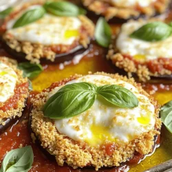 - 2 medium eggplants - 2 cups marinara sauce - 2 cups shredded mozzarella cheese - 1 cup grated Parmesan cheese - 1 cup all-purpose flour - 2 eggs, beaten - 1 cup breadcrumbs - Seasonings (oregano, basil, salt, pepper) - Olive oil spray - Fresh basil leaves for garnish The ingredients for Baked Eggplant Parmesan are simple yet flavorful. You start with two medium eggplants. These will be the star of your dish. The marinara sauce adds rich, tangy flavor. Mozzarella cheese gives it that gooey texture we all love. Parmesan cheese adds a nice salty finish. Next, you need the breading ingredients. All-purpose flour helps the eggplant stick to the egg wash. Beaten eggs coat the eggplant, making it perfect for the breadcrumbs. Breadcrumbs add crunch, and the seasonings enhance the taste. Don’t forget the olive oil spray! It helps the eggplant crisp up in the oven. Finally, fresh basil leaves add a pop of color and fresh flavor when you serve. For the full recipe, check out the previous section. 1. Preheat your oven to 375°F (190°C). 2. Prepare the eggplants: Slice them into ½-inch rounds. 3. Sprinkle salt on the slices. This helps remove moisture. 4. Let the slices sit in a colander for about 30 minutes. 5. Rinse the eggplants with cold water. Pat them dry with paper towels. 6. Set up a breading station: Use three shallow dishes. 7. Place flour in one, beaten eggs in the second, and breadcrumbs in the last. 8. Mix in dried oregano, basil, salt, and pepper into the breadcrumbs. 1. Coat each eggplant slice. 2. First, dip it in flour. Shake off any excess. 3. Next, dip the slice in the beaten eggs. 4. Finally, coat it with the seasoned breadcrumbs. 5. Place the breaded eggplant slices on a baking sheet lined with parchment paper. 1. Spray or drizzle the slices with olive oil. 2. Bake them for 25-30 minutes. Flip them halfway through for even cooking. 3. In a large baking dish, spread a thin layer of marinara sauce on the bottom. 4. Layer half of the baked eggplant slices in the dish. 5. Add half of the marinara sauce on top. 6. Sprinkle half of the mozzarella and Parmesan cheese over that. 7. Repeat these layers with the remaining ingredients. 8. Finish with a final layer of cheese on top. 9. Bake the assembled dish for an additional 25-30 minutes. 10. Look for bubbling cheese and a lightly golden top. 11. Remove from the oven and let it sit for about 10 minutes. 12. Garnish with fresh basil leaves before serving. For the complete details, check the Full Recipe. Enjoy your tasty Baked Eggplant Parmesan! To make crispy eggplant, you need to salt it first. Salting pulls out excess moisture. This step helps the eggplant stay firm and not soggy. Slice the eggplant into ½-inch rounds. Sprinkle salt on both sides. Let them sit for about 30 minutes. Rinse and pat dry with paper towels. This gives you a great texture when baking. You can add spices or herbs to change the flavor. Try red pepper flakes for heat. Italian seasoning gives a nice touch too. Mix these into your breadcrumbs. For the marinara sauce, add a splash of red wine or fresh garlic. This will make your sauce richer and more tasty. Baked Eggplant Parmesan pairs well with a fresh side salad. A simple mix of greens, tomatoes, and a light vinaigrette works great. You can also serve it with crusty bread. For garnishing, add fresh basil leaves on top. A sprinkle of Parmesan or a drizzle of olive oil adds extra flair. You can find the full recipe above for the details! {{image_2}} For a gluten-free option, use almond flour instead of regular flour. You can also use gluten-free breadcrumbs for the breading. This keeps the dish safe for those with gluten sensitivities. If you need a vegan or dairy-free version, swap the cheeses for plant-based ones. Use vegan mozzarella and nutritional yeast for a cheesy flavor. Instead of eggs, you can use a mixture of ground flaxseed and water. This will create a binding effect without using eggs. Cheese plays a big role in the flavor of your dish. While mozzarella is classic, try adding provolone for a smoky taste. You can also mix in some goat cheese for tanginess. For a sharper kick, sprinkle in some aged cheddar. Each cheese brings a new layer of flavor that makes the dish special. Using different sauces can change the whole dish. Instead of marinara, you can try pesto for a fresh twist. Pesto adds a vibrant green color and a nice herby taste. Another option is to use a roasted red pepper sauce for a smoky flavor. Each sauce offers a unique spin on your baked eggplant parmesan. To keep your Baked Eggplant Parmesan fresh, store it in an airtight container. Make sure it cools down to room temperature first. You can refrigerate it for up to four days. If you want to enjoy it later, consider cutting it into portions. This makes it easy to grab a slice when you're hungry. To reheat your eggplant parmesan, use the oven for the best results. Preheat the oven to 350°F (175°C). Place the dish in the oven for about 15-20 minutes. This helps the cheese melt and keeps the eggplant from getting soggy. You can also cover it with foil to avoid over-browning. If you want to freeze Baked Eggplant Parmesan, let it cool completely first. Wrap it tightly in plastic wrap, then in foil. It can stay in the freezer for up to three months. When you’re ready to eat, thaw it overnight in the fridge. Then, reheat in the oven for a warm, tasty meal. Check out the Full Recipe for more details on making this dish! Can I make Baked Eggplant Parmesan ahead of time? Yes, you can prep this dish ahead. Layer the eggplant and sauce in a dish. Cover it tightly and store it in the fridge. You can bake it the next day. Just remember to add a few extra minutes to the baking time. How do I prevent the eggplant from becoming soggy? To keep your eggplant crispy, salt the slices first. Let them sit in a colander for about 30 minutes. Rinse the salt off and pat them dry. This step helps remove excess moisture. Baking them with olive oil also adds to the crispiness. What can I substitute for marinara sauce in this recipe? If you want a change, try pesto or alfredo sauce instead. You can also use a homemade tomato sauce. Any sauce that you love will work well. Just ensure it matches your taste preferences. In this post, we explored making Baked Eggplant Parmesan from scratch. We covered ingredients, step-by-step instructions, and helpful tips. You learned how to prepare and cook eggplant to get it crispy. I also shared ways to personalize your dish with different ingredients and flavors. Now, you can impress friends and family with a delicious meal. Enjoy creating your own version of this classic dish!