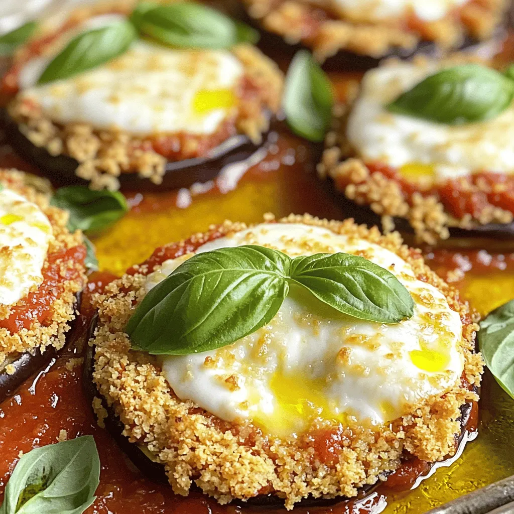 - 2 medium eggplants - 2 cups marinara sauce - 2 cups shredded mozzarella cheese - 1 cup grated Parmesan cheese - 1 cup all-purpose flour - 2 eggs, beaten - 1 cup breadcrumbs - Seasonings (oregano, basil, salt, pepper) - Olive oil spray - Fresh basil leaves for garnish The ingredients for Baked Eggplant Parmesan are simple yet flavorful. You start with two medium eggplants. These will be the star of your dish. The marinara sauce adds rich, tangy flavor. Mozzarella cheese gives it that gooey texture we all love. Parmesan cheese adds a nice salty finish. Next, you need the breading ingredients. All-purpose flour helps the eggplant stick to the egg wash. Beaten eggs coat the eggplant, making it perfect for the breadcrumbs. Breadcrumbs add crunch, and the seasonings enhance the taste. Don’t forget the olive oil spray! It helps the eggplant crisp up in the oven. Finally, fresh basil leaves add a pop of color and fresh flavor when you serve. For the full recipe, check out the previous section. 1. Preheat your oven to 375°F (190°C). 2. Prepare the eggplants: Slice them into ½-inch rounds. 3. Sprinkle salt on the slices. This helps remove moisture. 4. Let the slices sit in a colander for about 30 minutes. 5. Rinse the eggplants with cold water. Pat them dry with paper towels. 6. Set up a breading station: Use three shallow dishes. 7. Place flour in one, beaten eggs in the second, and breadcrumbs in the last. 8. Mix in dried oregano, basil, salt, and pepper into the breadcrumbs. 1. Coat each eggplant slice. 2. First, dip it in flour. Shake off any excess. 3. Next, dip the slice in the beaten eggs. 4. Finally, coat it with the seasoned breadcrumbs. 5. Place the breaded eggplant slices on a baking sheet lined with parchment paper. 1. Spray or drizzle the slices with olive oil. 2. Bake them for 25-30 minutes. Flip them halfway through for even cooking. 3. In a large baking dish, spread a thin layer of marinara sauce on the bottom. 4. Layer half of the baked eggplant slices in the dish. 5. Add half of the marinara sauce on top. 6. Sprinkle half of the mozzarella and Parmesan cheese over that. 7. Repeat these layers with the remaining ingredients. 8. Finish with a final layer of cheese on top. 9. Bake the assembled dish for an additional 25-30 minutes. 10. Look for bubbling cheese and a lightly golden top. 11. Remove from the oven and let it sit for about 10 minutes. 12. Garnish with fresh basil leaves before serving. For the complete details, check the Full Recipe. Enjoy your tasty Baked Eggplant Parmesan! To make crispy eggplant, you need to salt it first. Salting pulls out excess moisture. This step helps the eggplant stay firm and not soggy. Slice the eggplant into ½-inch rounds. Sprinkle salt on both sides. Let them sit for about 30 minutes. Rinse and pat dry with paper towels. This gives you a great texture when baking. You can add spices or herbs to change the flavor. Try red pepper flakes for heat. Italian seasoning gives a nice touch too. Mix these into your breadcrumbs. For the marinara sauce, add a splash of red wine or fresh garlic. This will make your sauce richer and more tasty. Baked Eggplant Parmesan pairs well with a fresh side salad. A simple mix of greens, tomatoes, and a light vinaigrette works great. You can also serve it with crusty bread. For garnishing, add fresh basil leaves on top. A sprinkle of Parmesan or a drizzle of olive oil adds extra flair. You can find the full recipe above for the details! {{image_2}} For a gluten-free option, use almond flour instead of regular flour. You can also use gluten-free breadcrumbs for the breading. This keeps the dish safe for those with gluten sensitivities. If you need a vegan or dairy-free version, swap the cheeses for plant-based ones. Use vegan mozzarella and nutritional yeast for a cheesy flavor. Instead of eggs, you can use a mixture of ground flaxseed and water. This will create a binding effect without using eggs. Cheese plays a big role in the flavor of your dish. While mozzarella is classic, try adding provolone for a smoky taste. You can also mix in some goat cheese for tanginess. For a sharper kick, sprinkle in some aged cheddar. Each cheese brings a new layer of flavor that makes the dish special. Using different sauces can change the whole dish. Instead of marinara, you can try pesto for a fresh twist. Pesto adds a vibrant green color and a nice herby taste. Another option is to use a roasted red pepper sauce for a smoky flavor. Each sauce offers a unique spin on your baked eggplant parmesan. To keep your Baked Eggplant Parmesan fresh, store it in an airtight container. Make sure it cools down to room temperature first. You can refrigerate it for up to four days. If you want to enjoy it later, consider cutting it into portions. This makes it easy to grab a slice when you're hungry. To reheat your eggplant parmesan, use the oven for the best results. Preheat the oven to 350°F (175°C). Place the dish in the oven for about 15-20 minutes. This helps the cheese melt and keeps the eggplant from getting soggy. You can also cover it with foil to avoid over-browning. If you want to freeze Baked Eggplant Parmesan, let it cool completely first. Wrap it tightly in plastic wrap, then in foil. It can stay in the freezer for up to three months. When you’re ready to eat, thaw it overnight in the fridge. Then, reheat in the oven for a warm, tasty meal. Check out the Full Recipe for more details on making this dish! Can I make Baked Eggplant Parmesan ahead of time? Yes, you can prep this dish ahead. Layer the eggplant and sauce in a dish. Cover it tightly and store it in the fridge. You can bake it the next day. Just remember to add a few extra minutes to the baking time. How do I prevent the eggplant from becoming soggy? To keep your eggplant crispy, salt the slices first. Let them sit in a colander for about 30 minutes. Rinse the salt off and pat them dry. This step helps remove excess moisture. Baking them with olive oil also adds to the crispiness. What can I substitute for marinara sauce in this recipe? If you want a change, try pesto or alfredo sauce instead. You can also use a homemade tomato sauce. Any sauce that you love will work well. Just ensure it matches your taste preferences. In this post, we explored making Baked Eggplant Parmesan from scratch. We covered ingredients, step-by-step instructions, and helpful tips. You learned how to prepare and cook eggplant to get it crispy. I also shared ways to personalize your dish with different ingredients and flavors. Now, you can impress friends and family with a delicious meal. Enjoy creating your own version of this classic dish!