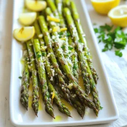 - Fresh asparagus - Olive oil - Garlic To make lemon garlic roasted asparagus, you need fresh asparagus. Choose firm and bright green stalks. Olive oil adds richness and helps the asparagus roast evenly. Garlic gives a wonderful aroma and flavor. Use minced garlic to spread the taste well. - Lemon zest and juice - Sea salt and black pepper - Optional toppings Lemon zest and juice brighten the dish. They add a fresh, tangy taste that pairs well with the asparagus. Sea salt and black pepper bring out the natural flavors. You can add red pepper flakes for a bit of heat. If you want, top with grated Parmesan cheese for a creamy finish. - Mixing bowl - Baking sheet - Parchment paper You'll need a mixing bowl to combine the ingredients. A baking sheet helps the asparagus roast evenly. Lining it with parchment paper keeps the cleanup easy. This setup lets you focus on making a delicious side dish. For the full recipe, check the detailed instructions. Start by trimming the asparagus. Cut off the tough ends, about 1 to 2 inches. This step helps you enjoy the tender parts. Next, preheat your oven to 425°F (220°C). A hot oven gives the asparagus a nice crispy texture. In a large mixing bowl, combine the olive oil, minced garlic, lemon zest, lemon juice, sea salt, black pepper, and red pepper flakes if you want some heat. Whisk these ingredients together until they blend well. This marinade gives the asparagus a fresh and zesty flavor. Add the trimmed asparagus to the bowl. Toss it well so each piece gets coated evenly. Spread the coated asparagus on a baking sheet lined with parchment paper. Make sure they are in a single layer for even cooking. Roast the asparagus in your preheated oven for about 12 to 15 minutes. Keep an eye on them. You want them tender and slightly crispy on the ends. If you choose to use Parmesan cheese, sprinkle it over the asparagus during the last 2 minutes of roasting. This helps it melt and adds a rich flavor. Once done, remove the baking sheet from the oven. Serve the asparagus hot, drizzled with any leftover lemon juice from the bowl for extra zest. For the full recipe, refer to the earlier sections. To get the best roast on your asparagus, know how to tell when it is done. Perfectly cooked asparagus should be bright green and tender, but still crisp. If it bends easily without breaking, it's ready to eat. The thickness of your asparagus affects cooking time. Thin stalks need about 10-12 minutes. Thicker stalks may need 15-18 minutes. Always check for doneness a minute or two early to avoid overcooking. To take your lemon garlic roasted asparagus to the next level, try adding different seasonings. A pinch of smoked paprika can give it a nice kick. You can also sprinkle some fresh herbs like thyme or dill for added freshness. Serving this dish is easy. Pair it with grilled chicken or fish for a lovely meal. You can also toss it onto a salad for a burst of flavor. How you plate your dish can make a big difference. Serve your asparagus on a long platter for a nice visual touch. Drizzle some extra virgin olive oil on top and sprinkle fresh parsley for color. For a fun twist, add lemon wedges on the side. This not only looks good but gives your guests a chance to add more lemon juice. {{image_2}} You can make this dish vegan by skipping the cheese. Nutritional yeast adds a cheesy taste without dairy. If you love cheese, try goat cheese or feta instead of Parmesan. These will add a different flavor and texture. Herbs can enhance the taste of your asparagus. Try adding fresh thyme, rosemary, or dill to the marinade. These herbs have bright flavors that pair well with lemon. You can also switch up the citrus. Try lime or orange juice for a new twist. Lemon garlic roasted asparagus works well with many proteins. Serve it next to grilled chicken, fish, or steak for a balanced meal. You can also chop it and add it to salads. Toss it with mixed greens, cherry tomatoes, and a light vinaigrette for a fresh side dish. For the full recipe, check out the [Full Recipe]. You can store leftover lemon garlic roasted asparagus in the refrigerator. Place it in an airtight container. It will stay fresh for up to three days. If you want to keep it longer, you can freeze it. For freezing, spread the cooked asparagus on a baking sheet. Freeze them for about an hour, then transfer to a zip-top bag. This method helps prevent clumping. When reheating, the oven is best. Set the oven to 350°F (175°C). Place the asparagus on a baking sheet and heat for about 10 minutes. This keeps the texture nice and firm. You can also use the microwave, but be careful. Heat in short bursts to avoid soggy asparagus. You can keep leftovers for about three days in the fridge. After that, the quality might drop. Look for signs of spoilage. If the asparagus smells off or looks slimy, it’s time to toss it. Fresh food is key for great flavor. You can tell asparagus is done when it is bright green and tender. It should be slightly crispy on the ends. Use a fork to poke it; if it goes in easily, it’s ready. Keep an eye on it as it roasts; this usually takes about 12-15 minutes at 425°F (220°C). You want it to keep its shape and not become mushy. Yes, you can make lemon garlic roasted asparagus ahead of time. Roast the asparagus, then let it cool. Store it in an airtight container in the fridge for up to three days. When you're ready to serve it, simply reheat it in the oven for a few minutes. This keeps the flavor fresh and bright. Lemon garlic roasted asparagus goes well with many dishes. Here are a few great matches: - Grilled chicken or fish - Quinoa or rice dishes - Pasta with lemon or garlic sauce - A light salad with vinaigrette dressing These pairings enhance the fresh, zesty taste of the asparagus. For a full recipe, check the Lemon Garlic Roasted Asparagus section. This blog post guided you through making delicious lemon garlic roasted asparagus. We covered essential ingredients, tools, and step-by-step instructions. You learned tips for perfect cooking and explored creative variations to enhance the dish. In closing, try this recipe for a tasty side that shines on any plate. Keep the tips in mind to make the most of your asparagus. Enjoy your cooking adventure and impress your family and friends!