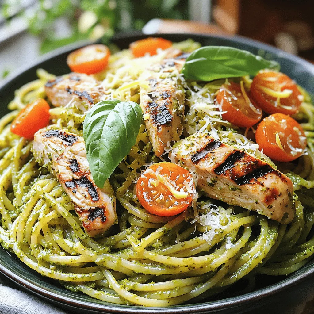 - 300g pasta (spaghetti, fettuccine, or penne) - 2 boneless, skinless chicken breasts - 1 cup fresh basil leaves - 1/4 cup toasted pine nuts - 1/2 cup grated Parmesan cheese - 2 cloves garlic, minced - 1/4 cup extra virgin olive oil - Salt and pepper, to taste - 1 cup cherry tomatoes, halved - Zest and juice of 1 lemon To make this pesto pasta with grilled chicken, you need fresh and high-quality ingredients. I always choose the best pasta I can find. You can use spaghetti, fettuccine, or penne based on your liking. The chicken should be boneless and skinless for easy grilling. Fresh basil is key for the pesto's flavor, so I suggest using it directly from the market or your garden. For the pesto, I love using toasted pine nuts. They add a nice crunch and nuttiness. Grated Parmesan cheese gives the pesto a creamy texture, while garlic adds depth. Extra virgin olive oil makes everything smooth and rich. Don't forget salt and pepper to taste; they bring all the flavors together. The additional ingredients like cherry tomatoes and lemon zest make the dish pop with freshness. Halving the cherry tomatoes allows them to cook quickly and add a juicy burst. The lemon zest and juice brighten the dish, making it taste vibrant. This recipe is not just about taste; it’s about quality. I always aim for the best ingredients to create a flavorful delight. For the full recipe, check out the details outlined earlier. To make the pesto, start with fresh basil leaves. You need about one cup. Add the basil to a food processor. Next, toss in 1/4 cup of toasted pine nuts and 1/2 cup of grated Parmesan cheese. Then, add two minced garlic cloves and a pinch of salt. Pulse this mix until it is finely chopped. Now comes the fun part! With the processor running, slowly add 1/4 cup of extra virgin olive oil. This will help create a smooth and creamy texture. If it’s too thick, add a little more oil. Taste it and adjust salt and pepper as needed. Set your pesto aside for later. For the chicken, start with two boneless, skinless chicken breasts. Season them well with salt and pepper. You can also add your favorite herbs for extra flavor. Heat your grill to medium-high. Once hot, place the chicken on the grill. Cook for about 6-7 minutes on each side. You want the chicken to reach an internal temperature of 165°F. This ensures it is safe to eat. When done, let the chicken rest for a few minutes before slicing. Now, let’s cook the pasta. Boil a large pot of salted water. Once boiling, add 300g of your pasta choice—spaghetti, fettuccine, or penne. Cook it according to the package instructions until it is al dente. This means it should be firm but not hard. Before draining, reserve 1/2 cup of the pasta water. This starchy water helps bind your dish. After draining, return the pasta to the pot. Add the pesto and mix well. For extra flavor, sauté 1 cup of halved cherry tomatoes in a bit of olive oil. Toss them in with the pasta and pesto. This adds color and a fresh taste to your dish. For the full recipe, check out the instructions above. Enjoy your flavorful delight! To make your pesto shine, add a secret ingredient: lemon zest. It brightens the flavor. You can also try adding a handful of spinach for extra nutrients. If you have leftover pesto, store it in a jar. Pour a thin layer of olive oil on top to keep it fresh. Seal the jar tightly and place it in the fridge. Use it within a week for the best taste. For juicy chicken, marinate it! A simple mix of olive oil, lemon juice, garlic, and herbs works great. Let it sit for at least 30 minutes. It helps the chicken soak up the flavor. When grilling, use a meat thermometer. Aim for 165°F to ensure it's cooked through. This way, you avoid dry chicken. Pesto pasta pairs well with grilled vegetables. Roasted bell peppers or zucchini enhance the dish. You can also add fresh cherry tomatoes for color and taste. If you have leftovers, store them in an airtight container. They make a quick meal for lunch the next day. Just reheat on the stove or in the microwave. For more ideas, check the Full Recipe. {{image_2}} You can easily make a vegetarian version of this dish. Instead of using chicken, try roasted vegetables. Zucchini, bell peppers, and asparagus work great. Simply chop them up, toss with olive oil, and roast until tender. You can also add protein alternatives like tofu. Just marinate it in some pesto for added flavor. Grill or sauté the tofu until golden brown. If you need a gluten-free option, there are many pasta choices. Look for pasta made from rice, quinoa, or lentils. These options cook well and taste great. Adjust the cooking method by boiling the pasta in salted water as usual. Be sure to check the package for cooking times, as they can differ from regular pasta. Want to take your dish to the next level? Add some sun-dried tomatoes or olives for a burst of flavor. These will give your pasta a unique twist. You can also experiment with different herbs in your pesto. Try adding parsley, cilantro, or even mint for a fresh taste. Each herb adds its own character to the dish. To store leftovers safely, let the dish cool to room temperature. Place the pasta and chicken in an airtight container. You can use glass or plastic containers for better freshness. Seal them well to prevent air from getting in. This helps keep the flavors intact. For freezing, separate the pesto from the pasta and chicken. Place the pasta in one container and the pesto in another. Use freezer-safe bags for easy storage. Freeze them for up to three months. When you're ready to eat, thaw the pesto and pasta in the fridge overnight. Reheat the pasta in a pot with a splash of water. Warm the pesto gently to maintain its flavor. In the fridge, your pesto pasta with grilled chicken stays fresh for about three to four days. Check for signs that the dish has gone bad, like a sour smell or mold. If you see any changes in color or texture, it's best to toss it. Enjoy your meal while it's fresh! To make homemade pesto, you need fresh basil, pine nuts, Parmesan cheese, garlic, and olive oil. Here are the essential steps: - Blend the basil: Start with 1 cup of fresh basil leaves in a food processor. - Add nuts and cheese: Toss in 1/4 cup of toasted pine nuts and 1/2 cup of grated Parmesan cheese. - Mix in garlic: Add 2 cloves of minced garlic for flavor. - Process it: Pulse until finely chopped. - Add oil: With the processor running, slowly pour in 1/4 cup of extra virgin olive oil. - Season: Taste it and add salt and pepper as needed. This method gives you a fresh and vibrant pesto for your pasta. Yes, you can use store-bought pesto. Here are the pros and cons: - Pros: Saves time, consistent taste, and often comes in various flavors. - Cons: May contain preservatives, and the flavor might not match homemade. Using store-bought pesto can still make your dish tasty, but you miss out on the fresh flavor of homemade. You can easily substitute chicken in this recipe. Here are some great options: - Tofu: Firm tofu works well and absorbs flavors nicely. - Chickpeas: Canned or cooked chickpeas can add protein and texture. - Mushrooms: Grilled or sautéed mushrooms bring a rich, umami flavor. These alternatives cater to different dietary needs and still pair well with pesto pasta. This blog post covers everything you need to make a tasty pesto pasta dish. We explored key ingredients like chicken, basil, and pine nuts. I shared clear steps for preparing pesto, grilling chicken, and cooking pasta. You can adapt the dish with fun variations, like vegetarian or gluten-free options. Proper storage tips help keep your leftovers fresh. Remember, cooking can be fun and easy. Enjoy trying these recipes and make them your own!