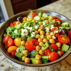 The Mediterranean Chickpea Salad shines with fresh, vibrant flavors. Each ingredient plays a key role. Here’s what you need: - Chickpeas and Legumes - 1 can (15 oz) chickpeas, rinsed and drained - Fresh Vegetables - 1 cup cherry tomatoes, halved - 1 cucumber, diced - 1/2 red onion, finely chopped - 1 bell pepper (red or yellow), diced - 1/4 cup kalamata olives, pitted and sliced - Dressings and Seasonings - 2 tablespoons olive oil - 1 tablespoon red wine vinegar - 1 teaspoon lemon juice - 1 teaspoon dried oregano - Salt and pepper to taste - Optional Toppings - 1/4 cup feta cheese, crumbled - 2 tablespoons fresh parsley, chopped These ingredients create a blend of flavors and textures. The chickpeas add protein, while the veggies bring crunch. The feta cheese adds a creamy touch, and the dressing ties it all together. You can customize this salad with your favorite toppings. For the full recipe, refer to the instructions provided. Enjoy crafting this colorful dish! First, grab a large bowl. Add the rinsed and drained chickpeas. Next, toss in the halved cherry tomatoes, diced cucumber, finely chopped red onion, and diced bell pepper. Finally, add the sliced kalamata olives. This mix brings together bright colors and fresh flavors. In a smaller bowl, whisk together olive oil, red wine vinegar, lemon juice, dried oregano, salt, and pepper. This dressing gives the salad a zesty kick. You can taste it to adjust the flavor if needed. Pour the dressing over your chickpea mixture. Gently toss everything together so the flavors blend well. Now, add the crumbled feta cheese and chopped parsley. Mix carefully to keep the feta intact. Let the salad sit for at least 10 minutes. This resting time helps all the flavors meld together. When it's time to serve, you can use a large bowl or individual plates. For a nice touch, sprinkle a bit more feta and parsley on top. This salad pairs well with pita, grilled meat, or even on its own. It’s a great side dish for any meal! You can find the Full Recipe to guide your cooking process. - Choosing Fresh Ingredients Fresh ingredients make this salad shine. Use ripe cherry tomatoes for sweetness. Pick firm cucumbers and crunchy bell peppers for texture. Fresh parsley adds bright flavor. Always check for quality when you shop. - Adjusting Dressing to Taste The dressing is key to a great salad. Start with the basic recipe. If you like it tangy, add more lemon juice. For a richer flavor, increase the olive oil. Taste as you go. This ensures it suits your preference. - Overmixing the Salad It’s easy to mix too much. Overmixing can break the feta and mush the veggies. Gently toss the salad instead. This keeps the ingredients intact and appealing. - Using Too Much Dressing Less is more when it comes to dressing. Too much can drown the salad. Start with a small amount and add more as needed. This keeps each bite balanced and delicious. For more details on making this dish, check out the Full Recipe. {{image_2}} You can change up your Mediterranean chickpea salad in fun ways. - Protein Additions: Try adding grilled chicken or crispy tofu for extra protein. Chicken gives a savory taste and pairs well with the olives. Tofu is great for a plant-based option. It soaks up the flavors nicely. - Different Cheeses: If feta isn’t your favorite, consider using goat cheese. Its creamy texture adds a rich flavor. You can also try mozzarella for a milder taste. Each cheese brings its own unique twist to the dish. Adding a twist can make the salad even more exciting. - Adding Nuts or Seeds: Toss in some toasted pine nuts or sunflower seeds for crunch. They add great texture and flavor. Nuts also boost the healthy fats in the salad. - Experimenting with Different Herbs: Fresh herbs can transform your dish. Basil, mint, or dill can brighten the flavors. You can mix them in or use them as a garnish. Each herb gives a unique taste and aroma. Feel free to play around with these variations. You can make the Mediterranean chickpea salad your own! For the full recipe, check out the detailed steps above. To keep your Mediterranean chickpea salad fresh, use airtight containers. Glass or plastic containers work well. Make sure they seal tightly to keep air out. This helps prevent spoilage and keeps flavors vibrant. Store your salad in the fridge right after making it. The cold helps maintain the crispness of the veggies. Avoid leaving it at room temperature for long periods. How long does this salad last in the fridge? It can stay fresh for up to three days. After that, the vegetables may start to lose their crunch. Always check for any signs of spoilage before eating. Can you freeze Mediterranean chickpea salad? It’s not the best option. Freezing changes the texture of the veggies. If you want to freeze it, do so without the dressing. Add the dressing when you thaw and serve it. If you can't find chickpeas, try using white beans or black beans. They give a nice texture. You can also use lentils for a softer bite. Each option brings a unique taste to the salad. Yes, you can make this salad ahead. It stays fresh in the fridge for about 2 days. Just keep the dressing separate until you are ready to eat. This keeps the salad crisp and prevents sogginess. Absolutely! This salad is packed with nutrients. Chickpeas provide protein and fiber. The fresh veggies add vitamins and minerals. Plus, healthy fats from olives and olive oil support heart health. It's a balanced meal! The best dressing for this salad is a simple olive oil and vinegar mix. You can use red wine vinegar for a tangy kick. Adding lemon juice and dried oregano enhances the flavor. This dressing ties everything together beautifully. For the full recipe, check out the Mediterranean Chickpea Salad section. In this post, we covered how to create a delicious Mediterranean chickpea salad. You learned about the key ingredients, steps for preparation, and ways to enhance flavor. Remember to choose fresh veggies and avoid overmixing. Try adding proteins like chicken or different cheeses for a twist. Store your salad in the right containers for lasting freshness. This salad is simple, tasty, and healthy, making it a great option for any meal. Enjoy your culinary journey with this easy recipe!