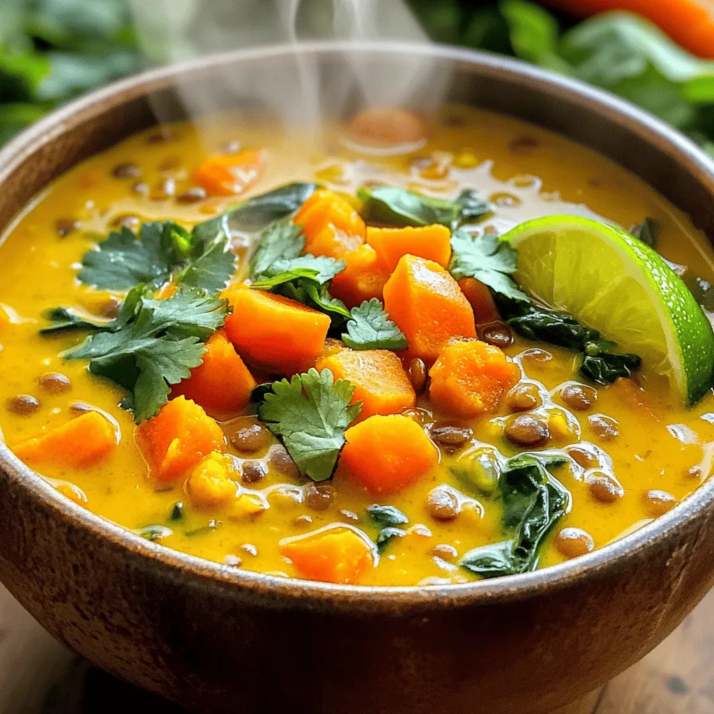- 1 cup green or brown lentils, rinsed - 1 can (13.5 oz) coconut milk - 4 cups vegetable broth - 1 medium onion, diced - 3 cloves garlic, minced - 1 tablespoon fresh ginger, grated - 2 tablespoons red curry paste - 1 teaspoon ground cumin - 1 teaspoon ground turmeric - 1 teaspoon salt (adjust to taste) - 1 tablespoon olive oil - 1 cup carrots, diced - 1 cup bell pepper, diced (any color) - 1 cup baby spinach - Juice of 1 lime - Fresh cilantro, for garnish Lentils form the heart of this soup. They add protein and fiber. Coconut milk gives the dish a rich, creamy texture. The vegetables bring color and nutrients. The spices create warmth and depth. Each ingredient plays a vital role in the overall taste. - Fresh cilantro for garnish - Lime wedges for extra zest - Substitutions: For a nut-free version, use olive oil instead of any nut oil. Swap lentils for chickpeas if desired. Feel free to mix in your favorite veggies. You can add sweet potatoes or zucchini for extra flavor. This flexibility makes the soup fun and unique. Try different spices for a twist. You can make this dish fit your taste and diet. Check the Full Recipe for more details on how to prepare this delightful dish. First, heat olive oil in a large pot over medium heat. Add the diced onion. Sauté until it is soft and translucent, about five minutes. This step adds a lovely sweetness. Then, stir in the minced garlic and grated ginger. Cook for one to two minutes until you smell their strong aroma. This mix creates a great flavor base for our soup. Next, add the red curry paste, ground cumin, ground turmeric, and salt. Mix everything well. Cook for another minute to toast the spices. Toasting spices enhances their flavor, making your soup even better. Pour in the vegetable broth and coconut milk. Bring this mixture to a gentle boil. Once boiling, add the rinsed lentils and diced carrots. Reduce the heat to low. Let it simmer for about 25 to 30 minutes. This allows the lentils to become tender and soak up all the flavors. After simmering, stir in the diced bell pepper and baby spinach. Cook for an additional five minutes until the spinach wilts. The bright colors make the soup inviting. Finally, remove the pot from heat. Squeeze in the lime juice for a burst of freshness. Taste and adjust the seasoning if needed. This simple step ensures every bite is just right. You can find the full recipe above to guide you through these steps. To avoid mushy lentils, choose the right type. Use green or brown lentils. They hold their shape better than red lentils. Rinse them well before cooking to remove any dust or debris. Cook them just until tender, about 25 to 30 minutes. If your soup is too thick, adjust the consistency. You can add more vegetable broth or coconut milk. This will help create a creamy, smooth texture. Add small amounts at a time. Stir well and check the soup's thickness. Adding spices can boost the taste of your soup. Consider trying coriander or chili powder. You can also add a pinch of cinnamon for warmth. This can make your Coconut Curry Lentil Soup unique. Balancing flavors is key. To add acidity, squeeze in lime juice or add a splash of vinegar. This brightens the soup and enhances its taste. If you want a hint of sweetness, add a teaspoon of brown sugar or maple syrup. This contrast makes each bite exciting. For the full recipe, check out the [Full Recipe]. {{image_2}} You can swap different types of lentils in this soup. Red lentils cook faster and break down. They create a thicker soup. Green or brown lentils stay firm, adding texture. Choose what you like best. Feel free to add more veggies or proteins. Try sweet potatoes for sweetness. Zucchini or kale also works well. For protein, add chickpeas or tofu. These swaps keep the soup fresh and exciting. To make the soup spicier, add extra red curry paste. You can also include fresh chili peppers. Mix them in while cooking to blend the heat. Want to explore different cuisines? Try adding tamarind paste for a tangy twist. You can also use curry powder instead of red curry paste. Each choice will change the flavor, making it fun to experiment. Check out the Full Recipe for specific details! To keep your Coconut Curry Lentil Soup fresh, cool it first. Then, pour it into an airtight container. Store it in the fridge for up to five days. This soup tastes even better the next day, as the flavors blend. If you want to keep it longer, freeze the soup. Use freezer-safe containers or bags. Make sure to leave some space at the top for expansion. The soup can last up to three months in the freezer. When you're ready to enjoy your soup again, reheat it gently. Pour the soup into a pot over low heat. Stir it often to keep it from sticking. Add a splash of water or broth if it seems too thick. This helps maintain the rich flavor. For frozen soup, thaw it overnight in the fridge. You can also use the microwave for quick thawing. After it thaws, reheat it on the stove as described. This keeps the taste and texture just right. Check out the Full Recipe for more delicious tips! Can I make Coconut Curry Lentil Soup in a slow cooker? Yes, you can use a slow cooker! Just add all the ingredients to the pot. Cook on low for 6-8 hours. This will let the flavors blend nicely. It’s a great way to set and forget your meal. How can I make this dish vegan? This soup is already vegan! It uses coconut milk and lentils, both plant-based. Just make sure your vegetable broth is vegan too. You can easily enjoy this dish without any animal products. What can I serve with Coconut Curry Lentil Soup? Serve this soup with crusty bread or over rice. You can also add a side salad. The bright flavors pair well with simple sides. This adds more texture and taste to your meal. Caloric content per serving Each serving has about 300 calories. This can vary based on your exact ingredients and portion sizes. It’s filling and keeps you satisfied without being heavy. Health benefits of key ingredients - Lentils: Packed with protein and fiber, they help keep you full. - Coconut milk: Adds healthy fats and gives a creamy texture. - Spinach: A great source of iron and vitamins. - Spices: Ginger and turmeric have anti-inflammatory properties. For a full breakdown of ingredients, check out the Full Recipe. This blog post covered key ingredients for Coconut Curry Lentil Soup. You learned about using lentils, coconut milk, and spices. I also shared options for garnishes and ingredient swaps. Following the step-by-step instructions helps create a rich soup every time. To enhance your cooking skills, remember texture tips and flavor tricks. Variations let you make this soup your own. Lastly, proper storage keeps leftovers fresh. Enjoy this dish again and again, knowing you can adapt it however you like.