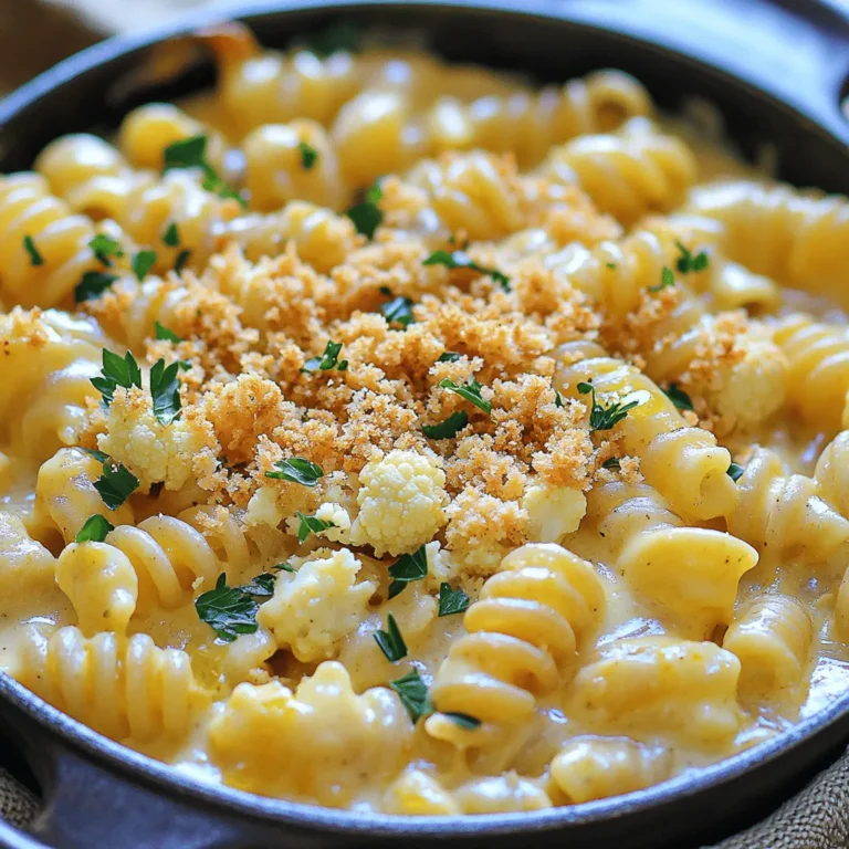 - 1 medium head of cauliflower, cut into florets - 2 cups whole wheat macaroni - 1 ½ cups shredded sharp cheddar cheese - ½ cup cream cheese, softened - 1 cup milk (or a milk alternative) - 1 teaspoon garlic powder - 1 teaspoon onion powder - ½ teaspoon smoked paprika - Salt and pepper to taste - ½ cup panko breadcrumbs - 2 tablespoons olive oil - Fresh parsley, chopped (for garnish) In this dish, the star is the cauliflower. It gives a creamy texture without heavy cream. I love using whole wheat macaroni for added fiber. The blend of sharp cheddar and cream cheese creates a rich flavor. Garlic powder and onion powder add depth. Smoked paprika brings a hint of warmth. Adjust the salt and pepper to your taste. Panko breadcrumbs give a nice crunch on top. Drizzle olive oil over them for an extra layer of flavor. Don't forget the parsley! It brightens the dish and adds color. You can find the Full Recipe above. Enjoy this comfort food delight! 1. Preheat your oven to 375°F (190°C). Grease a 9x13 inch baking dish. 2. Fill a large pot with salted water and bring it to a boil. Add the macaroni. Cook it until al dente, about 8 minutes. Drain and set it aside. 1. While the pasta cooks, steam the cauliflower florets. This should take about 5-7 minutes until they are tender. 2. Transfer the steamed cauliflower to a blender or food processor. 3. Add the cream cheese, milk, garlic powder, onion powder, smoked paprika, and half of the cheddar cheese. Blend until it’s smooth and creamy. 4. If the sauce is too thick, add a splash more milk. Season with salt and pepper to taste. 5. In a large mixing bowl, combine the cooked macaroni with the creamy cauliflower sauce. Stir until every piece of pasta is well-coated. 1. Pour the pasta mixture into the prepared baking dish. 2. Evenly sprinkle the remaining cheddar cheese on top. 3. In a small bowl, mix the panko breadcrumbs with olive oil. Make sure the breadcrumbs are well-coated. 4. Sprinkle the breadcrumb mixture over the cheese layer. 5. Bake in the preheated oven for 25-30 minutes or until the top is golden and crispy. 6. Once done, remove the dish from the oven. Let it cool for a few minutes. Garnish with chopped parsley before serving. For the complete details on the ingredients and cooking process, check the Full Recipe. Enjoy your delicious, creamy dish! To get that smooth and creamy sauce, blending is key. Start by steaming the cauliflower until it's soft. This makes it easier to blend. When you add the cream cheese and milk, use a high-speed blender. Blend until there are no lumps. For an even creamier sauce, add a splash more milk if needed. This helps reach the perfect consistency. Spices can really boost the taste of your dish. I love adding garlic powder and smoked paprika. These spices add warmth and depth. You can also try mixing different cheeses. Sharp cheddar gives a nice bite, but adding mozzarella or gouda can change the game. Each cheese brings its own flavor. Experiment with what you like best! For the full recipe, check out the details mentioned above. {{image_2}} You can mix up the cheese in your cauliflower mac and cheese. Try using mozzarella for a milder taste. Gouda adds a rich, smoky flavor. If you prefer plant-based options, vegan cheese works well too. It melts nicely and keeps the dish creamy. For those who need gluten-free options, use gluten-free pasta. Many brands offer great substitutes that taste good. If you want a dairy-free version, swap the cream cheese and milk for plant-based alternatives. Coconut or almond milk works great in this dish. Want to boost the nutrition? Add more veggies! Spinach is an easy choice; it wilts down nicely. Broccoli adds a nice crunch and bright color. Chopped bell peppers give a sweet taste and a pop of color. Each of these veggies brings its own flavor and health benefits to your meal. After enjoying your delicious cauliflower mac and cheese, store leftovers in an airtight container. Place the container in the fridge. This keeps it fresh for about three to four days. Make sure to let it cool completely before sealing. This helps prevent moisture build-up, which can make it soggy. To freeze this dish, first, allow it to cool completely. Then, transfer it to a freezer-safe container. You can also use a freezer bag for easy storage. Remove as much air as possible before sealing. It can stay frozen for up to three months. When ready to eat, thaw it overnight in the fridge. Reheat in the oven at 350°F (175°C) for about 20-25 minutes. This helps restore its creamy texture. For best results, cover it with foil to keep moisture in. Enjoy your comfort food delight anytime! Yes, you can make this recipe vegan! Use non-dairy substitutes for cheese and cream. Here are some great swaps: - Cream Cheese: Use a plant-based cream cheese. - Cheddar Cheese: Choose vegan cheddar shreds from your local store. - Milk: Almond, soy, or oat milk work well in this dish. - Butter: Use vegan butter or olive oil for greasing the dish. These swaps keep the creamy texture and rich taste while being dairy-free. Cauliflower Mac and Cheese stays good in the fridge for about 3 to 5 days. To keep it fresh, store it in an airtight container. When you want to eat it, just reheat in the oven or microwave. Make sure it is hot all the way through before serving. Yes, you can use frozen cauliflower! It saves time and still tastes great. Here are some tips for using frozen cauliflower: - Thawing: Thaw it in the fridge overnight or microwave it for a few minutes. - Cooking: You may need to steam it a bit longer than fresh. - Texture: Frozen cauliflower can be softer, but it blends well into the sauce. Using frozen cauliflower is a handy option when fresh is not available. Check out the Full Recipe for more details! This blog post shared a tasty recipe for Cauliflower Mac and Cheese. We covered key ingredients, like cauliflower, whole wheat macaroni, and cheese. I detailed step-by-step instructions for making the dish, achieving a creamy texture, and adding flavor. You learned about variations, storage tips, and common questions. This recipe is simple and allows for many changes based on your diet. Enjoy making it your own!