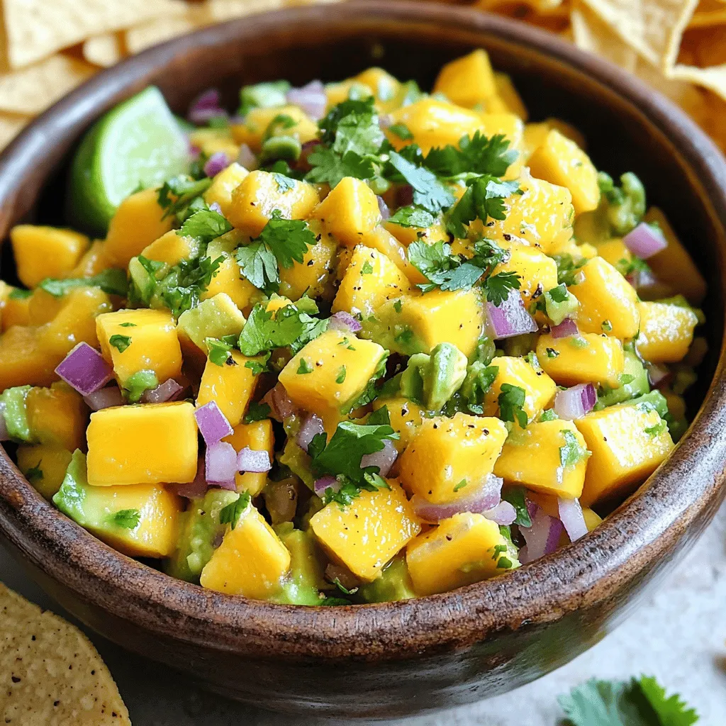 Mango avocado salsa is bright and tasty. It brings together fresh mango and creamy avocado. This salsa is great for parties or a quick snack. You can make it in just 10 minutes. The full recipe includes everything you need to create this dish. - 1 ripe mango, diced: Choose a sweet mango for the best flavor. - 2 ripe avocados, diced: Look for dark green skin and slight give when pressed. - 1 small red onion, finely chopped: This adds a nice crunch and sharp taste. - 1 jalapeño, deseeded and finely minced: Adjust the heat by adding more or less. - 1/4 cup fresh cilantro, chopped: This herb gives a fresh kick. - 2 tablespoons lime juice: Fresh lime juice brightens up the flavors. - Salt and pepper to taste: Simple seasoning enhances the taste of all ingredients. - Tortilla chips: These are perfect for dipping into your salsa. - Grilled meats: Use the salsa as a topping for added flavor. This salsa is easy to make and full of flavor. It’s perfect for summer gatherings or cozy nights in! To make this salsa, start by gathering all your fresh ingredients. You will need one ripe mango, two ripe avocados, one small red onion, one jalapeño, fresh cilantro, lime juice, salt, and pepper. - 1 ripe mango, diced - 2 ripe avocados, diced - 1 small red onion, finely chopped - 1 jalapeño, deseeded and finely minced - 1/4 cup fresh cilantro, chopped - 2 tablespoons lime juice - Salt and pepper to taste First, cut the mango and avocados into small pieces. Make sure they are ripe for the best taste. Next, finely chop the red onion and jalapeño. If you like spice, keep the seeds in the jalapeño. If not, remove them. Finally, chop the fresh cilantro. This adds a nice pop of flavor. Now, it’s time to mix everything together. In a medium bowl, gently combine the diced mango and avocado. Be careful not to mash the avocado. Next, add the finely chopped red onion and minced jalapeño. Stir it all together gently. Then, add the chopped cilantro. Squeeze in the lime juice and mix again. Lime juice adds a bright flavor and keeps the avocado from turning brown. Finally, season with salt and pepper to your taste. Give it a final stir to make sure all the flavors blend well. Chilling the salsa is key to a great taste. Cover the bowl with plastic wrap or a lid. Place it in the fridge for at least 15 minutes. This allows the flavors to meld together nicely. After chilling, taste the salsa one more time. You can adjust the salt or add more lime juice if you want. Enjoy your fresh, flavorful mango avocado salsa! This recipe is perfect for topping tacos, serving with chips, or enjoying on its own. For the full recipe, check out the details above. To make the best mango avocado salsa, fresh ingredients are key. Choose ripe mangoes with a slight give when you press them. For avocados, look for ones that are firm but not hard. Fresh cilantro should be bright green and fragrant. Avoid any brown or wilted leaves. These tips will help you create a vibrant salsa. Sometimes, avocados are too hard to use. You can speed up ripening by placing them in a brown paper bag. The bag traps ethylene gas, which helps the avocado ripen faster. Adding an apple or banana can help, too. Check them daily until they feel just right. This method works well if you need ripe avocados quickly. If you want your salsa to have a kick, add more jalapeño. For less spice, use only half or skip it altogether. You can also remove the seeds and ribs to lower the heat. Taste the salsa as you mix it. This way, you can adjust the spice to match your liking. Everyone enjoys different levels of heat, so make it your own! {{image_2}} You can make your salsa more fun by adding tropical fruit. Pineapple adds sweetness and a nice crunch. Papaya brings a soft texture and a hint of floral taste. You can chop any of these fruits into small pieces. Mix them in with the mango and avocado. This will give your salsa a fresh twist. Cilantro is great, but other herbs can shine too. Try mint for a cool kick. It pairs well with the sweet mango. Basil adds a different layer of flavor. It’s earthy and sweet. You can use either herb instead of cilantro or mix them together. Just chop them finely and stir them in. If you like heat, add more jalapeño! You can chop it finer for more spice. You can also try other peppers like serrano or habanero. These can bring a fiery flavor to your salsa. Just remember to taste as you go. Start with a little and add more if you want. This way, you control the spice level. You can check out the Full Recipe for more ideas and tips! To keep your mango avocado salsa fresh, store it in an airtight container. This will help prevent air from drying it out. You can also press plastic wrap directly onto the surface of the salsa. This blocks air exposure and slows down browning. Always place the salsa in the fridge right after serving. Mango avocado salsa lasts about 2 to 3 days in the fridge. After this time, the avocados may brown and the flavors may fade. Check for signs of spoilage before using it. If the salsa smells off or looks discolored, it’s best to throw it away. You can freeze mango avocado salsa, but the texture may change. To freeze, place it in a freezer-safe container. Leave some space at the top for expansion. It’s best to use it within 1 to 2 months. When you thaw it, the avocados may become mushy. Still, the flavors will remain tasty. Yes, you can make Mango Avocado Salsa ahead of time. It tastes even better after sitting for a while. This lets the flavors mix well. Store it in an airtight container in the fridge. I recommend making it no more than a day in advance. If you make it too early, the avocado may brown. To slow this, add lime juice just before serving. Mango Avocado Salsa is super versatile. You can serve it with tortilla chips for a tasty snack. It's also great on tacos, grilled chicken, or fish. Use it as a topping for a fresh salad or a bowl. I love using it on a grilled chicken taco. It adds a bright flavor that makes every bite exciting. Mango Avocado Salsa is very healthy! It has fresh fruits and veggies, full of vitamins. Mango provides vitamin C and fiber, while avocado adds good fats. This salsa is low in calories, making it a smart choice. It fits well in healthy diets. Enjoy it guilt-free with your meals! In this post, we covered how to make fresh Mango Avocado Salsa. We explored the key ingredients, from fresh fruits to pantry staples. You learned step-by-step instructions for preparation, mixing, and chilling. We shared tips on keeping your ingredients fresh and adjusting flavors. Plus, we discussed fun variations and proper storage methods. In closing, making this salsa is easy and fun. Enjoy your flavorful creation with friends or family. Get creative and make it your own!