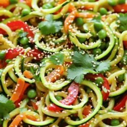 - 4 medium zucchinis, spiralized - 1 red bell pepper, thinly sliced - 1 cup snap peas, trimmed - 1 carrot, julienned Zucchini noodles bring a fun twist to this dish. I love spiralizing fresh zucchinis. They cook fast and soak up flavors well. Red bell pepper adds a sweet crunch. Snap peas bring a nice snap and bright color. Carrots add a bit of sweetness and a pop of orange. Together, they make the dish look and taste great. - 3 cloves garlic, minced - 1 tablespoon ginger, freshly grated - 3 tablespoons soy sauce (or tamari for gluten-free) - 1 tablespoon sesame oil Garlic and ginger are key in this stir fry. They add warmth and depth. I like to use fresh ginger for the best taste. Soy sauce gives a salty, umami kick. Sesame oil adds a nutty flavor that ties it all together. The blend of these ingredients makes every bite special. - 2 tablespoons sesame seeds, for garnish - Fresh cilantro, chopped, for garnish - Salt and pepper to taste Garnishes make the dish shine. I sprinkle sesame seeds on top for a little crunch. Fresh cilantro adds a burst of flavor. A pinch of salt and pepper helps bring out the taste. You can adjust these to suit your palate. For the full recipe, check out the Zesty Zucchini Noodle Stir Fry. - Spiralizing Zucchini First, take your zucchinis and spiralize them using a spiralizer. This tool turns the zucchini into long, noodle-like strands. It’s a fun way to make a healthy base for your stir fry. After spiralizing, set the noodles aside in a bowl. - Cutting and Slicing Vegetables Next, grab the other veggies. Thinly slice the red bell pepper. Julienning the carrot means cutting it into thin, stick-like pieces. Trim the snap peas by removing the ends. Don’t forget to mince the garlic and grate the ginger. These flavors will really pop in your dish. - Heating Oil and Sautéing Aromatics Now, heat sesame oil in a large skillet or wok on medium-high heat. Once hot, add the minced garlic and grated ginger. Sauté them quickly for about 30 seconds. Stir often to avoid burning. You want to release their wonderful aromas. - Adding and Cooking Vegetables Time to add the sliced bell pepper, snap peas, and carrot to the skillet. Cook these for about 3-4 minutes. Keep stirring until they are tender yet crisp. This keeps their bright colors and crunch. - Incorporating Zucchini Noodles and Sauce Now, it’s time for the star of the dish, the zucchini noodles. Add them to the pan along with the soy sauce and red pepper flakes if you like some heat. Gently toss everything together. Cook for another 2-3 minutes until the noodles are warm. Be careful not to let them get mushy. - Seasoning and Garnishing Finally, taste your stir fry and season it with salt and pepper as needed. Remove it from heat. Top with sesame seeds and chopped green onions for crunch and color. Garnish with fresh cilantro for a nice touch. This easy and flavorful dish is a joy to make. You will love how quick it comes together. For the full recipe, check the section above. Enjoy your cooking! To make great zucchini noodles, keep a few things in mind. First, always use firm zucchinis. Soft zucchinis lead to soggy noodles. - Avoiding Soggy Noodles After spiralizing, salt your zucchini noodles lightly. Let them sit for 10 minutes. This helps draw out extra moisture. Pat them dry with a towel before cooking. This prevents them from getting mushy in your stir fry. - Best Tools for Spiralizing A good spiralizer makes all the difference. Look for a hand-held or countertop model that feels sturdy. You can also use a vegetable peeler for wider noodles, or a box grater for thinner ones. Each tool gives a different shape, which can change your dish. Flavor is key in any stir fry, and zucchini noodle stir fry is no different. - Recommended Seasonings Use garlic and ginger for a rich taste. They add warmth and depth. Soy sauce gives a salty kick, while sesame oil adds nuttiness. A sprinkle of red pepper flakes can bring heat if you like spice. - Adding Protein Options For a full meal, add protein. Chicken, shrimp, or tofu work well. Cook your protein first, then remove it from the pan. Add it back in with the zucchini noodles to keep it juicy. A colorful dish is always more appealing. - How to Serve Zucchini Noodle Stir Fry Serve your stir fry in a large bowl or on a plate. Garnish with sesame seeds and chopped green onions for a pop of color. Fresh cilantro adds a bright flavor and looks great. Enjoy this vibrant dish hot, right from the pan! {{image_2}} You can change up the veggies in your zucchini noodle stir fry. Seasonal vegetables work great. Try using bell peppers, broccoli, or even asparagus. These options add color and crunch. You can also swap in other non-starchy veggies. Think about using mushrooms, spinach, or bok choy. Each one gives its unique taste and texture. Sauces can change the whole dish. If you want heat, add chili sauce or sriracha. For a sweet touch, try hoisin sauce or a bit of honey. If you need gluten-free options, tamari is a good choice instead of soy sauce. Mixing sauces can create exciting new flavors. Adding protein makes the dish more filling. You can use chicken, shrimp, or tofu. Chicken thighs add great flavor, while shrimp cooks fast and tastes fresh. If you prefer a plant-based option, tofu works well. Just make sure to season it well before adding it to the stir fry. For a full experience, check the Full Recipe to see how to combine these ingredients effectively. Refrigeration Guidelines After enjoying your zesty zucchini noodle stir fry, store any leftovers quickly. Place the stir fry in an airtight container. It can stay fresh in the fridge for up to three days. Make sure the dish cools down before sealing it. This helps keep moisture from building up inside the container. Freezing for Longer Storage If you want to save it for later, freezing is a good option. Portion your stir fry into freezer-safe bags or containers. Remove as much air as possible to prevent freezer burn. Your stir fry can last up to three months in the freezer. When you’re ready to eat, simply thaw it overnight in the fridge. Best Methods to Retain Quality To reheat your stir fry, use the stovetop or microwave. For the stovetop, heat a pan over medium heat. Add a splash of water or oil to keep the noodles from sticking. Stir until everything is heated through. If using a microwave, place it in a safe dish, cover it, and heat in short bursts. This prevents overcooking. How to Avoid Overcooking When reheating, be careful not to cook it too long. Zucchini noodles can become mushy quickly. Heat until just warm, about 2-3 minutes in the microwave or 5-7 minutes on the stovetop. Keep an eye on them, and stir often. Recommended Timeframes for Freshness In the fridge, your zucchini noodle stir fry stays fresh for three days. If you freeze it, aim to use it within three months for the best flavor and texture. Always check for signs of spoilage, like an off smell or discoloration, before eating leftovers. Enjoy your delicious meal without worry! Zucchini noodles, or "zoodles," are made by spiralizing fresh zucchini. They are a light and healthy pasta alternative. Zucchini is low in calories and high in water. This makes it a great choice for many diets. Nutritional Benefits of Zucchini Noodles - Low in calories - High in vitamins A and C - Good source of fiber - Contains antioxidants - Gluten-free and low-carb Eating zucchini noodles can help you feel full without added calories. They also give you important nutrients for good health. Yes, you can prepare this dish ahead of time. Meal prepping saves time on busy days. You can spiralize the zucchini and chop the veggies in advance. Meal Prep Tips for Zucchini Noodle Stir Fry - Spiralize zucchinis and store in an airtight container. - Chop bell peppers, snap peas, and carrots in advance. - Prepare the sauce and store it separately. - Mix everything together just before cooking for the best taste. This way, you can whip up a fresh meal quickly. Watery noodles can be a common problem. To keep your zucchini noodles firm, follow these tips. Expert Tips for Maintaining Texture - Salt the spiralized zucchini and let it sit for 15 minutes. This draws out moisture. - Pat them dry with a towel before cooking. - Do not overcook the noodles. Just heat them until warm. Using these methods will help keep your zucchini noodles crisp and tasty. This blog post showed you how to make a tasty zucchini noodle stir fry. We covered the main ingredients and how to prep your veggies. You learned the cooking steps and ways to enhance flavor. We also shared tips for perfect noodles and different variations to try. Zucchini noodle stir fry is versatile and healthy. You can adapt it to your taste, using various veggies and sauces. Whether you eat it fresh or save leftovers, this dish is sure to please. Enjoy making your own delicious stir fry!