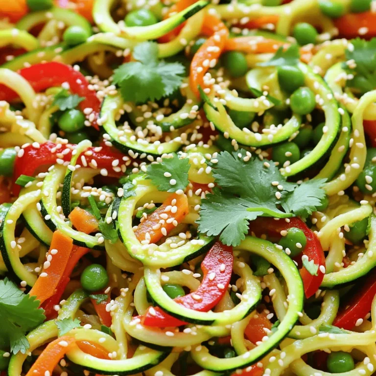 - 4 medium zucchinis, spiralized - 1 red bell pepper, thinly sliced - 1 cup snap peas, trimmed - 1 carrot, julienned Zucchini noodles bring a fun twist to this dish. I love spiralizing fresh zucchinis. They cook fast and soak up flavors well. Red bell pepper adds a sweet crunch. Snap peas bring a nice snap and bright color. Carrots add a bit of sweetness and a pop of orange. Together, they make the dish look and taste great. - 3 cloves garlic, minced - 1 tablespoon ginger, freshly grated - 3 tablespoons soy sauce (or tamari for gluten-free) - 1 tablespoon sesame oil Garlic and ginger are key in this stir fry. They add warmth and depth. I like to use fresh ginger for the best taste. Soy sauce gives a salty, umami kick. Sesame oil adds a nutty flavor that ties it all together. The blend of these ingredients makes every bite special. - 2 tablespoons sesame seeds, for garnish - Fresh cilantro, chopped, for garnish - Salt and pepper to taste Garnishes make the dish shine. I sprinkle sesame seeds on top for a little crunch. Fresh cilantro adds a burst of flavor. A pinch of salt and pepper helps bring out the taste. You can adjust these to suit your palate. For the full recipe, check out the Zesty Zucchini Noodle Stir Fry. - Spiralizing Zucchini First, take your zucchinis and spiralize them using a spiralizer. This tool turns the zucchini into long, noodle-like strands. It’s a fun way to make a healthy base for your stir fry. After spiralizing, set the noodles aside in a bowl. - Cutting and Slicing Vegetables Next, grab the other veggies. Thinly slice the red bell pepper. Julienning the carrot means cutting it into thin, stick-like pieces. Trim the snap peas by removing the ends. Don’t forget to mince the garlic and grate the ginger. These flavors will really pop in your dish. - Heating Oil and Sautéing Aromatics Now, heat sesame oil in a large skillet or wok on medium-high heat. Once hot, add the minced garlic and grated ginger. Sauté them quickly for about 30 seconds. Stir often to avoid burning. You want to release their wonderful aromas. - Adding and Cooking Vegetables Time to add the sliced bell pepper, snap peas, and carrot to the skillet. Cook these for about 3-4 minutes. Keep stirring until they are tender yet crisp. This keeps their bright colors and crunch. - Incorporating Zucchini Noodles and Sauce Now, it’s time for the star of the dish, the zucchini noodles. Add them to the pan along with the soy sauce and red pepper flakes if you like some heat. Gently toss everything together. Cook for another 2-3 minutes until the noodles are warm. Be careful not to let them get mushy. - Seasoning and Garnishing Finally, taste your stir fry and season it with salt and pepper as needed. Remove it from heat. Top with sesame seeds and chopped green onions for crunch and color. Garnish with fresh cilantro for a nice touch. This easy and flavorful dish is a joy to make. You will love how quick it comes together. For the full recipe, check the section above. Enjoy your cooking! To make great zucchini noodles, keep a few things in mind. First, always use firm zucchinis. Soft zucchinis lead to soggy noodles. - Avoiding Soggy Noodles After spiralizing, salt your zucchini noodles lightly. Let them sit for 10 minutes. This helps draw out extra moisture. Pat them dry with a towel before cooking. This prevents them from getting mushy in your stir fry. - Best Tools for Spiralizing A good spiralizer makes all the difference. Look for a hand-held or countertop model that feels sturdy. You can also use a vegetable peeler for wider noodles, or a box grater for thinner ones. Each tool gives a different shape, which can change your dish. Flavor is key in any stir fry, and zucchini noodle stir fry is no different. - Recommended Seasonings Use garlic and ginger for a rich taste. They add warmth and depth. Soy sauce gives a salty kick, while sesame oil adds nuttiness. A sprinkle of red pepper flakes can bring heat if you like spice. - Adding Protein Options For a full meal, add protein. Chicken, shrimp, or tofu work well. Cook your protein first, then remove it from the pan. Add it back in with the zucchini noodles to keep it juicy. A colorful dish is always more appealing. - How to Serve Zucchini Noodle Stir Fry Serve your stir fry in a large bowl or on a plate. Garnish with sesame seeds and chopped green onions for a pop of color. Fresh cilantro adds a bright flavor and looks great. Enjoy this vibrant dish hot, right from the pan! {{image_2}} You can change up the veggies in your zucchini noodle stir fry. Seasonal vegetables work great. Try using bell peppers, broccoli, or even asparagus. These options add color and crunch. You can also swap in other non-starchy veggies. Think about using mushrooms, spinach, or bok choy. Each one gives its unique taste and texture. Sauces can change the whole dish. If you want heat, add chili sauce or sriracha. For a sweet touch, try hoisin sauce or a bit of honey. If you need gluten-free options, tamari is a good choice instead of soy sauce. Mixing sauces can create exciting new flavors. Adding protein makes the dish more filling. You can use chicken, shrimp, or tofu. Chicken thighs add great flavor, while shrimp cooks fast and tastes fresh. If you prefer a plant-based option, tofu works well. Just make sure to season it well before adding it to the stir fry. For a full experience, check the Full Recipe to see how to combine these ingredients effectively. Refrigeration Guidelines After enjoying your zesty zucchini noodle stir fry, store any leftovers quickly. Place the stir fry in an airtight container. It can stay fresh in the fridge for up to three days. Make sure the dish cools down before sealing it. This helps keep moisture from building up inside the container. Freezing for Longer Storage If you want to save it for later, freezing is a good option. Portion your stir fry into freezer-safe bags or containers. Remove as much air as possible to prevent freezer burn. Your stir fry can last up to three months in the freezer. When you’re ready to eat, simply thaw it overnight in the fridge. Best Methods to Retain Quality To reheat your stir fry, use the stovetop or microwave. For the stovetop, heat a pan over medium heat. Add a splash of water or oil to keep the noodles from sticking. Stir until everything is heated through. If using a microwave, place it in a safe dish, cover it, and heat in short bursts. This prevents overcooking. How to Avoid Overcooking When reheating, be careful not to cook it too long. Zucchini noodles can become mushy quickly. Heat until just warm, about 2-3 minutes in the microwave or 5-7 minutes on the stovetop. Keep an eye on them, and stir often. Recommended Timeframes for Freshness In the fridge, your zucchini noodle stir fry stays fresh for three days. If you freeze it, aim to use it within three months for the best flavor and texture. Always check for signs of spoilage, like an off smell or discoloration, before eating leftovers. Enjoy your delicious meal without worry! Zucchini noodles, or "zoodles," are made by spiralizing fresh zucchini. They are a light and healthy pasta alternative. Zucchini is low in calories and high in water. This makes it a great choice for many diets. Nutritional Benefits of Zucchini Noodles - Low in calories - High in vitamins A and C - Good source of fiber - Contains antioxidants - Gluten-free and low-carb Eating zucchini noodles can help you feel full without added calories. They also give you important nutrients for good health. Yes, you can prepare this dish ahead of time. Meal prepping saves time on busy days. You can spiralize the zucchini and chop the veggies in advance. Meal Prep Tips for Zucchini Noodle Stir Fry - Spiralize zucchinis and store in an airtight container. - Chop bell peppers, snap peas, and carrots in advance. - Prepare the sauce and store it separately. - Mix everything together just before cooking for the best taste. This way, you can whip up a fresh meal quickly. Watery noodles can be a common problem. To keep your zucchini noodles firm, follow these tips. Expert Tips for Maintaining Texture - Salt the spiralized zucchini and let it sit for 15 minutes. This draws out moisture. - Pat them dry with a towel before cooking. - Do not overcook the noodles. Just heat them until warm. Using these methods will help keep your zucchini noodles crisp and tasty. This blog post showed you how to make a tasty zucchini noodle stir fry. We covered the main ingredients and how to prep your veggies. You learned the cooking steps and ways to enhance flavor. We also shared tips for perfect noodles and different variations to try. Zucchini noodle stir fry is versatile and healthy. You can adapt it to your taste, using various veggies and sauces. Whether you eat it fresh or save leftovers, this dish is sure to please. Enjoy making your own delicious stir fry!