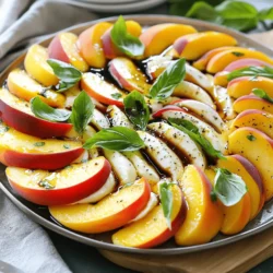 - 2 ripe peaches, sliced - 8 ounces fresh mozzarella cheese, sliced - 1 cup fresh basil leaves - 2 tablespoons extra virgin olive oil - 1 tablespoon balsamic glaze - Salt and freshly ground black pepper to taste How to choose ripe peaches To find ripe peaches, look for ones that are firm but yield slightly to pressure. The color should be vibrant and the scent sweet. Avoid any that have blemishes or soft spots, as they may be overripe. Best type of mozzarella for this recipe Fresh mozzarella works best for the Peach Caprese salad. It has a creamy texture that pairs well with the juicy peaches. Look for mozzarella packed in water for the freshest taste. Calories per serving This salad has about 200 calories per serving, making it a light and refreshing choice. Breakdown of macros - Carbohydrates: 15 grams - Fats: 14 grams - Proteins: 8 grams This dish not only tastes great, but it also offers a healthy balance of nutrients. Enjoy this delightful summer dish as part of your meal prep! For the full recipe, check out the instructions above. Start by washing the peaches and basil leaves. Use cold water to rinse them well. This step helps remove any dirt or bugs. Next, slice the peaches. Cut them into wedges. Make sure to remove the pit. Aim for slices that are about half an inch thick. Now, slice the fresh mozzarella. Cut it into ¼-inch thick pieces. This size helps it blend well with the peaches. The creamy texture of mozzarella pairs perfectly with juicy peaches. For the best look, layer the salad on a large platter. Start with a slice of peach. Then, add a slice of mozzarella. Repeat until you fill the platter. Arrange the slices in a circular pattern. This makes it eye-catching and fun. Next, tuck fresh basil leaves in between the layers. This adds a pop of green and flavor. Use whole leaves for a bolder taste. You can also tear them for a rustic look. Now it’s time for the drizzle. Pour the extra virgin olive oil evenly over the salad. This adds richness and depth. Next, drizzle the balsamic glaze on top. It adds sweetness and tang. Finally, season with salt and freshly ground black pepper to taste. This enhances the flavors even more. If you let the salad sit for about 5 minutes, the flavors will meld together beautifully. Enjoy your Peach Caprese Salad! For the full recipe, check out the complete guide. To elevate your Peach Caprese Salad, add fresh herbs like thyme or mint. These herbs bring a bright note that complements the sweet peaches. Aim to serve the salad at room temperature. This allows the flavors to shine and gives a lovely taste. One common mistake is overseasoning or underseasoning. Too much salt can overpower the dish, while too little can make it bland. Always taste before serving. Fresh ingredients are key. Check your peaches and mozzarella for freshness. Use ripe peaches for the best flavor. For a stunning display, layer the peach and mozzarella slices in a spiral. This draws the eye and looks impressive. Consider adding a sprinkle of chopped basil on top. This adds color and enhances the dish's appeal. You can also drizzle extra balsamic glaze for a finishing touch. {{image_2}} You can play with this Peach Caprese Salad by swapping peaches with other fruits. Try ripe nectarines or sweet plums for a twist. Each fruit brings its own taste and texture. You can also use strawberries or cherries for a touch of summer. Cheese is another great way to switch things up. While fresh mozzarella shines here, burrata brings a creamy richness that you will love. Goat cheese offers a tangy note, making your salad even more exciting. Want a dairy-free version? Substitute the mozzarella with a vegan cheese. Many brands make tasty options that melt well. You can also use sliced avocados for a creamy feel. If you need a gluten-free salad, you’re in luck! This dish is naturally gluten-free. Just ensure that any dressings you use are also gluten-free. This keeps your meal safe and delicious. Add nuts or seeds for a crunchy texture. Sliced almonds or toasted pine nuts work great. They add a nice contrast to the soft fruits and cheese. Using different vinegars can enhance the flavor too. Try a fruity red wine vinegar or a zesty champagne vinegar. Each choice adds a unique kick that makes your salad stand out. To store leftover Peach Caprese Salad, use an airtight container. Make sure the container is clean and dry. Layer the ingredients gently to avoid bruising the peaches or mozzarella. If you can, store the basil separately. It stays fresher that way. Enjoy your salad within two days for the best taste. After that, the peaches may get mushy. Look for brown or slimy spots on the mozzarella. If the salad smells off, it’s time to toss it. Fresh ingredients are key to this dish. Peach Caprese Salad is best served cold. You should not reheat it. The flavors shine when fresh. If you want, let it sit at room temperature for a few minutes before serving. This helps the flavors meld. Peach Caprese Salad is a fresh dish that combines peaches and mozzarella. It has roots in Italy. Traditional Caprese salad uses tomatoes, but this twist adds juicy peaches. The sweet peaches pair well with creamy mozzarella. Fresh basil adds a burst of flavor. A drizzle of olive oil and balsamic glaze completes the dish. This salad is perfect for summer gatherings or light meals. Yes, you can prepare this salad ahead of time. Slice the peaches and mozzarella, then store them separately. Keep the basil leaves whole to prevent wilting. Combine everything just before serving to keep it fresh. You can also prep the olive oil and balsamic glaze in advance. This way, you save time on busy days. Peach Caprese Salad pairs well with grilled chicken or fish. It also complements crusty bread or crackers. For a full meal, serve it with a light pasta dish. This salad is ideal for warm weather events like picnics or barbecues. It's a refreshing side for any summer meal. You can also enjoy it as a light lunch on its own. In this blog post, we explored how to make a delicious Peach Caprese Salad from start to finish. We covered vital ingredients, including ripe peaches and fresh mozzarella, and shared tips on selecting quality items. You learned step-by-step instructions for preparation and assembly, along with helpful tips to enhance flavors and avoid common mistakes. Finally, we discussed variations and proper storage methods. Enjoying this dish will impress your guests and delight your taste buds. Remember to keep it fresh and seasonal for the best results.