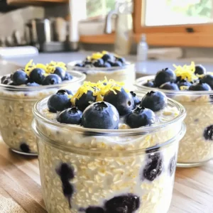 To make lemon blueberry overnight oats, gather these items: - 1 cup rolled oats - 1 cup almond milk (or any milk of choice) - 1/2 cup Greek yogurt (or plant-based yogurt) - 1/4 cup fresh blueberries (plus extra for topping) - Zest of 1 lemon - 2 tablespoons maple syrup or honey (adjust to taste) - 1 tablespoon chia seeds - 1/2 teaspoon vanilla extract - Pinch of salt These ingredients come together to create a tasty and healthy breakfast. You can customize your oats with these tasty extras: - Sliced bananas for added sweetness - A sprinkle of cinnamon for warmth - A handful of nuts for crunch Try adding these options to find your favorite mix! If you need to swap an ingredient, here are some ideas: - Use coconut milk instead of almond milk - Replace Greek yogurt with silken tofu for a vegan option - If you don’t have chia seeds, use flaxseeds instead These substitutes can help you make lemon blueberry overnight oats with what you have on hand. Making Lemon Blueberry Overnight Oats is simple and fun. You need about 10 minutes to prep. This recipe is for two servings. It’s perfect for breakfast or a snack. 1. Mix Dry Ingredients: In a mixing bowl, add 1 cup of rolled oats, 1 tablespoon of chia seeds, and a pinch of salt. Stir these together well. 2. Whisk Wet Ingredients: In another bowl, whisk together 1 cup of almond milk, 1/2 cup of Greek yogurt, the zest of 1 lemon, 2 tablespoons of maple syrup (or honey), and 1/2 teaspoon of vanilla extract. Make it smooth and creamy. 3. Combine Mixtures: Pour the wet mixture into the dry ingredients. Stir until everything is mixed well. 4. Add Blueberries: Gently fold in 1/4 cup of fresh blueberries. Be careful not to crush them. 5. Divide and Cover: Split the mixture into two jars or bowls. Cover them tightly with lids or plastic wrap. 6. Chill Overnight: Place the jars in the fridge overnight (or for 4-6 hours). This helps the oats soak and flavors blend. 7. Stir and Serve: When you’re ready to eat, stir the oats. Add more milk if you want it creamier. 8. Top Your Oats: Finish by adding more fresh blueberries and a sprinkle of lemon zest on top. - Use a spatula to fold in blueberries gently. This helps keep them whole. - Make sure to whisk the wet ingredients until smooth for the best texture. - If you want a sweeter taste, add more maple syrup or honey to your mix. This step-by-step guide makes it easy to create your Lemon Blueberry Overnight Oats. You can find the full recipe for more details! To make the best lemon blueberry overnight oats, use rolled oats. They soak well and keep their shape. I recommend using low-fat or non-dairy milk. Almond milk adds a nice flavor without being too heavy. Mix the oats and liquid well to avoid clumps. Also, let the oats sit in the fridge overnight. This allows them to absorb the flavors and soften beautifully. To boost the taste, use fresh lemon zest. It gives a bright, tangy flavor. You can also add a splash of vanilla extract. This adds warmth and depth to every bite. If you like a sweeter taste, adjust the maple syrup or honey. Start with two tablespoons and add more if needed. Topping with extra blueberries gives a burst of flavor and color. One common mistake is using instant oats. They can turn mushy and lose texture. Another mistake is not measuring the liquid correctly. Too much liquid makes the oats runny. Also, be careful when folding in the blueberries. Gently mix them in to keep them whole. Lastly, don’t skip the overnight soak. This step is key to creamy, delicious oats. {{image_2}} You can switch out the blueberries for other fruits. Try strawberries, raspberries, or blackberries. Each fruit brings its own taste. You can also add diced apples or peaches for a fun twist. Want to spice things up? Add cinnamon or nutmeg for warmth. Citrus lovers can try orange or lime zest instead of lemon. This way, you can make a new flavor each time! To make this recipe vegan, swap Greek yogurt for plant-based yogurt. Almond milk works great, but any plant milk is fine. Use maple syrup instead of honey for sweetness. This keeps the recipe creamy and delicious without dairy. You won’t miss the dairy at all! If you want to add more protein, consider adding a scoop of protein powder. You can mix it in with the oats. Another option is to include nut butter like almond or peanut butter. This gives your oats a nutty flavor and a protein punch. You can also add seeds like hemp or pumpkin seeds for extra crunch and nutrients. To store your lemon blueberry overnight oats, place them in airtight containers. I recommend glass jars for easy access and quick serving. Make sure to seal them well to keep them fresh. When stored correctly, these oats last up to five days in the fridge. To keep them fresh, avoid adding toppings until you are ready to eat. This way, your blueberries will stay plump and juicy. You can freeze your lemon blueberry oats if you want to save some for later. Use freezer-safe containers, leaving some space at the top for expansion. They will last up to three months in the freezer. To enjoy, simply thaw them in the fridge overnight. Yes, you can easily prepare Lemon Blueberry Overnight Oats for meal prep. This recipe is perfect for busy mornings. You can make a batch on Sunday and enjoy it throughout the week. Just store the oats in airtight jars in the fridge. The flavors will blend well, making each bite tasty. To adjust the sweetness, you can change the amount of maple syrup or honey. Start with two tablespoons and taste it. If you want it sweeter, add more syrup or honey little by little. You can also use stevia or agave syrup for a different sweetness level. Overnight oats offer many benefits. They are quick to make and save you time in the morning. They are also high in fiber, which helps with digestion. Plus, they keep you full longer, making it easier to avoid snacking. You can customize them with fruits, nuts, or seeds for added nutrients. Yes, you can use frozen blueberries. They work well in overnight oats. Just add them directly to the mixture. When they thaw, they will add a lovely flavor and color. However, fresh blueberries provide a nice texture and taste that many people enjoy more. This blog post shared how to make delicious Lemon Blueberry Overnight Oats. We covered key ingredients, step-by-step cooking instructions, and clever tips to improve your dish. You can enjoy variations like vegan options or add protein boosters for extra benefits. Storing leftovers properly helps keep them fresh. Now you have the tools to whip up overnight oats easily. Enjoy experimenting with flavors and share your findings. Happy cooking!