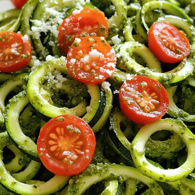 - 4 medium zucchinis - 2 cups fresh basil leaves - 1/4 cup pine nuts (or walnuts) - 1/3 cup extra virgin olive oil - 2 garlic cloves, minced - 1/4 cup freshly grated Parmesan cheese (or a vegan cheese alternative) - Juice of 1 lemon - Salt and pepper to taste - Cherry tomatoes, halved, for garnish - Grated Parmesan, for garnish (optional) Zucchini noodles are light and fresh. You can make them with just a few simple ingredients. First, you need four medium zucchinis. They are the stars of this dish. Next, two cups of fresh basil leaves will bring a burst of flavor. Pine nuts or walnuts add a nice crunch. You will want a quarter cup of these nuts. The extra virgin olive oil is key. You need one-third cup to make the pesto creamy. Don't forget two minced garlic cloves for a kick. A quarter cup of freshly grated Parmesan cheese will give it a rich taste. If you prefer vegan cheese, that works too. The juice from one lemon adds brightness. Finally, season with salt and pepper to taste. Cherry tomatoes make a lovely garnish. Halving them adds color to your plate. You can sprinkle on more grated Parmesan if you like. This recipe is simple and uses fresh ingredients. You can find the full recipe for Zucchini Noodles with Pesto in the next section. Enjoy cooking! To make zucchini noodles, start with 4 medium zucchinis. You can use a spiralizer or a vegetable peeler. If you use a spiralizer, just turn the zucchini to create long noodles. If you opt for a peeler, slice thin strips instead. Once you have your noodles, place them in a colander. This helps drain excess moisture. Zucchini has a lot of water, and we want our noodles to stay firm. Next, let’s make the pesto. Grab a food processor and add the following ingredients: 2 cups of fresh basil leaves, 1/4 cup of pine nuts (or walnuts), 2 minced garlic cloves, and the juice of 1 lemon. Pulse these ingredients together until they mix well. While the processor runs, slowly drizzle in 1/3 cup of extra virgin olive oil. Keep blending until the mixture turns smooth. Finally, add 1/4 cup of grated Parmesan cheese and blend again. Add salt and pepper to taste. Now, it’s time to cook the zucchini noodles. Heat a non-stick skillet over medium heat. Add the spiralized zucchini to the skillet. Sauté for about 3 to 5 minutes. You want them just tender, but still al dente. Be careful not to overcook them. Overcooked noodles can turn soggy and mushy. Once cooked, remove the skillet from the heat. You can now combine the zucchini noodles with the fresh basil pesto. Toss them together until the noodles are evenly coated. Enjoy your simple and fresh zucchini noodles with pesto, a great dish to share with friends or family. For the full recipe, check out the details above. To make the best pesto, choose the right nuts. Pine nuts are classic, but walnuts work too. They add a nice twist to the flavor. Next, adjust the thickness with olive oil. If your pesto is too thick, add a bit more oil. This makes it smooth and easy to mix with the noodles. To keep your zoodles crisp, follow cooking time guidelines closely. Sauté them only for 3-5 minutes. This keeps them al dente and prevents sogginess. Remember to drain the moisture from the zucchini before cooking. Place the spiralized noodles in a colander to remove excess water. Zucchini noodles pair well with fresh cherry tomatoes for color and taste. You can also add proteins for a complete meal. Grilled chicken or shrimp complements the dish nicely. For a plant-based option, try chickpeas or tofu. These additions make the meal hearty and satisfying. {{image_2}} To make your zucchini noodles pop with flavor, try adding sun-dried tomatoes. Their tangy taste balances the fresh pesto. You can also add grilled chicken or shrimp. This will give your dish more protein and heartiness. Both of these options add great taste and texture to your meal. If you want vegan or gluten-free options, this recipe works well. Just use a vegan cheese in the pesto. You can also skip the cheese altogether for a lighter dish. If you are watching carbs, zucchini noodles are already a great choice. They offer a tasty, lower-carb alternative to pasta. Feel free to mix in other vegetables to your zucchini noodles. Bell peppers, spinach, or asparagus can add color and nutrients. You can also customize your dish with herbs. Fresh parsley, oregano, or thyme can enhance the flavor. This lets you enjoy a fresh meal that changes with the seasons. For the full recipe, check the earlier section. If you have leftover zucchini noodles with pesto, they last about 2-3 days in the fridge. Store them in an airtight container. This keeps the noodles fresh and tasty. You can freeze pesto sauce easily. Place it in an ice cube tray and freeze. Once frozen, transfer the cubes to a freezer bag. This way, you have quick pesto ready anytime. For cooked zucchini noodles, I recommend not freezing them. They can get mushy when thawed. Instead, you can freeze the raw, spiralized zucchini. To reheat zucchini noodles, use a skillet. Heat them on low for a few minutes. This helps keep their texture. Avoid the microwave, as it adds too much moisture. If you must use it, cover the bowl with a paper towel. This will help absorb some of the extra steam. Zucchini noodles, or zoodles, are low-calorie and nutrient-rich. They have few calories but pack vitamins. Zoodles are full of vitamin C, which helps your immune system. They also provide vitamin A, good for your eyes. Zucchini noodles are high in fiber. This helps with digestion and keeps you full longer. Eating more fiber can help you maintain a healthy weight. Yes, you can use store-bought pesto. It saves time and is easy to find. However, it may not taste as fresh as homemade. Store-bought options can have added preservatives or salt. Look for brands like Barilla or Buitoni for quality. For a fresh twist, try local brands or organic choices. They often taste better and support local farms. You can spiralize zucchini without a spiralizer using simple tools. A vegetable peeler works well to create thin strips. You can also use a box grater for ribbons. If you have a knife, try cutting the zucchini into thin slices, then julienne them. These methods give you great results without special gadgets. Just remember to drain excess moisture to keep them firm. In this post, we covered how to make zucchini noodles with fresh pesto. We explored the main ingredients, step-by-step instructions, and useful tips. You also learned variations to enhance flavor and how to store leftovers. Zucchini noodles are healthy and fun to prepare. I hope you feel inspired to try this dish. Enjoy making and sharing it with family and friends!