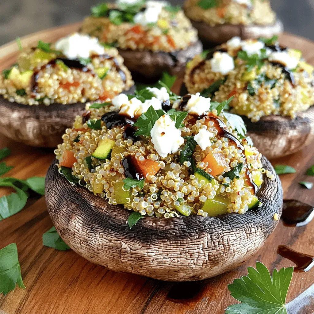 To make stuffed portobello mushrooms, gather these fresh ingredients: - 4 large portobello mushrooms - 1 cup cooked quinoa - 1 medium zucchini, grated - 1 bell pepper (red or yellow), diced - 1 small red onion, finely chopped - 2 cloves garlic, minced - 1 cup fresh spinach, chopped - 1 teaspoon dried oregano - 1 teaspoon cumin powder - 1/2 cup feta cheese, crumbled (or plant-based alternative) - 2 tablespoons olive oil - Salt and pepper to taste - Fresh parsley for garnish Each serving packs a punch of nutrients. Here’s a quick look: - Calories: 250 - Protein: 10g - Carbohydrates: 30g - Fiber: 5g - Fat: 12g These stuffed mushrooms are not only tasty but also healthy. They provide a good balance of protein, fiber, and healthy fats. Choosing the right mushrooms is key to a great dish. Here’s how you can pick the best portobello mushrooms: - Look for firmness: Fresh mushrooms should feel firm and plump. - Check the color: They should be a deep brown color without dark spots. - Smell them: Fresh portobello mushrooms have a clean, earthy scent. - Avoid slimy surfaces: If they feel slimy or sticky, skip those. By selecting the freshest mushrooms, your stuffed portobello will shine in flavor and texture. For the complete recipe, check out the Full Recipe link. First, gather your large portobello mushrooms. These mushrooms are the stars of the dish. Use a damp paper towel to clean them well. This step removes any dirt. Next, remove the stems carefully. Place the mushrooms stem-side up on a baking sheet. I like to use parchment paper for easy cleanup. In a skillet, heat olive oil over medium heat. Add the chopped red onion and minced garlic. Cook them for about 3-4 minutes. You want them to be fragrant and soft. Next, add the grated zucchini and diced bell pepper. Stir and cook for another 2-3 minutes. The veggies should soften but not become mushy. Now, toss in the fresh spinach, cooked quinoa, oregano, cumin, salt, and pepper. Stir until the spinach wilts. Remove the skillet from heat and let the mixture cool slightly. When cooled, fold in the crumbled feta cheese. This cheese adds a nice flavor. Now, you are ready to fill the mushrooms. Take the quinoa mixture and generously fill each portobello cap. Press down gently to pack it in. This step ensures the filling stays put. Preheat your oven to 375°F (190°C). Place the baking sheet in the oven and bake for 20-25 minutes. You want the mushrooms to be tender and the tops slightly golden. When done, remove them from the oven and let them cool for a few minutes. For a lovely finish, garnish with fresh parsley. If you want more details, check out the Full Recipe. To get the best texture in your stuffed portobello mushrooms, choose larger caps. They hold more filling and stay juicy. Clean the mushrooms gently with a damp cloth. Avoid soaking them in water. This keeps them firm. When cooking the stuffing, don’t overcook the vegetables. They should be tender but still crisp. The quinoa should be fluffy and not mushy. This mix will create a great bite. One common mistake is using small mushrooms. They won't hold enough filling. Another error is overcooking the filling. This can make it dry. Don’t skip the olive oil when sautéing. It adds flavor and keeps the filling moist. Lastly, make sure to season well. A pinch of salt and pepper can elevate the dish. Taste the filling before stuffing the mushrooms. Adjust seasoning as needed. Serve your stuffed mushrooms on a large platter. A drizzle of balsamic glaze adds flavor and charm. You can also sprinkle fresh herbs on top. This adds color and freshness. For a complete meal, pair them with a light salad. A mix of greens and a tangy dressing will complement the mushrooms. If you want extra richness, add a dollop of yogurt or a slice of crusty bread. For the full recipe, check the link above. {{image_2}} You can easily make this recipe vegetarian or vegan. For a vegetarian version, use feta cheese. To make it vegan, swap the feta with a plant-based cheese. You can also skip the cheese entirely. The filling will still be tasty with just the veggies and quinoa. Use spices like cumin and oregano to add flavor. The stuffing can be very versatile. You can add cooked ground meat like turkey or chicken for a heartier dish. If you like seafood, chopped shrimp or crab meat work well too. For a cheesy twist, try using mozzarella or goat cheese instead of feta. You can also mix in nuts or seeds for added crunch. Add a global touch to your stuffed mushrooms. For a Mediterranean flair, include sun-dried tomatoes and olives in the filling. If you want a Mexican twist, add black beans, corn, and taco spices. You can even make an Asian-inspired filling with mushrooms, soy sauce, and sesame seeds. Each variation gives a unique flavor to the dish. Explore these ideas to find your favorite! Check out the Full Recipe for more details. To keep your stuffed portobello mushrooms fresh, let them cool first. Place them in an airtight container. You can store them in the fridge for up to three days. Make sure to label the container with the date. This helps you know when to eat them. When you're ready to enjoy your leftovers, preheat your oven to 350°F (175°C). Place the mushrooms on a baking sheet. Cover them with foil to keep them moist. Heat for about 15-20 minutes or until warm. You could also use a microwave. Just heat them for 1-2 minutes. Check if they are hot all the way through. If you want to freeze your stuffed mushrooms, do it before baking them. Place each stuffed mushroom on a baking sheet. Freeze them for about an hour until firm. Then, wrap each one in plastic wrap and store them in a freezer bag. You can keep them in the freezer for up to three months. When you're ready to cook, bake them straight from the freezer. Just add a few extra minutes to the cooking time. For the full recipe, click here. To make stuffed Portobello mushrooms, follow these steps: 1. Prepare the mushrooms: Clean four large portobello mushrooms with a damp paper towel. Remove the stems and place them stem-side up on a baking sheet. 2. Cook the filling: In a skillet, heat olive oil. Sauté one finely chopped red onion and two minced garlic cloves until soft. Add one grated zucchini and one diced bell pepper. Cook until they soften. Stir in one cup of cooked quinoa, one cup of chopped spinach, one teaspoon of dried oregano, and one teaspoon of cumin. Season with salt and pepper. 3. Combine with cheese: Once cooked, fold in half a cup of crumbled feta cheese. 4. Stuff the mushrooms: Fill each mushroom cap with the mixture, pressing gently. 5. Bake: Cook in a preheated oven at 375°F (190°C) for 20-25 minutes until tender. You can find the Full Recipe for detailed instructions. Yes, you can prepare stuffed Portobello mushrooms ahead of time. Make the filling and stuff the mushrooms. Cover them and store in the fridge for up to one day. When you are ready to serve, just bake them directly from the fridge. This saves time and makes meal prep easier. Stuffed Portobello mushrooms pair well with many sides. Consider serving: - A crisp green salad with a light vinaigrette. - Garlic bread or crusty bread for dipping. - Roasted vegetables for extra flavor and nutrients. - Quinoa or rice for a hearty meal. These sides add balance and make the meal more complete. Stuffed Portobello mushrooms are fun and tasty. This post showed how to pick fresh mushrooms, prepare the stuffing, and bake them perfectly. You learned helpful tips to avoid common mistakes and how to keep leftovers fresh. There are also many ways to mix up the stuffing for fun flavors. With this guide, you can create delicious dishes easily. Enjoy making these mushrooms and impressing your friends and family!