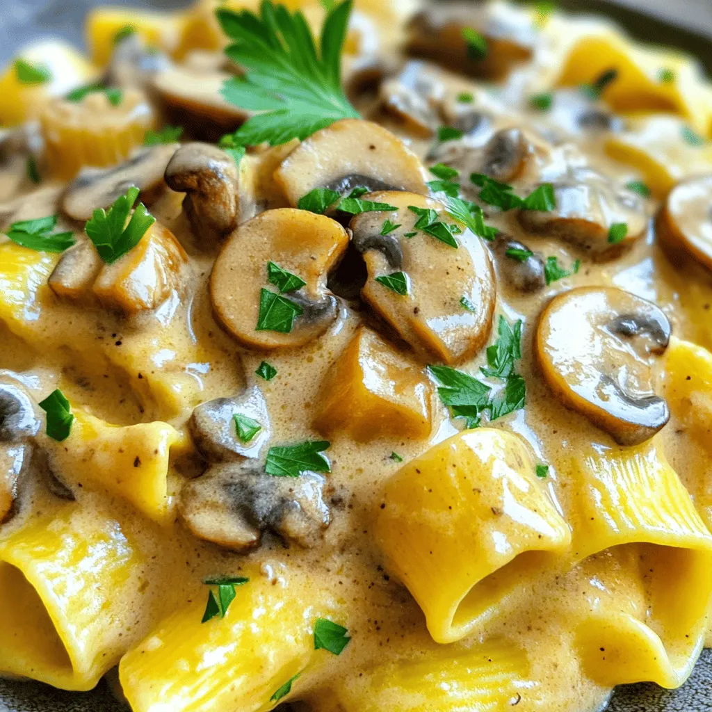 To make this rich and creamy dish, you'll need a few key items. Here’s the list: - 12 oz. wide egg-free pasta (like fettuccine or tagliatelle) - 2 tablespoons olive oil - 1 medium onion, chopped - 3 cloves garlic, minced - 16 oz. mixed mushrooms (cremini, shiitake, and button), sliced - 1 teaspoon dried thyme - 1 teaspoon smoked paprika - 1 tablespoon soy sauce - 1 cup vegetable broth - 1 cup coconut cream or cashew cream - Salt and pepper to taste - Fresh parsley, chopped (for garnish) These ingredients bring together a delightful mix of flavors and textures. The mushrooms give a meaty bite, while the coconut cream adds a rich, creamy feel. Want to boost your stroganoff even more? Consider these tasty add-ins: - Fresh spinach or kale for a touch of green - A splash of white wine for depth - Nutritional yeast for a cheesy flavor - Sun-dried tomatoes for a hint of sweetness - Fresh herbs like dill or basil for brightness These extras can make your dish even more exciting! If you're looking for swaps, here are some ideas: - Use almond milk or oat milk in place of coconut cream. - Swap out soy sauce for tamari to keep it gluten-free. - Use any plant-based butter instead of olive oil for sautéing. These options ensure you keep your dish creamy and delicious while staying dairy-free. For the full recipe, check out the details above! Start by boiling a large pot of salted water. Add 12 oz. of wide egg-free pasta. Cook it until it’s al dente, about 8-10 minutes. Drain the pasta and set it aside. This step is key for a great base. In a large skillet, heat 2 tablespoons of olive oil over medium heat. Add 1 chopped onion. Sauté for about 3-4 minutes until the onion turns translucent. Then, toss in 3 minced garlic cloves. Cook for another minute until you smell the garlic. This builds a great flavor base. Now, add 16 oz. of sliced mixed mushrooms to the skillet. Use a mix of cremini, shiitake, and button mushrooms. Cook them for about 5-7 minutes. Stir occasionally until they get golden brown and release their moisture. This is when the magic starts to happen. Next, sprinkle 1 teaspoon of dried thyme and 1 teaspoon of smoked paprika over the mushrooms. Add 1 tablespoon of soy sauce and 1 cup of vegetable broth. Stir well and let it simmer for 5 minutes. This melds all the flavors together. After that, lower the heat and stir in 1 cup of coconut cream or cashew cream. Mix until smooth. Season with salt and pepper to taste. Let it simmer for another 3 minutes for extra creaminess. Take your cooked pasta and add it to the mushroom mixture. Toss well to coat the pasta in the creamy sauce. If the sauce is too thick, add a splash of vegetable broth. Once everything is mixed, remove from heat and serve immediately. Garnish with fresh chopped parsley for a bright touch. Enjoy this rich and creamy delight! For the full recipe, check out the details above. To make the best vegan mushroom stroganoff, start with a hot pan. Heat the olive oil before adding onions. This helps them cook evenly. Stir them often for a nice golden color. When you add garlic, keep an eye on it. Garlic burns fast! When cooking mushrooms, use a big skillet. This lets them brown well. Stir them less often to get nice color. When they are golden, they taste better. The key to creaminess is the right cream. I love coconut cream or cashew cream. Both add rich flavor. Make sure to stir it in slowly. This helps it blend in well. If the sauce is too thick, add a splash of vegetable broth. Let the sauce simmer gently. This helps all the flavors come together. I let it sit for a few minutes before serving. The longer it sits, the better it tastes! Spices can make a huge difference. I always add dried thyme and smoked paprika. They bring warmth and depth. For a fresh touch, use parsley as a garnish. It adds color and brightness. If you like a little heat, try adding black pepper or red pepper flakes. Always taste your sauce before serving. Adjust the salt and pepper to your liking. For a full experience, check the Full Recipe. Enjoy your cooking! {{image_2}} If you want more protein in your Vegan Mushroom Stroganoff, consider adding lentils or chickpeas. Both options blend well with the creamy sauce. Lentils cook quickly, so add them during the mushroom stage. Chickpeas can be added right before serving. They add a nice texture and flavor. For a gluten-free version, swap the pasta for gluten-free options. You can use rice noodles or spiralized veggies like zucchini. They create a lighter dish while still being tasty. Make sure to check the labels to ensure they meet your needs. Mushrooms bring great flavor to this dish. You can mix different types for a unique taste. Try using portobello, oyster, or enoki mushrooms. Each type adds its own flavor and texture. Experiment with what you have on hand for a fun twist. For the full recipe, check the details above. To store your vegan mushroom stroganoff, let it cool first. Use an airtight container to keep it fresh. It stays good in the fridge for about three to four days. If you have leftovers, try to eat them within this time. Label the container with the date, so you remember when you made it. When you're ready to eat again, reheat your stroganoff on the stove. Pour it into a pot over low heat. Stir it gently to warm it up evenly. You can also add a splash of vegetable broth if it looks too thick. Heat until it's hot but not boiling. This keeps the creaminess intact. You can freeze vegan mushroom stroganoff if you want to save it longer. Place it in a freezer-safe container or bag. Make sure to remove as much air as possible. It will stay good for about three months. When you’re ready to enjoy it again, thaw it in the fridge overnight. Reheat it as mentioned above for the best texture. Enjoy your rich and creamy delight anytime! For the full recipe, check out the details above. Yes, you can use regular pasta. Just check the cooking time. Egg-free pasta cooks faster. If you prefer a vegan option, look for pasta made from lentils or chickpeas. These add extra protein and fiber. To make this recipe nut-free, swap cashew cream for coconut cream. Coconut cream gives a rich taste without nuts. You can also use soy yogurt or any nut-free dairy alternative. This keeps the dish creamy and delicious. You can serve this dish with a fresh salad or steamed veggies. Garlic bread also pairs well. For a heartier meal, try adding a side of roasted potatoes. These options balance the rich flavors of the stroganoff. Store leftovers in an airtight container. Keep them in the fridge for up to three days. To reheat, warm on the stove or in the microwave. If the sauce thickens, stir in a splash of vegetable broth. This keeps it creamy and tasty. For the full recipe, check out the Vegan Mushroom Stroganoff details above. This blog post covers Vegan Mushroom Stroganoff, highlighting key ingredients, cooking steps, and tips. You learned about the main ingredients, optional add-ins, and substitutions. I shared detailed cooking instructions from pasta to the creamy mix. Useful tricks help you get the perfect texture and flavor. In the end, this dish is versatile and can fit many diets. Enjoy making it your own with different ingredients and flavors. You will impress friends and family with your tasty vegan meal!