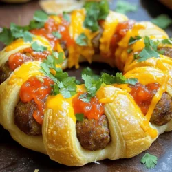 - 1 lb ground beef or turkey - 1 cup breadcrumbs - 1/2 cup grated Parmesan cheese - 1/4 cup taco seasoning - 1 large egg - 1 cup shredded cheddar cheese - 1 can (8 oz) crescent roll dough - 1 cup salsa - 2 tablespoons fresh cilantro, chopped - Sour cream, for serving - Mixing bowl - Baking sheet - Parchment paper - Measuring cups and spoons Gathering the right ingredients is key to making a great Taco Meatball Ring. You’ll want quality ground beef or turkey for the meatballs. The breadcrumbs help keep the meatballs tender. Parmesan cheese adds a nice salty flavor. Taco seasoning gives it that classic taste we all love. Don’t forget the egg; it helps bind everything together. Shredded cheddar cheese adds a delightful layer of richness. The crescent roll dough forms the outer ring, holding all the tasty meatballs inside. For toppings, salsa brings a fresh kick. Chopped cilantro adds a bright note. Sour cream is perfect for dipping. Before you start cooking, check your kitchen for the tools you need. A mixing bowl is necessary for combining ingredients. You’ll need a baking sheet to hold the Taco Meatball Ring while it bakes. Don’t forget parchment paper; it makes cleanup easy. Lastly, gather your measuring cups and spoons to ensure accurate amounts of each ingredient. You can find the Full Recipe above for all the steps you need to follow. Happy cooking! - Preheat your oven to 375°F (190°C). This step ensures even cooking for your taco meatball ring. - Combine ground beef, breadcrumbs, Parmesan cheese, taco seasoning, and egg. Mix until all ingredients blend well. This mixture creates a tasty base for your meatballs. - Roll the mixture into meatballs, about 1 inch in size. Next, unroll the crescent roll dough on a flat surface. Press it into a rectangle. Place the meatballs in a circle on the dough. Add shredded cheddar cheese over the meatballs for extra flavor. - Place your assembled ring on a baking sheet. Bake for 25-30 minutes until the dough turns golden brown. Let it cool slightly before serving. Enjoy with salsa or sour cream for a tasty dip. This recipe is not just fun but also a great way to share a meal with friends and family. - Use a mix of beef and turkey for flavor and moisture. This blend keeps your meatballs juicy and tasty. - Ensure even size of meatballs for uniform cooking. Aim for 1-inch balls to cook evenly. - Customize taco seasoning by adding heat with cayenne or other spices. You can adjust the kick to match your taste. - Incorporate additional ingredients like diced peppers or olives. These add a fun crunch and extra flavor. - Pair with fresh veggies or a side salad for a complete meal. This adds color and freshness to your plate. - Serve with a variety of dipping sauces for added flavor. Sour cream, guacamole, or salsa can take it to the next level. For more details, check the Full Recipe. {{image_2}} You can easily make this dish vegetarian. Just substitute the ground beef with meatless options. I recommend using lentils or beans. Both options give great texture and flavor. Lentils add a hearty bite, while beans contribute creaminess. This swap makes your meal healthy and filling. Feel free to get creative with cheese. Try using pepper jack for a kick or mozzarella for a milder taste. Each type of cheese offers its own unique flavor. You can also add different herbs and spices. Consider cumin, oregano, or chili powder to mix things up. This way, you can create your own flavor profile. If you're looking for a different texture, consider using puff pastry. Puff pastry gives a flaky and buttery experience. You could also make your own dough for a homemade touch. Each option adds a new layer to the dish, making it exciting every time you prepare it. Store any leftover Taco Meatball Ring in an airtight container in the refrigerator. This keeps the flavors fresh. You can enjoy it for up to 3 days. Just make sure to let it cool before sealing it up. If you want to save some for later, freeze the meatballs separately. This way, they keep their taste and texture. They can last up to 3 months in the freezer. Just label your container with the date to keep track. To reheat, pop the meatballs in the oven or microwave. Heat them until they are warmed through. This helps bring back their delicious taste. Enjoy them with a bit of fresh salsa or sour cream for the best experience. For the full recipe, check the earlier section! Yes, you can prepare the mixture and assemble the ring in advance and refrigerate it until ready to bake. This makes dinner easy. Just pop it in the oven when you're ready to eat. To keep the dough crisp, bake the meatballs beforehand to reduce moisture. You can also serve it right after baking. This keeps everything fresh and tasty. You can serve it with salsa, guacamole, or a fresh salad. These sides add color and flavor. They make the meal feel complete and fun. Add jalapeños or a spicy taco seasoning to the meatball mixture. This gives the dish a nice kick. You can adjust the heat to fit your taste. You learned how to make a tasty Taco Meatball Ring. We covered the main ingredients, tools, and a step-by-step guide. I shared tips for perfect meatballs and fun variations. You can customize each dish to suit your taste. Don’t forget about storing and reheating your leftovers. This dish offers creativity and flavor, making meal times fun. Enjoy cooking and sharing this easy recipe with friends and family!