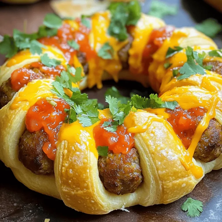 - 1 lb ground beef or turkey - 1 cup breadcrumbs - 1/2 cup grated Parmesan cheese - 1/4 cup taco seasoning - 1 large egg - 1 cup shredded cheddar cheese - 1 can (8 oz) crescent roll dough - 1 cup salsa - 2 tablespoons fresh cilantro, chopped - Sour cream, for serving - Mixing bowl - Baking sheet - Parchment paper - Measuring cups and spoons Gathering the right ingredients is key to making a great Taco Meatball Ring. You’ll want quality ground beef or turkey for the meatballs. The breadcrumbs help keep the meatballs tender. Parmesan cheese adds a nice salty flavor. Taco seasoning gives it that classic taste we all love. Don’t forget the egg; it helps bind everything together. Shredded cheddar cheese adds a delightful layer of richness. The crescent roll dough forms the outer ring, holding all the tasty meatballs inside. For toppings, salsa brings a fresh kick. Chopped cilantro adds a bright note. Sour cream is perfect for dipping. Before you start cooking, check your kitchen for the tools you need. A mixing bowl is necessary for combining ingredients. You’ll need a baking sheet to hold the Taco Meatball Ring while it bakes. Don’t forget parchment paper; it makes cleanup easy. Lastly, gather your measuring cups and spoons to ensure accurate amounts of each ingredient. You can find the Full Recipe above for all the steps you need to follow. Happy cooking! - Preheat your oven to 375°F (190°C). This step ensures even cooking for your taco meatball ring. - Combine ground beef, breadcrumbs, Parmesan cheese, taco seasoning, and egg. Mix until all ingredients blend well. This mixture creates a tasty base for your meatballs. - Roll the mixture into meatballs, about 1 inch in size. Next, unroll the crescent roll dough on a flat surface. Press it into a rectangle. Place the meatballs in a circle on the dough. Add shredded cheddar cheese over the meatballs for extra flavor. - Place your assembled ring on a baking sheet. Bake for 25-30 minutes until the dough turns golden brown. Let it cool slightly before serving. Enjoy with salsa or sour cream for a tasty dip. This recipe is not just fun but also a great way to share a meal with friends and family. - Use a mix of beef and turkey for flavor and moisture. This blend keeps your meatballs juicy and tasty. - Ensure even size of meatballs for uniform cooking. Aim for 1-inch balls to cook evenly. - Customize taco seasoning by adding heat with cayenne or other spices. You can adjust the kick to match your taste. - Incorporate additional ingredients like diced peppers or olives. These add a fun crunch and extra flavor. - Pair with fresh veggies or a side salad for a complete meal. This adds color and freshness to your plate. - Serve with a variety of dipping sauces for added flavor. Sour cream, guacamole, or salsa can take it to the next level. For more details, check the Full Recipe. {{image_2}} You can easily make this dish vegetarian. Just substitute the ground beef with meatless options. I recommend using lentils or beans. Both options give great texture and flavor. Lentils add a hearty bite, while beans contribute creaminess. This swap makes your meal healthy and filling. Feel free to get creative with cheese. Try using pepper jack for a kick or mozzarella for a milder taste. Each type of cheese offers its own unique flavor. You can also add different herbs and spices. Consider cumin, oregano, or chili powder to mix things up. This way, you can create your own flavor profile. If you're looking for a different texture, consider using puff pastry. Puff pastry gives a flaky and buttery experience. You could also make your own dough for a homemade touch. Each option adds a new layer to the dish, making it exciting every time you prepare it. Store any leftover Taco Meatball Ring in an airtight container in the refrigerator. This keeps the flavors fresh. You can enjoy it for up to 3 days. Just make sure to let it cool before sealing it up. If you want to save some for later, freeze the meatballs separately. This way, they keep their taste and texture. They can last up to 3 months in the freezer. Just label your container with the date to keep track. To reheat, pop the meatballs in the oven or microwave. Heat them until they are warmed through. This helps bring back their delicious taste. Enjoy them with a bit of fresh salsa or sour cream for the best experience. For the full recipe, check the earlier section! Yes, you can prepare the mixture and assemble the ring in advance and refrigerate it until ready to bake. This makes dinner easy. Just pop it in the oven when you're ready to eat. To keep the dough crisp, bake the meatballs beforehand to reduce moisture. You can also serve it right after baking. This keeps everything fresh and tasty. You can serve it with salsa, guacamole, or a fresh salad. These sides add color and flavor. They make the meal feel complete and fun. Add jalapeños or a spicy taco seasoning to the meatball mixture. This gives the dish a nice kick. You can adjust the heat to fit your taste. You learned how to make a tasty Taco Meatball Ring. We covered the main ingredients, tools, and a step-by-step guide. I shared tips for perfect meatballs and fun variations. You can customize each dish to suit your taste. Don’t forget about storing and reheating your leftovers. This dish offers creativity and flavor, making meal times fun. Enjoy cooking and sharing this easy recipe with friends and family!