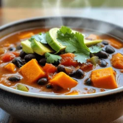 - 2 medium sweet potatoes, peeled and diced - 1 can (15 oz) black beans, drained and rinsed - 1 can (14 oz) diced tomatoes with green chilies - 1 medium onion, chopped - 3 cloves garlic, minced - 1 bell pepper (any color), chopped The main ingredients create a great mix of flavors and textures. Sweet potatoes bring a natural sweetness. Black beans add protein and fiber. Diced tomatoes with green chilies give it a kick. Onion, garlic, and bell pepper round out the base with their savory notes. - 2 tablespoons olive oil - 1 tablespoon chili powder - 1 teaspoon cumin - 1 teaspoon smoked paprika - 1/2 teaspoon cayenne pepper (adjust to taste) - Salt and pepper to taste The olive oil helps in sautéing the veggies, making them soft. Chili powder, cumin, and smoked paprika add depth. Cayenne pepper gives it heat, which you can adjust. Salt and pepper enhance all the flavors. - Fresh cilantro - Avocado slices Fresh cilantro adds a burst of freshness. Avocado slices make it creamy. Both toppings not only look great but also elevate the taste. You can mix and match these toppings based on your mood. Check out the Full Recipe for step-by-step instructions to make this hearty dish! To start your savory sweet potato black bean chili, gather your ingredients. First, peel the sweet potatoes. Use a sharp knife to cut off the skin. Next, dice them into small cubes. This helps them cook evenly. Now, chop your onion, garlic, and bell pepper. Use a cutting board and a good knife. Dice the onion finely. Mince the garlic into small bits. Cut the bell pepper into small pieces. Set all these ingredients aside for easy access. In a large pot or Dutch oven, heat the olive oil over medium heat. Once hot, add the chopped onion, bell pepper, and minced garlic. Sauté them for about five minutes. You want them to soften and smell great. Next, stir in the diced sweet potatoes. Add in the chili powder, cumin, smoked paprika, and cayenne pepper. Cook this mixture for another two to three minutes. This step toasts the spices and brings out their flavors. Now, it’s time to combine all your ingredients. Add the black beans, diced tomatoes with their juices, and vegetable broth. Stir well to mix everything together. Bring the chili to a boil. Once it boils, reduce the heat to low and cover the pot. Let it simmer for about 25 to 30 minutes. Check for tenderness in the sweet potatoes. Adjust the seasoning with salt and pepper to taste. If your chili is too thick, add a little more broth or water to get your desired consistency. You can find the full recipe [here](Full Recipe). Serve your chili hot, garnished with fresh cilantro and optional avocado slices on top. Enjoy your meal! To make your sweet potato black bean chili shine, start with sautéing. Use medium heat and add olive oil to your pot. When the oil is hot, toss in chopped onion, bell pepper, and garlic. This mix builds a solid flavor base. Sauté for about five minutes until the veggies soften. To avoid mushy sweet potatoes, cut them into even pieces. Smaller pieces cook faster and can turn mushy. Aim for about a half-inch dice. Stir the sweet potatoes with the spices for a minute before adding the liquid. This step helps to keep their texture while cooking. To kick up the flavor, consider adding more spices. Try a pinch of oregano or a dash of cinnamon for warmth. If you like it spicy, add more cayenne pepper. Using homemade broth can make a big difference. It adds depth and richness. If you don’t have homemade broth, store-bought works fine. Just check for low sodium options to control the salt level. This chili pairs well with simple side dishes. Serve it with crusty bread or a green salad. Cornbread also makes a great match and adds sweetness. When it comes to drinks, try serving it with iced tea or a light beer. A fruity soda can be refreshing too. For something special, enjoy it with a margarita for a fun twist. {{image_2}} You can switch up the beans in your chili. Try kidney beans or pinto beans instead of black beans. These options add different flavors and textures. You can also add more veggies. Corn or zucchini works great. These veggies add sweet flavors and are fun to use. Making this chili vegan is simple. Just ensure you use vegetable broth. If you want to add protein, chicken or turkey will work well. Cook the meat first, then add it in with the other ingredients. This adds heartiness to your dish. If you like spice, adjust the chili powder and cayenne pepper. You can make it milder or hotter based on your taste. Also, don’t be afraid to play with herbs. Add fresh basil or oregano for a twist. Each herb gives a new flavor to your chili. For the full recipe, check the section above. To store leftover chili, let it cool first. Then, pour it into an airtight container. Seal it tightly to keep air out. The chili stays fresh in the fridge for up to five days. For freezing, use a freezer-safe container. Leave some space at the top; the chili will expand when frozen. It’s best to freeze it in single servings. This way, you can thaw just what you need later. To thaw, move it to the fridge overnight or use the microwave. Reheat on low heat until hot. To keep the texture and flavor, reheat slowly. Stir often to avoid sticking. The microwave is quick but may dry it out. The stovetop is better for even heating. Add a splash of vegetable broth if it seems thick. Enjoy your chili just like the first time! You can add more spice easily. Try using extra cayenne pepper. You can also mix in hot sauce. A splash of your favorite sauce can boost the heat. Adjust to your taste, and don't be shy with the spices. Yes, you can use a slow cooker. First, sauté the onion, bell pepper, and garlic in a pan. Then, add all ingredients to the slow cooker. Cook on low for 6-8 hours or on high for 3-4 hours. This method makes the flavors even richer. This chili pairs well with cornbread or rice. You can also enjoy it with tortilla chips. A dollop of sour cream adds creaminess. For a fresh touch, serve with a side salad. These options make the meal more filling. Yes, you can easily double the recipe. Just use twice the amount of each ingredient. You may need a larger pot. Make sure to adjust cooking time if needed. Double-check seasoning as flavors can change with more ingredients. You can prep this chili a day in advance. Store it in the fridge after cooking. Just reheat it when you're ready to eat. The flavors will deepen overnight. You can also freeze it for longer storage. Just thaw before reheating. For the full recipe, check out the earlier section. In this blog post, we explored how to make a delicious Sweet Potato Black Bean Chili. We discussed key ingredients, cooking steps, and useful tips. You can enhance flavors and try variations to suit your taste. Proper storage and reheating tips ensure your chili lasts longer. Feel free to experiment with spices and enjoy this dish with your favorite sides. With these steps, you can create a tasty meal that's both satisfying and healthy. Dive into your cooking adventure and enjoy every bite!