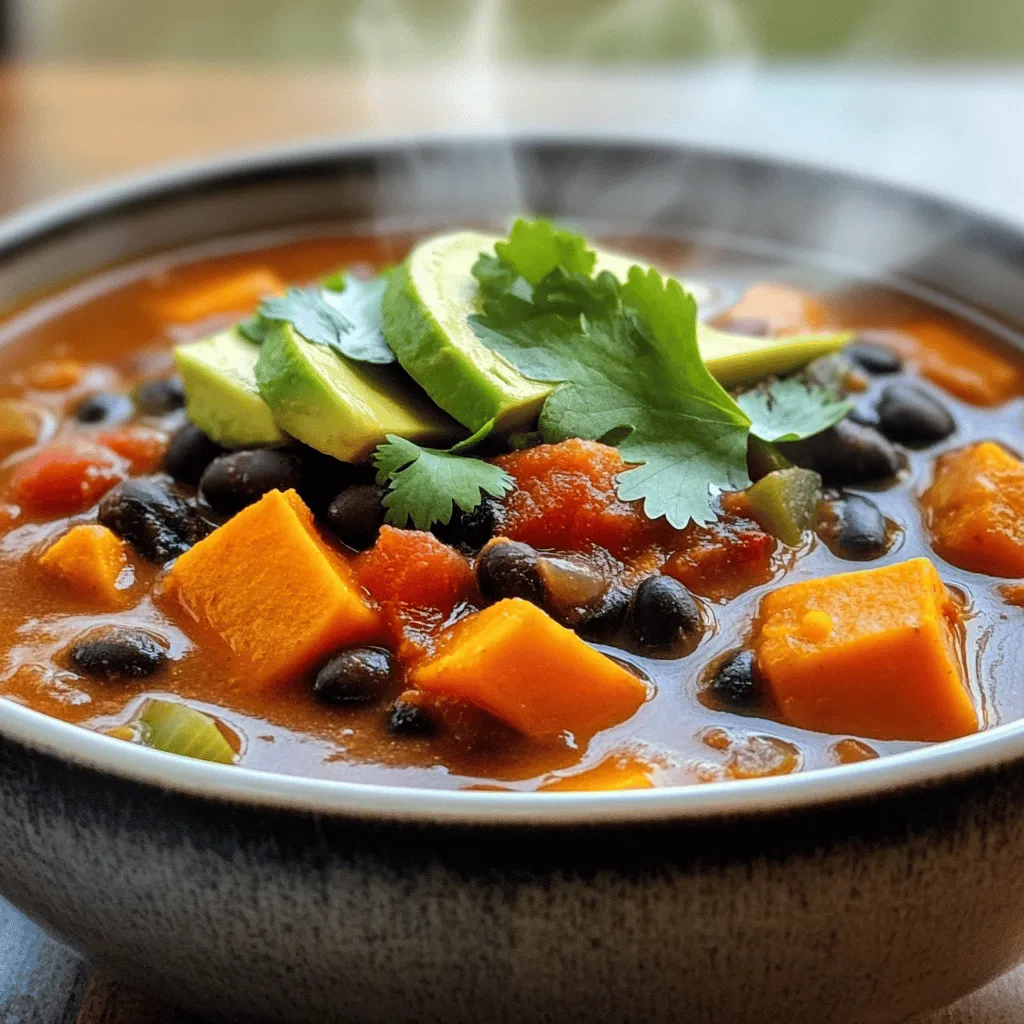 - 2 medium sweet potatoes, peeled and diced - 1 can (15 oz) black beans, drained and rinsed - 1 can (14 oz) diced tomatoes with green chilies - 1 medium onion, chopped - 3 cloves garlic, minced - 1 bell pepper (any color), chopped The main ingredients create a great mix of flavors and textures. Sweet potatoes bring a natural sweetness. Black beans add protein and fiber. Diced tomatoes with green chilies give it a kick. Onion, garlic, and bell pepper round out the base with their savory notes. - 2 tablespoons olive oil - 1 tablespoon chili powder - 1 teaspoon cumin - 1 teaspoon smoked paprika - 1/2 teaspoon cayenne pepper (adjust to taste) - Salt and pepper to taste The olive oil helps in sautéing the veggies, making them soft. Chili powder, cumin, and smoked paprika add depth. Cayenne pepper gives it heat, which you can adjust. Salt and pepper enhance all the flavors. - Fresh cilantro - Avocado slices Fresh cilantro adds a burst of freshness. Avocado slices make it creamy. Both toppings not only look great but also elevate the taste. You can mix and match these toppings based on your mood. Check out the Full Recipe for step-by-step instructions to make this hearty dish! To start your savory sweet potato black bean chili, gather your ingredients. First, peel the sweet potatoes. Use a sharp knife to cut off the skin. Next, dice them into small cubes. This helps them cook evenly. Now, chop your onion, garlic, and bell pepper. Use a cutting board and a good knife. Dice the onion finely. Mince the garlic into small bits. Cut the bell pepper into small pieces. Set all these ingredients aside for easy access. In a large pot or Dutch oven, heat the olive oil over medium heat. Once hot, add the chopped onion, bell pepper, and minced garlic. Sauté them for about five minutes. You want them to soften and smell great. Next, stir in the diced sweet potatoes. Add in the chili powder, cumin, smoked paprika, and cayenne pepper. Cook this mixture for another two to three minutes. This step toasts the spices and brings out their flavors. Now, it’s time to combine all your ingredients. Add the black beans, diced tomatoes with their juices, and vegetable broth. Stir well to mix everything together. Bring the chili to a boil. Once it boils, reduce the heat to low and cover the pot. Let it simmer for about 25 to 30 minutes. Check for tenderness in the sweet potatoes. Adjust the seasoning with salt and pepper to taste. If your chili is too thick, add a little more broth or water to get your desired consistency. You can find the full recipe [here](Full Recipe). Serve your chili hot, garnished with fresh cilantro and optional avocado slices on top. Enjoy your meal! To make your sweet potato black bean chili shine, start with sautéing. Use medium heat and add olive oil to your pot. When the oil is hot, toss in chopped onion, bell pepper, and garlic. This mix builds a solid flavor base. Sauté for about five minutes until the veggies soften. To avoid mushy sweet potatoes, cut them into even pieces. Smaller pieces cook faster and can turn mushy. Aim for about a half-inch dice. Stir the sweet potatoes with the spices for a minute before adding the liquid. This step helps to keep their texture while cooking. To kick up the flavor, consider adding more spices. Try a pinch of oregano or a dash of cinnamon for warmth. If you like it spicy, add more cayenne pepper. Using homemade broth can make a big difference. It adds depth and richness. If you don’t have homemade broth, store-bought works fine. Just check for low sodium options to control the salt level. This chili pairs well with simple side dishes. Serve it with crusty bread or a green salad. Cornbread also makes a great match and adds sweetness. When it comes to drinks, try serving it with iced tea or a light beer. A fruity soda can be refreshing too. For something special, enjoy it with a margarita for a fun twist. {{image_2}} You can switch up the beans in your chili. Try kidney beans or pinto beans instead of black beans. These options add different flavors and textures. You can also add more veggies. Corn or zucchini works great. These veggies add sweet flavors and are fun to use. Making this chili vegan is simple. Just ensure you use vegetable broth. If you want to add protein, chicken or turkey will work well. Cook the meat first, then add it in with the other ingredients. This adds heartiness to your dish. If you like spice, adjust the chili powder and cayenne pepper. You can make it milder or hotter based on your taste. Also, don’t be afraid to play with herbs. Add fresh basil or oregano for a twist. Each herb gives a new flavor to your chili. For the full recipe, check the section above. To store leftover chili, let it cool first. Then, pour it into an airtight container. Seal it tightly to keep air out. The chili stays fresh in the fridge for up to five days. For freezing, use a freezer-safe container. Leave some space at the top; the chili will expand when frozen. It’s best to freeze it in single servings. This way, you can thaw just what you need later. To thaw, move it to the fridge overnight or use the microwave. Reheat on low heat until hot. To keep the texture and flavor, reheat slowly. Stir often to avoid sticking. The microwave is quick but may dry it out. The stovetop is better for even heating. Add a splash of vegetable broth if it seems thick. Enjoy your chili just like the first time! You can add more spice easily. Try using extra cayenne pepper. You can also mix in hot sauce. A splash of your favorite sauce can boost the heat. Adjust to your taste, and don't be shy with the spices. Yes, you can use a slow cooker. First, sauté the onion, bell pepper, and garlic in a pan. Then, add all ingredients to the slow cooker. Cook on low for 6-8 hours or on high for 3-4 hours. This method makes the flavors even richer. This chili pairs well with cornbread or rice. You can also enjoy it with tortilla chips. A dollop of sour cream adds creaminess. For a fresh touch, serve with a side salad. These options make the meal more filling. Yes, you can easily double the recipe. Just use twice the amount of each ingredient. You may need a larger pot. Make sure to adjust cooking time if needed. Double-check seasoning as flavors can change with more ingredients. You can prep this chili a day in advance. Store it in the fridge after cooking. Just reheat it when you're ready to eat. The flavors will deepen overnight. You can also freeze it for longer storage. Just thaw before reheating. For the full recipe, check out the earlier section. In this blog post, we explored how to make a delicious Sweet Potato Black Bean Chili. We discussed key ingredients, cooking steps, and useful tips. You can enhance flavors and try variations to suit your taste. Proper storage and reheating tips ensure your chili lasts longer. Feel free to experiment with spices and enjoy this dish with your favorite sides. With these steps, you can create a tasty meal that's both satisfying and healthy. Dive into your cooking adventure and enjoy every bite!