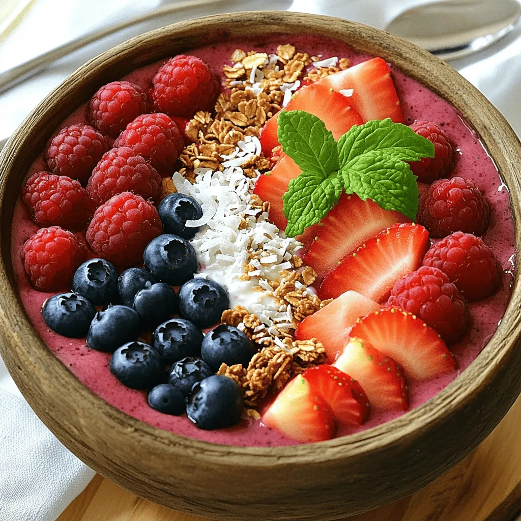 To create a perfect berry smoothie bowl, gather these main ingredients: - 1 cup mixed berries (strawberries, blueberries, raspberries) - 1 ripe banana - 1/2 cup Greek yogurt (or plant-based yogurt) - 1/2 cup almond milk (or milk of choice) - 1 tablespoon honey or maple syrup (optional) These ingredients form the base of your smoothie bowl. Mixed berries are rich in vitamins and add a vibrant color. A ripe banana brings natural sweetness and creaminess. Greek yogurt adds protein and a smooth texture. Almond milk or another milk choice gives a nice consistency. Honey or maple syrup can sweeten the mix, but it's not a must. Now, let’s jazz up our bowl with some fun toppings: - 1/4 cup granola - Fresh berries - Mint leaves - Coconut flakes Granola adds crunch and fiber, making your bowl more filling. Fresh berries on top look beautiful and taste great. Mint leaves give a fresh burst of flavor. A sprinkle of coconut flakes adds a tropical twist and a bit of sweetness. For the full recipe, check out the Berry Bliss Smoothie Bowl. This treat is not only delicious but also packed with nutrients. Enjoy creating a bowl that looks as good as it tastes! To make your berry smoothie bowl, start by blending the ingredients. In a blender, add: - 1 cup mixed berries (strawberries, blueberries, raspberries) - 1 ripe banana - 1/2 cup Greek yogurt (or plant-based yogurt) - 1/2 cup almond milk (or milk of choice) - 1 tablespoon honey or maple syrup (optional) Blend these on high. Stop and scrape down the sides as needed. Blend until your mix is smooth and creamy. Next, achieving the desired consistency is key. If it's too thick, add a little more almond milk. If it's too thin, blend in more frozen berries. You want a thick mix that holds its shape. Now, pour the mixture into a bowl. Use a spatula to scrape every bit out. This is your smoothie base. Next, add toppings for texture and flavor. Sprinkle 1 tablespoon of chia seeds on top. Then, add a handful of granola, fresh berries, and mint leaves. Each topping adds crunch and taste. For creative ways to arrange toppings, think about patterns. Place berries in a circle or create stripes with granola. Add color and vibrancy to your bowl with bright toppings. Fresh mint leaves give a pop of green. A sprinkle of coconut flakes adds a tropical touch. For the full recipe, refer back to the detailed instructions. Enjoy making this berry smoothie bowl! Choosing the best berries is key for flavor. Look for ripe strawberries, blueberries, and raspberries. Fresh berries taste great, but frozen berries work too. They add a nice chill to your bowl. For sweetness, try ripe bananas or a bit of honey. You can also use maple syrup, but use it sparingly. To thicken your smoothie bowl, add more yogurt or banana. Chia seeds also help. They soak up liquid and create a nice texture. If your bowl is too thick, add a splash of almond milk. You can adjust the flavor by adding more berries or sweeteners. Taste as you go to find your perfect mix. Berries are packed with vitamins and fiber. They help keep your heart healthy and boost your mood. Greek yogurt adds protein and probiotics. This supports gut health and keeps you full. Chia seeds provide omega-3 fatty acids and more fiber. Together, these ingredients create a nutritious treat that tastes amazing. For the full recipe, check out the Berry Bliss Smoothie Bowl. {{image_2}} You can change up your berry smoothie bowl by using seasonal berries. Fresh strawberries, blueberries, and raspberries work well. But don't stop there! Try blackberries or even pitted cherries for a unique twist. Mixing different berries gives you a fun blend of flavors. You might find a new favorite combination! Adding a protein boost can make your smoothie bowl even better. You can use protein powder, but I love nut butters. Almond or peanut butter adds creaminess and flavor. Seeds like flaxseeds or hemp seeds also pack a punch of nutrients. These add-ins not only improve taste but also make your meal more filling. For a vegan treat, swap Greek yogurt with plant-based yogurt. Almond or coconut yogurt works great. You can also switch almond milk to oat or soy milk for a dairy-free option. Top your bowl with fruits, nuts, and seeds for a colorful and tasty finish. Fresh banana slices and crunchy granola make perfect toppings. With these choices, everyone can enjoy a delicious and nutritious berry smoothie bowl. Check out the Full Recipe for more details! You might not finish your berry smoothie bowl right away. If so, store it in the fridge. Use an airtight container to keep it fresh. Make sure it is sealed well to prevent air from getting in. This will help keep the flavors intact for up to one day. If you want to keep it longer, try freezing it. Pour the leftover smoothie bowl into ice cube trays or silicone molds. Once frozen, transfer the cubes to a freezer-safe bag. This way, you can enjoy a quick treat later. Just remember to label the bags with the date. When you’re ready to enjoy your stored smoothie bowl, you may find it a bit thick. To refresh it, blend it again with a splash of almond milk. This will help restore its creamy texture. If you do not want to blend it, add a bit of milk directly into the bowl and stir. To maintain texture and flavor, avoid using a microwave. It can change the taste and make it watery. Instead, let it sit at room temperature for a few minutes before eating. This method helps bring back its cool and refreshing taste. For the best experience, enjoy it right after making it, but knowing how to store it gives you options for later! You can boost the flavor of your berry smoothie bowl in many ways. Here are some ideas: - Spices: Add a pinch of cinnamon or nutmeg for warmth. - Vanilla Extract: A splash adds a sweet, rich taste. - Cocoa Powder: Mix in some for a chocolatey twist. - Lemon or Lime Juice: A squeeze can brighten the flavors. - Fresh Herbs: Try basil or mint for a refreshing note. These extras can make your bowl even more delicious and fun. Yes, you can use frozen berries! They add a thick and creamy texture. Here are some benefits: - Convenient: Frozen berries are easy to store. - Nutrient-Rich: They often hold more nutrients than fresh ones. - Chilled Base: They keep your smoothie cool without ice. Just blend them directly from the freezer for the best results. To make your smoothie bowl thicker, try these techniques: - Less Liquid: Use less almond milk or yogurt. - Add More Fruit: Use more banana or berries. - Chia Seeds: They soak up liquid and thicken the mix. - Frozen Ingredients: Always blend in frozen fruit for a denser texture. These tips help you achieve that perfect creamy consistency. Yes, this recipe is great for meal prep! Here’s how to prepare in advance: - Batch Prep: Make a larger batch and divide it into bowls. - Storage: Store in airtight containers in the fridge for up to two days. - Toppings: Keep toppings separate until ready to eat. With these tips, you can enjoy your berry smoothie bowl anytime! Check out the Full Recipe for more details. You can create a delicious berry smoothie bowl using simple, fresh ingredients. Start with mixed berries, banana, Greek yogurt, and your choice of milk. Blend until smooth and add a touch of honey if you like it sweeter. Top your bowl with granola, fresh fruit, and mint for extra flair. Remember, you can customize this bowl with different berries and toppings. Don't forget the health benefits these ingredients offer! With these tips, you can enjoy a tasty and nutritious treat any time. Now, go experiment and enjoy your berry bliss!