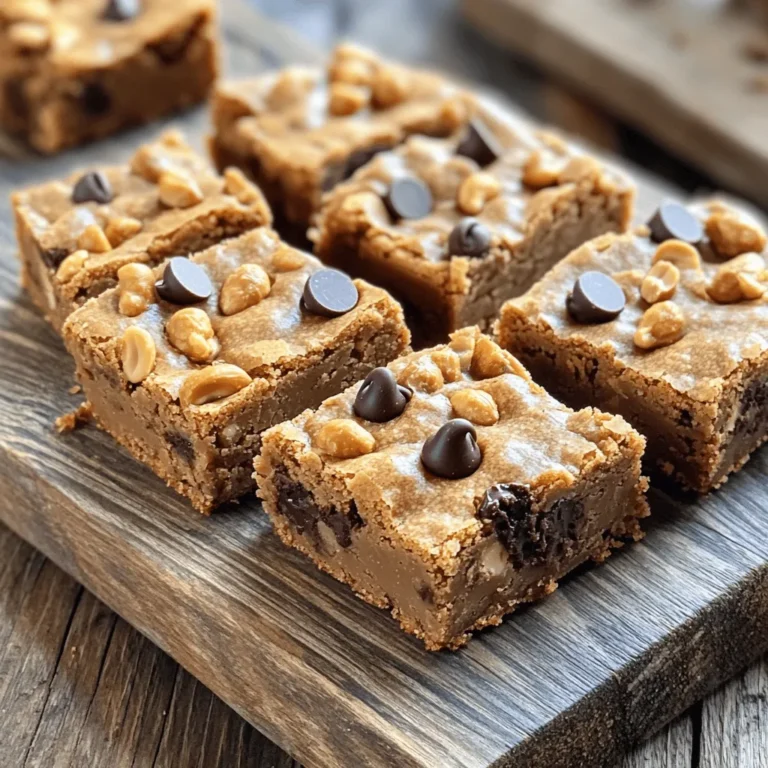 - 1 cup creamy peanut butter - 1/2 cup unsalted butter, melted - 1 cup brown sugar, packed - 1/2 cup granulated sugar - 2 large eggs - 1 teaspoon vanilla extract - 1 1/2 cups all-purpose flour - 1 teaspoon baking powder - 1/2 teaspoon salt - 1 cup semi-sweet chocolate chips - 1/4 cup chopped peanuts (optional) For these blondies, the key ingredient is creamy peanut butter. It gives the blondies their rich flavor and moist texture. If you prefer a nutty crunch, feel free to add chopped peanuts. If you need a substitute for peanut butter, try almond butter or sunflower seed butter. Both will add a unique taste. For sugar, you can use coconut sugar or a sugar alternative like stevia. If you want a gluten-free option, consider using almond flour or gluten-free all-purpose flour. To make these blondies, you'll need: - Mixing bowls - Baking pan (8x8 inch) - Parchment paper Using parchment paper helps with easy removal and cleanup. It prevents the blondies from sticking to the pan. This makes serving them much easier! Check out the Full Recipe for all the steps to create this delightful treat. 1. Preheat your oven to 350°F (175°C). 2. Line an 8x8 inch baking pan with parchment paper. Leave some paper hanging over the sides for easy removal later. 3. In a large mixing bowl, combine 1/2 cup melted butter and 1 cup creamy peanut butter. Mix until smooth. 4. Add 1 cup packed brown sugar and 1/2 cup granulated sugar. Stir until it's well mixed. 5. Beat in 2 large eggs, one at a time. Then, add 1 teaspoon of vanilla extract. Mix until smooth. 1. In a separate bowl, sift together 1 1/2 cups all-purpose flour, 1 teaspoon baking powder, and 1/2 teaspoon salt. 2. Gradually add this dry mixture to the wet ingredients. Fold it in until just mixed. Do not overmix! 1. Carefully fold in 1 cup semi-sweet chocolate chips and 1/4 cup chopped peanuts if you want extra crunch. 2. Pour the blondie batter into your prepared pan and spread it evenly. 3. Bake for 25-30 minutes. The edges should be golden brown. A toothpick in the center should come out clean, with a few moist crumbs being okay. Following these steps will help you create Peanut Butter Chocolate Chip Blondies that are soft, chewy, and packed with flavor. Enjoy the process and the tasty results! For the full recipe, check the previous section. To achieve the best blondies, avoid overmixing the batter. When you mix too much, the blondies can turn out tough. Mix just until you see the flour disappear. This keeps them soft and chewy. Next, checking for doneness is key. You want a toothpick inserted in the center to come out with a few moist crumbs. If it comes out clean, they may be overbaked. Look for golden edges and a slightly soft center. Cutting and serving blondies can be simple. Use a sharp knife to slice them after they cool. For neat squares, clean the knife between cuts. This helps keep the edges tidy. For serving, add a scoop of ice cream on top. You can drizzle chocolate or caramel sauce for extra flavor. Chopped nuts or sprinkles can add a nice crunch and color. You can freeze the uncooked batter or cooked blondies. If you freeze the batter, scoop it into the pan and cover it well. When you're ready to bake, just thaw it in the fridge overnight. For cooked blondies, let them cool completely. Wrap them tightly in plastic wrap and place them in an airtight container. When you want to enjoy them, thaw them at room temperature. This keeps them fresh and tasty. If you want the full recipe for Peanut Butter Chocolate Chip Blondies, check it out! {{image_2}} You can change up the flavors in your blondies. Try adding white chocolate chips for a sweet twist. Dark chocolate chips can also add a rich depth. If you like a bit of crunch, mix in chopped nuts like walnuts or pecans. You can also add dried fruits, like cranberries or apricots, for a chewiness that pairs well with peanut butter. If you need gluten-free blondies, swap regular flour for a gluten-free blend. Just make sure the blend has a good structure for baking. For a vegan option, use flax eggs instead of regular eggs. Mix one tablespoon of flaxseed meal with three tablespoons of water, let it sit, and then add it to your mix. This keeps the texture soft and moist. Adding spices can make your blondies fit the season. For autumn, try cinnamon or nutmeg. These spices make the blondies taste warm and cozy. During the holidays, top your blondies with festive sprinkles or a drizzle of melted chocolate. These small changes can make your treats feel special for any occasion. For the complete recipe, check the Full Recipe section above. You can store leftover blondies at room temperature or in the fridge. If you keep them at room temperature, place them in an airtight container. This helps keep them fresh and moist. If you want to store them longer, the fridge is a better choice. Just make sure to seal them well to avoid drying out. These blondies last about five days at room temperature. In the fridge, they can stay fresh for up to a week. Look out for signs of spoilage. If they smell off or have a dry texture, it’s time to toss them. To enjoy these blondies warm, you can reheat them. The best method is to use the microwave. Heat for about 10-15 seconds. This warms them without making them dry. You can also use an oven. Wrap them in foil and heat at 350°F for about 5-10 minutes. This keeps them soft and tasty. For the full recipe, check out the earlier section! It takes about 15 minutes to prep the blondies. The cook time is 25-30 minutes. So, the total time is around 45 minutes. Yes, you can use crunchy peanut butter. It will add a fun texture. The blondies will have little bits of peanuts. This makes each bite even more exciting! You can serve them with a scoop of vanilla ice cream. Whipped cream also works well. Fresh fruit like strawberries or bananas can add a nice touch too. To check if your blondies are done, use a toothpick. Insert it into the center. If it comes out clean or with a few moist crumbs, they are ready. The edges should look golden brown too. This blog post covered all you need for perfect Peanut Butter Chocolate Chip Blondies. We went over essential ingredients, helpful substitutions, and the best techniques to bake. You learned tips to ensure great results and how to store leftovers. Now you can bake with confidence. Enjoy delicious blondies any time by following these easy steps. Happy baking!