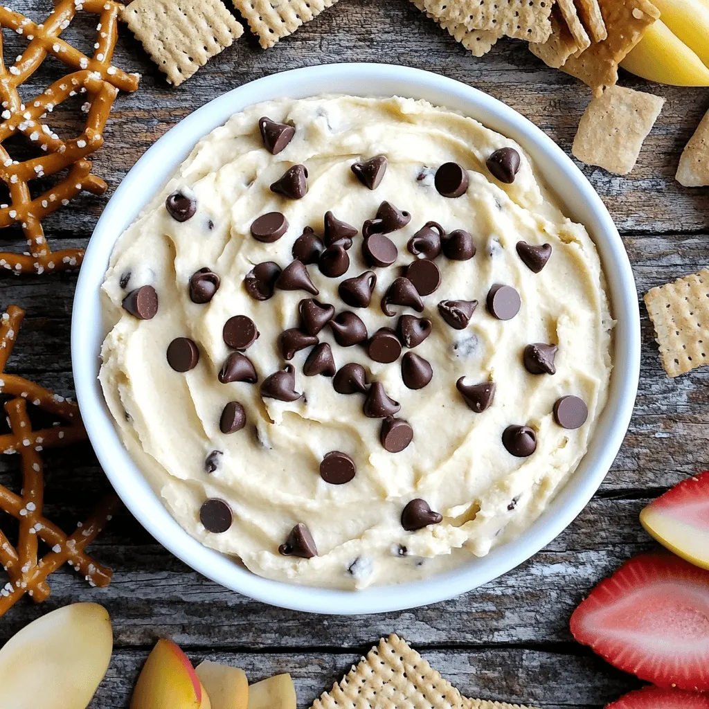 To make the Chocolate Chip Cookie Dough Dip, gather these items: - 1 cup brown sugar, packed - 1/2 cup granulated sugar - 1 cup all-purpose flour (heat-treated for safety) - 1/2 cup unsalted butter, softened - 1 teaspoon vanilla extract - 1/2 teaspoon salt - 1 cup mini chocolate chips - 1/2 cup cream cheese, softened - 1/2 cup Greek yogurt (plain) These ingredients work together to create a creamy and sweet dip. Heat-treated flour is a key part of this dip. Raw flour can carry harmful bacteria. To make it safe, you need to bake it. Spread the flour on a baking sheet and bake at 350°F (175°C) for 5-7 minutes. This kills any germs. Let it cool before mixing it into your dip. If you don't have Greek yogurt, don't worry! You can use other options. Regular plain yogurt works well too. Cream cheese can be a substitute if you want a richer taste. Adjust the amount to keep the dip creamy. The goal is to maintain that smooth texture while keeping it tasty. Feel free to explore these options to make your dip just right! For the full recipe, check out the detailed steps. To start, gather all your ingredients. You will need brown sugar, granulated sugar, flour, butter, cream cheese, vanilla, salt, mini chocolate chips, and Greek yogurt. Begin by beating the softened butter and cream cheese in a mixing bowl. Mix them until the blend is smooth and creamy. Next, add the brown and granulated sugar gradually. Mix well until the sugars are fully combined. Once your butter and sugar are mixed, stir in the vanilla extract and salt. This step adds flavor to your dip. Then, gradually add the heat-treated flour. Stir until you have a mix that feels like cookie dough. It should be thick but smooth. Now, fold in the mini chocolate chips carefully. Use a spatula to ensure they are evenly spread throughout the dip. Finally, gently add the Greek yogurt. This will give your dip a nice, creamy texture. When everything is mixed well, taste your dip. If you want more chocolate flavor, add extra chocolate chips. Then, scoop the cookie dough dip into a serving bowl. Chill it in the refrigerator for about 30 minutes. This helps the flavors blend better and makes the dip refreshing. Serve with your favorite dippers. Enjoy your tasty treat! For the full recipe, check the details above. To make your dip creamy, start with softened butter and cream cheese. Mix them well until smooth. Then, slowly add the sugars. This process helps create a rich base. After that, add the heat-treated flour gradually. Stir gently to keep the texture smooth. Lastly, folding in the Greek yogurt lightens the dip. This step adds a nice creaminess without being too heavy. You can take this dip to the next level. Try adding a splash of almond extract for a nutty flavor. You might also mix in some chopped nuts for crunch. If you love spice, a dash of cinnamon gives warmth. Don’t forget, you can change the chocolate chips too. Consider using dark chocolate or even white chocolate for a twist. Each addition can make the dip unique and fun. One mistake is not heat-treating the flour. This step is vital for safety. Another common error is over-mixing the ingredients. Mixing too much can make the dip tough. Always fold in the chocolate chips gently. Finally, avoid skipping the chilling step. Chilling helps flavors meld and gives a better texture. Following these tips will help you craft a perfect cookie dough dip every time. For the complete recipe, check the Full Recipe section. {{image_2}} You can make this dip even more fun by choosing different dippers. Here are some great options: - Graham crackers - Pretzel sticks - Sliced apples - Strawberries - Mini marshmallows Each dipper adds its own flavor and crunch. I love using pretzel sticks. The salty taste pairs perfectly with the sweet dip. Want to mix things up? Try some flavor variations! Adding different ingredients can change the taste completely. Here are a few ideas: - Peanut Butter: Mix in half a cup of creamy peanut butter. This adds a nutty flavor that is rich and satisfying. - Mint: Add a few drops of mint extract. This gives the dip a fresh and cool taste that’s great for summer! - Cocoa Powder: For a deeper chocolate flavor, stir in a tablespoon of cocoa powder. This makes the dip even more chocolatey. You can make this dip fit your diet with some simple swaps. Here are a few healthier alternatives: - Reduced Sugar: Use less sugar or try a sugar substitute. This keeps it sweet but cuts down on calories. - Vegan Options: Replace butter and cream cheese with plant-based versions. Use coconut oil and dairy-free cream cheese for a tasty vegan dip. - Greek Yogurt Swap: For a lower-fat option, you can use low-fat Greek yogurt. This keeps your dip creamy while reducing fat. These variations allow you to enjoy chocolate chip cookie dough dip in new ways. Check out the Full Recipe for the base dip. To keep your chocolate chip cookie dough dip fresh, store it in an airtight container. Make sure the lid seals well. This helps reduce air exposure, which can cause the dip to dry out. If you store it properly, the dip will stay creamy and tasty. When stored in the fridge, the dip lasts about 5 to 7 days. Always check for any off smells or changes in texture before you dig in. If you notice anything strange, it’s best to throw it away. If you want to keep the dip longer, freezing is a good option. Place the dip in a freezer-safe container. Be sure to leave some space at the top for expansion. When you're ready to enjoy it, thaw it in the fridge overnight. Stir it well before serving to restore its creamy texture. For the full recipe, check out the detailed steps above. Yes, you can eat the dip raw. It is safe because we heat-treat the flour. This step kills any harmful bacteria. Enjoy it straight from the bowl! You can use several fun options. Try chopped chocolate bars or chocolate chunks. You can also use peanut butter chips or white chocolate chips. Each choice adds its own twist to the dip. To make the dip more chocolatey, add more mini chocolate chips. You can also mix in cocoa powder for a deep chocolate flavor. A drizzle of melted chocolate on top works well, too! This blog post covered key aspects of making a great dip. We discussed ingredients, including heat-treated flour and yogurt substitutes. I shared step-by-step instructions to ensure your mixture has perfect texture. You learned helpful tips for a creamy consistency and flavor boosts. We explored fun variations and healthy alternatives to enjoy. Lastly, I provided storage tips to keep your leftovers fresh. Remember, creating this dip can be a fun experience. Enjoy trying new flavors and share your results!