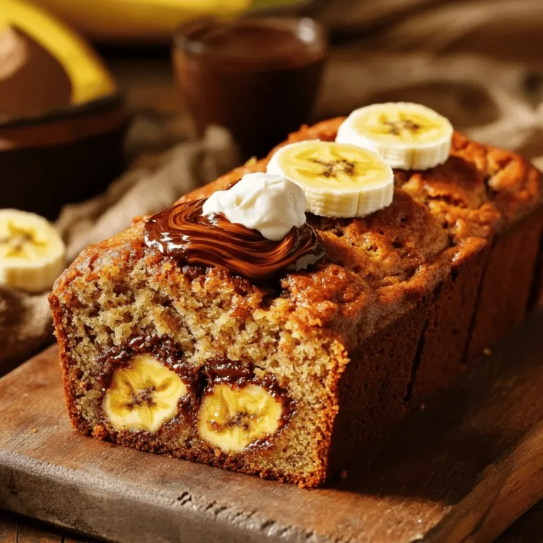 To make Nutella-Stuffed Banana Bread, you need a few key ingredients. Here’s the list: - 3 ripe bananas, mashed - 1/3 cup melted butter - 1 teaspoon baking soda - Pinch of salt - 3/4 cup sugar - 1 large egg, beaten - 1 teaspoon vanilla extract - 1 cup all-purpose flour - 1/2 cup Nutella These ingredients give your bread its great flavor and texture. The ripe bananas add natural sweetness and moisture. You can add some fun extras to make your bread even better. Here are a few options: - 1/2 cup semi-sweet chocolate chips - Chopped nuts, like walnuts or pecans - A sprinkle of cinnamon for warmth These additions can change the taste and add more texture. Feel free to mix and match them based on what you like. If you don’t have something on hand, don’t worry! Here are some easy swaps: - Use applesauce instead of butter for a lighter bread. - Swap the sugar for honey or maple syrup if you prefer. - For a gluten-free version, use almond flour or a gluten-free flour blend. These substitutions let you tailor the recipe to your needs. Just remember, changes may affect the final taste and texture. For the full recipe, check out the steps above! 1. First, preheat your oven to 350°F (175°C). 2. Grease a 9x5-inch loaf pan. You can also line it with parchment paper. 3. In a large bowl, mash 3 ripe bananas until smooth. 4. Add 1/3 cup of melted butter to the bananas. Mix them well. 5. Now, stir in 1 teaspoon of baking soda and a pinch of salt. 6. Next, add 3/4 cup of sugar, 1 beaten egg, and 1 teaspoon of vanilla extract. Mix until everything is smooth. 7. Gently fold in 1 cup of all-purpose flour. Be careful not to overmix. 8. If you like chocolate chips, fold in 1/2 cup now. 1. Pour half of the banana mixture into the greased loaf pan. Smooth it out with a spatula. 2. Spoon 1/2 cup of Nutella over the batter. Swirl it gently with a knife. 3. Pour the rest of the batter on top and smooth it down. 4. Bake in your preheated oven for 50 to 60 minutes. 5. To check, insert a toothpick into the center. It should come out clean. - Start checking the bread at 50 minutes. - If the toothpick has wet batter, bake for a few more minutes. - The top should be golden brown and spring back when lightly touched. - Allow the bread to cool in the pan for 10 minutes before moving it to a wire rack. For the full recipe, refer to the earlier section that lists all the ingredients. To get the best texture for your Nutella-stuffed banana bread, use ripe bananas. They add sweetness and moisture. Mash them well, so there are no lumps. Mix the batter until just combined; this keeps the bread light and fluffy. Avoid overmixing, as it can make the bread dense. One common mistake is using unripe bananas. They won't give you the flavor you want. Another mistake is skipping the cooling step after baking. This step allows the bread to set correctly. Also, make sure your oven is preheated to 350°F. If it’s not hot enough, the bread may not bake evenly. You can boost flavor by adding a pinch of cinnamon to the batter. It pairs well with bananas and Nutella. For a fun twist, try adding chopped nuts or coconut flakes. These add crunch and enhance the texture. If you want a richer taste, use dark chocolate chips instead of semi-sweet. For the full recipe to guide you through, check out the details above. {{image_2}} If you want to skip Nutella, try other tasty spreads. You can use almond butter or sunflower seed butter. Both give you a nutty flavor without using nuts. Spread it in the middle just like you would with Nutella. You still get that creamy center, which is the star of this bread. You can make this banana bread even better by adding nuts. Chopped walnuts or pecans bring a nice crunch. Just fold them into the batter before you layer in the Nutella. You can also add dried fruits, like raisins or cranberries. They add sweetness and texture, making each bite special. To make this recipe vegan, you can swap some ingredients. Replace the egg with a flax egg. Just mix one tablespoon of ground flaxseed with two and a half tablespoons of water. Let it sit until it thickens. Use a plant-based butter instead of regular butter. This way, you keep all the great flavors without using animal products. For the full recipe, check out the details above. To keep your banana bread fresh, wrap it in plastic wrap. You can also use an airtight container. This helps keep it moist. Store it at room temperature for up to three days. If you want it to last longer, consider freezing it. To freeze banana bread, slice it first. Then wrap each slice in plastic wrap. Place the wrapped slices in a freezer bag. Make sure to remove as much air as possible. Label the bag with the date. It will stay good for up to three months. When you're ready to eat, just thaw a slice at room temperature. To reheat banana bread, preheat your oven to 350°F (175°C). Place the slices on a baking sheet. Heat for about 10 minutes. This warms them nicely and revives the flavors. If you prefer, you can also use a microwave. Heat for about 15-20 seconds. Enjoy your Nutella-stuffed banana bread warm for the best taste! If you need a Nutella substitute, try almond butter or peanut butter. These spreads add a different taste but stay creamy and rich. You can also use chocolate spread if you want something similar. Other options include homemade chocolate hazelnut spread for a fresh twist. Yes, you can make this banana bread gluten-free. Use gluten-free all-purpose flour instead of regular flour. Check that the baking soda is gluten-free too. This swap will keep the bread soft and tasty. Nutella-Stuffed Banana Bread can last up to five days at room temperature. Store it in an airtight container to keep it fresh. If you want to keep it longer, freeze it for up to three months. Thaw it overnight in the fridge when you’re ready to enjoy it again. For the full recipe, check the detailed instructions above. Nutella-stuffed banana bread is simple and fun to make. We covered the key ingredients, baking steps, and tips for the best results. Don't forget the fun variations to fit your taste. With the right storage methods, you can enjoy this treat for days. Try customizing flavors and textures to make this recipe your own. Enjoy your baking adventure and share it with friends!