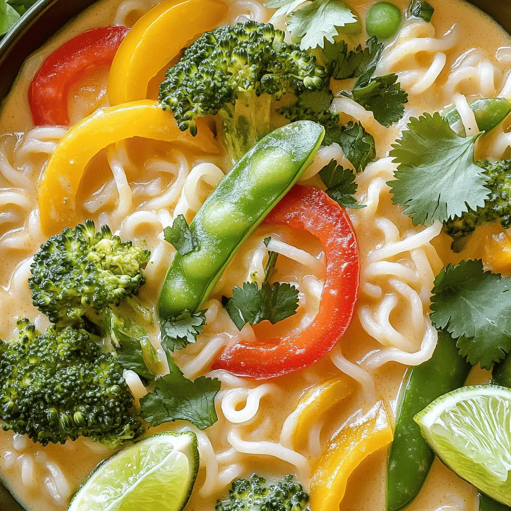 - 200g rice noodles - 1 can (400ml) coconut milk - 2 tablespoons red curry paste - 1 tablespoon soy sauce - 1 tablespoon brown sugar - 1 bell pepper (red or yellow), sliced - 1 cup snow peas - 1 cup broccoli florets - Fresh cilantro, for garnish - Lime wedges, for serving For this dish, you want to gather fresh ingredients. Start with rice noodles. They cook quickly and soak up flavors well. Coconut milk gives a rich, creamy texture. Red curry paste packs a punch. You can adjust the amount based on your taste. Next, add some soy sauce and brown sugar. These add a nice balance to the dish. Bell peppers add crunch and color. Snow peas and broccoli offer freshness and nutrition. Don’t forget the garnishes! Fresh cilantro brightens the dish. Lime wedges add acidity to cut through the creaminess. For the full recipe, follow the steps provided to create a delightful meal! - Start by cooking the rice noodles according to the package instructions. - Drain and rinse them under cold water to prevent sticking. Set aside. - Heat the vegetable oil over medium heat in a large skillet or wok. - Add the sliced bell pepper and cook for about 3-4 minutes until slightly softened. - Stir in the red curry paste and sauté for an additional minute until fragrant. - Pour in the coconut milk, soy sauce, and brown sugar; stir well to combine and let simmer. - Add snow peas and broccoli florets; cook until vegetables are tender-crisp. - Toss in the cooked rice noodles, gently mixing with the curry sauce and vegetables. This step-by-step guide makes cooking creamy coconut curry noodles easy and fun. You will love how the coconut milk blends with the curry paste, creating a rich and tasty sauce. For the full recipe, check out the detailed instructions. Enjoy your cooking! - Use fresh ingredients for enhanced flavor. - Don’t skip rinsing the noodles. This keeps them from sticking. Fresh ingredients are key to making your dish vibrant. The bell pepper should be crisp and bright. Rinse the noodles after cooking. This simple step helps them stay separate. Nobody likes clumpy noodles! - Modify the amount of red curry paste to taste. - Consider adding a splash of lime juice for extra zing. Taste your sauce as you cook. If you want more heat, add more red curry paste. For a fresh kick, squeeze in some lime juice. This adds brightness and balance to the dish. - For a creamier consistency, adjust the amount of coconut milk as desired. - Let the mixture simmer longer for a thicker sauce. If you like it creamier, pour in more coconut milk. You can add a bit at a time to reach your preferred texture. For a thicker sauce, let it simmer longer. This helps all the flavors meld beautifully. For the full recipe, check the earlier section! {{image_2}} You can add protein to your creamy coconut curry noodles. Shrimp, chicken, or tofu work well. Cook your protein separately first. Then mix it in just before serving. This step boosts flavor and texture. For a gluten-free option, swap regular soy sauce with tamari. This small change makes a big difference. If you want a lighter dish, use low-fat coconut milk. It keeps the creaminess while cutting calories. Get creative with your veggies! You can swap in seasonal vegetables like zucchini or carrots. They add freshness and crunch. For more greens, use baby spinach or kale. Both options elevate the nutrition of your meal. When you try these variations, your dish will stay exciting and new. You can explore more options in the Full Recipe. Store leftovers in an airtight container in the refrigerator for up to 3 days. This keeps the flavors fresh. Make sure to let the dish cool before sealing. Label your container with the date to track freshness. You can freeze this dish for up to a month. Just make sure it’s in a freezer-safe container. When you’re ready to eat, thaw it in the fridge overnight. Reheat thoroughly before serving. This ensures the best taste and texture. Reheat on the stovetop for even heating. This helps keep the noodles from getting mushy. If the dish seems dry, add a little water or coconut milk. Stir gently to mix everything well. Enjoy your delicious meal again! - Prep Time: 10 mins - Cook Time: 20 mins - Total Time: 30 mins - Yes, use tofu and vegetable broth instead of chicken or shrimp. - You can use whole wheat noodles, egg noodles, or zucchini noodles. - The spiciness can be adjusted based on the amount of red curry paste used. - Absolutely! Feel free to add more according to your preference. You now have a clear plan to make delicious Creamy Coconut Curry Noodles. Start with simple ingredients, like rice noodles and coconut milk, to create a tasty meal. Follow the steps to mix flavors and textures, and make it your own with protein or vegetables. Remember, you can adjust spice and consistency for your liking. Store leftovers easily, and enjoy them later. This dish is fun to make and share. Dive in and enjoy your cooking adventure!