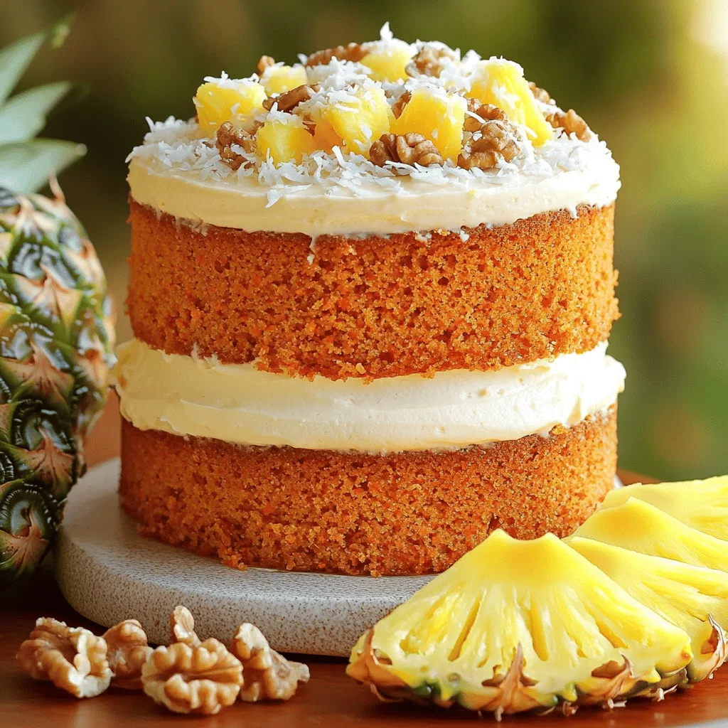 To make this delicious cake, you need: - 2 cups all-purpose flour - 1 ½ teaspoons baking powder - 1 teaspoon baking soda - 1 teaspoon ground cinnamon - ½ teaspoon ground nutmeg - ½ teaspoon salt - 1 cup granulated sugar - ½ cup brown sugar, packed - 1 cup vegetable oil - 4 large eggs - 2 cups finely grated carrots (about 4 medium carrots) - 1 cup crushed pineapple, drained - 1 teaspoon vanilla extract - ½ cup chopped walnuts or pecans (optional) - ½ cup shredded coconut (optional) You can add a few fun touches if you like: - ½ cup chopped walnuts or pecans adds crunch. - ½ cup shredded coconut gives a nice tropical flavor. Here’s what you will need to bake this cake: - Two 9-inch round cake pans - Mixing bowls - Whisk and spatula - Grater for carrots - Toothpick for testing doneness - Wire rack for cooling When you gather these ingredients and tools, you set the stage for a fantastic baking experience. This cake bursts with flavor and is perfect for any occasion. For the complete recipe, check out the Full Recipe section. Start by preheating your oven to 350°F (175°C). This temperature helps bake the cake evenly. Next, grease and flour two 9-inch round cake pans. You can also line them with parchment paper for easy removal later. In a medium bowl, sift together the dry ingredients: 2 cups of all-purpose flour, 1 ½ teaspoons of baking powder, 1 teaspoon of baking soda, 1 teaspoon of ground cinnamon, ½ teaspoon of ground nutmeg, and ½ teaspoon of salt. This step ensures your cake will rise well and have a smooth texture. Set this mixture aside. In a large mixing bowl, whisk together 1 cup of granulated sugar, ½ cup of brown sugar, and 1 cup of vegetable oil until they blend fully. This mix gives sweetness and moisture to the cake. Add 4 large eggs one at a time, beating well after each addition. Finally, stir in 1 teaspoon of vanilla extract. Gradually add the dry mixture to the wet ingredients. Stir gently until just mixed. Over-mixing can make the cake tough, so be careful. Now, fold in 2 cups of finely grated carrots, 1 cup of crushed pineapple (drained), and the optional ½ cup of chopped walnuts or pecans, plus ½ cup of shredded coconut. This adds a tropical twist and texture. Divide the batter evenly between the two cake pans. Place them in the oven and bake for 30-35 minutes. To check for doneness, insert a toothpick in the center. If it comes out clean, your cakes are ready! Let the cakes cool in the pans for 10 minutes. Then, carefully remove them and place them on a wire rack to cool completely. Cooling is important for frosting later. To frost the cake, start by making the cream cheese frosting. In a medium bowl, beat together 8 oz of softened cream cheese and ½ cup of softened unsalted butter until smooth. Gradually add 4 cups of powdered sugar, mixing well. Add 1 teaspoon of vanilla extract and 1-2 tablespoons of milk or cream. Adjust the milk for the right consistency. Once the cakes are cool, place one layer on a plate. Spread a layer of frosting on top. Place the second layer on top, then frost the top and sides of the cake. For a fun touch, garnish with toasted coconut or chopped nuts. Serve with fresh pineapple on the side for extra flavor. This step-by-step guide will help you create a delightful Tropical Pineapple Carrot Cake. For the full recipe, you can refer back to the ingredients and instructions shared earlier. Enjoy your baking adventure! To keep your cake moist and tasty, use fresh ingredients. Start with ripe carrots and juicy pineapple. Make sure to drain the pineapple well before adding it to the batter. This step prevents excess liquid from forming. Also, don’t over-bake. Check for doneness with a toothpick. It should come out clean but not dry. Finally, adding oil helps keep the cake moist. The vegetable oil in the recipe adds a rich texture. Grate your carrots finely for the best results. Use a box grater or a food processor for quick grating. Make sure to wash and peel them first. This step removes dirt and bitterness. You want about 2 cups of finely grated carrots. It helps the flavor blend well and keeps the cake soft. If you have leftover carrots, save them for salads or snacks. For a smooth frosting, make sure your cakes are cool. Spread a layer of cream cheese frosting on one cake layer. Place the second layer on top and frost the top and sides. Use a spatula to create swirls for a nice look. If you want a cleaner edge, use a bench scraper. Don’t forget to add extra toppings like toasted coconut or nuts for flair. This gives your cake a beautiful finish and adds texture. You can find the full recipe for the cake above. {{image_2}} You can easily make this cake gluten-free. Just swap the all-purpose flour for a gluten-free blend. Look for one that works well in baking. Many brands offer good options. Also, check the baking powder to ensure it's gluten-free. This way, everyone can enjoy a slice! To make a vegan version, replace the eggs with flaxseed meal. Mix one tablespoon of flaxseed meal with three tablespoons of water for each egg. Let it sit until it thickens. Use a plant-based oil, like coconut or canola oil. For the frosting, use vegan cream cheese and butter for a tasty vegan treat. Feel free to get creative with fruits and nuts! You can add raisins or dried cranberries for a sweet bite. Chopped pecans or macadamia nuts add a crunchy texture. For a tropical twist, try adding mango or shredded coconut. Experimenting with flavors makes the cake even more fun and exciting! For the full recipe, check out the recipe section above. To keep your Tropical Pineapple Carrot Cake fresh, wrap it well. Use plastic wrap or foil to cover the cake tightly. This helps keep the moisture in. Store it at room temperature for up to three days. If you want it to last longer, place it in the fridge. The cake will stay good for about a week in the fridge. Freezing is a great option for longer storage. First, let the cake cool completely. Then, slice it into pieces. Wrap each slice in plastic wrap, then place them in a freezer bag. This keeps the cake fresh for up to three months. When you’re ready to enjoy, take out a slice and let it thaw in the fridge overnight. You can serve this cake cold or warm it up. If you want it warm, preheat your oven to 350°F (175°C). Place the cake on a baking sheet. Heat it for about 10-15 minutes. Check it often to avoid drying out. If you prefer it cold, simply take it out of the fridge and enjoy as is. Both ways are tasty! For the full recipe, check out the instructions above. This cake gains its tropical vibe from the sweet pineapple and coconut. The crushed pineapple adds moisture and a burst of flavor, while shredded coconut brings texture. Together, they create a sunny taste that reminds you of warm beaches. Yes, you can use fresh pineapple! Just peel, core, and crush it before adding to the mix. Fresh pineapple may add a brighter taste. Make sure to drain any excess juice to keep the cake's texture right. When stored properly, this cake stays fresh for about 3 to 5 days. Keep it covered at room temperature if you plan to eat it soon. For longer storage, place it in the fridge. You can also freeze it for up to three months. Just wrap it well to prevent freezer burn. Enjoy your Tropical Pineapple Carrot Cake! You can find the full recipe above. This post covered how to make a tasty Tropical Pineapple Carrot Cake. You learned about key ingredients, preparation steps, and essential tools needed. I shared tips to keep your cake moist and techniques for perfect frosting. You also discovered variations like gluten-free and vegan options. In the end, baking this cake can bring joy to your table. Enjoy experimenting with flavors and making it your own!