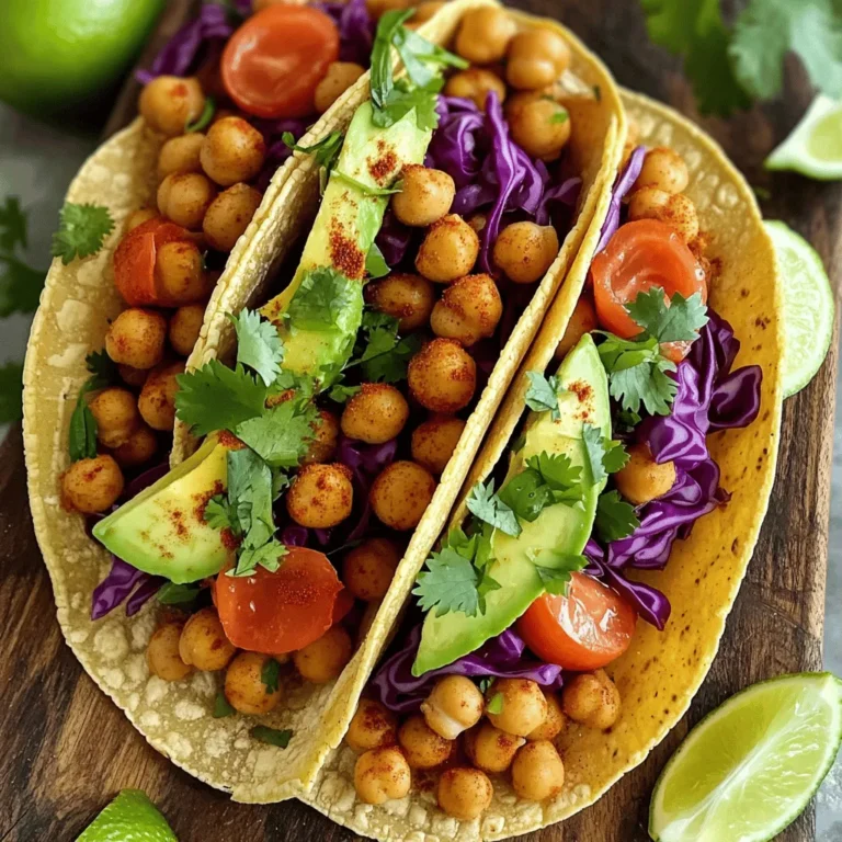 - 2 cans chickpeas - 2 tablespoons olive oil - 1 tablespoon chili powder - 1 teaspoon cumin - 1 teaspoon smoked paprika - ½ teaspoon cayenne pepper (adjust for spice preference) - 1 teaspoon garlic powder - Salt and pepper to taste - 8 small corn or flour tortillas - 1 avocado, sliced - 1 cup shredded purple cabbage - 1 cup diced tomatoes - ¼ cup fresh cilantro, chopped - 2 tablespoons lime juice The main ingredients create a tasty taco. Chickpeas are the star here. They give protein and fiber. Olive oil helps in cooking and adds flavor. Spices like chili powder and cumin bring the heat and depth. Smoked paprika adds a hint of smokiness. Cayenne pepper boosts the spice level, so adjust as you like. Garlic powder gives an extra kick. - Sliced jalapeños for heat - Crumbled feta or queso for creaminess - Diced red onion for crunch - Avocado crema or sour cream for richness - Salsa verde for a flavor twist You can add extra toppings to make your tacos unique. Sliced jalapeños add more spice if you like it hot. Feta or queso gives a creamy touch. Diced red onion adds a nice crunch. Avocado crema or sour cream makes it rich and smooth. Salsa verde adds a fresh flavor that brightens the dish. - Skillet - Mixing bowl - Serving platter You will need some basic tools to make these tacos. A skillet cooks the chickpeas until crispy. A mixing bowl helps you toss the chickpeas with oil and spices. A serving platter makes it easy to present your tacos. For the full recipe, check out the link above. To start, I toss the drained and rinsed chickpeas in a large bowl. I add olive oil, chili powder, cumin, smoked paprika, cayenne pepper, garlic powder, salt, and pepper. Make sure the chickpeas are well coated. This mix gives them a nice kick! Next, I heat a non-stick skillet on medium-high heat. I add the seasoned chickpeas and sauté them for about 8 to 10 minutes. Stir occasionally to avoid burning. The goal is to make them crispy on the outside. You'll know they’re ready when they look golden and smell amazing. While the chickpeas cook, I warm the tortillas. I use a separate skillet for this step. I place each tortilla in the skillet for about 30 seconds on each side. They should feel soft and pliable. If you don’t have corn or flour tortillas, you can use lettuce leaves or whole grain wraps. These options add a nice twist to the dish! Now it’s time to build the tacos! I lay a warm tortilla flat on a plate. I scoop a generous amount of the spicy chickpeas onto the tortilla. Next, I layer on shredded purple cabbage, diced tomatoes, and sliced avocado. For a fresh touch, I drizzle lime juice over the top and sprinkle chopped cilantro. Finally, I serve the tacos warm. For a fun presentation, I like to serve them on a wooden board, along with lime wedges and extra cilantro. This makes the meal look colorful and inviting. Enjoy your delicious spicy chickpea tacos! For the full recipe, check out the details above! To achieve extra crispy chickpeas, drain and rinse them well. Pat them dry with a towel. The drier they are, the crispier they get. Heat a non-stick skillet over medium-high heat. Add the seasoned chickpeas and cook them for about 8-10 minutes. Stir them often to ensure even cooking. You want them golden brown and crunchy. Adjusting spice levels is easy. If you like it mild, cut the cayenne pepper in half. You can also add more chili powder for flavor without too much heat. For a spicy kick, keep the cayenne pepper as is. You can even sprinkle a bit more on top after cooking if you want extra heat. For side dishes, consider serving your tacos with a fresh salad. A simple green salad with a light vinaigrette pairs well. You can also offer rice or quinoa on the side for a hearty meal. These add great texture and flavor. When it comes to beverages, try pairing these tacos with a light beer or a refreshing lime soda. The citrus from the drink complements the spices in the tacos. You could also serve a fruity iced tea for a sweet balance. To store leftover tacos, place them in an airtight container. Keep the chickpeas and toppings separate from the tortillas. This helps keep everything fresh. Store them in the fridge for up to three days. For reheating, warm the chickpeas in a skillet over medium heat. This brings back their crispiness. You can also microwave them in short bursts, but they may lose some crunch. Heat the tortillas in a dry skillet for 30 seconds on each side before serving. {{image_2}} You can easily swap out ingredients in this recipe. Try using different legumes like black beans or lentils. They add unique flavors and textures. You can also use proteins like shredded chicken or tofu for variety. If you want a vegan version, stick with chickpeas or beans. For gluten-free options, choose corn tortillas instead of flour. To change the flavor, adjust the spices. Add more cayenne for heat or smoked paprika for a deeper taste. You can mix in ingredients like lime zest or fresh herbs for brightness. Try different sauces or toppings. A creamy avocado sauce or spicy salsa can elevate your tacos. Get creative by adding flavors from other cuisines. For a Mediterranean twist, use feta cheese and olives. For a Thai-inspired taco, add peanut sauce and shredded carrots. Each region has its own taco styles. For example, in Mexico, try adding pickled onions or radishes for crunch. There are endless ways to make these tacos your own. Check the Full Recipe for more ideas! Spicy chickpea tacos are not just tasty; they are also good for you. Here’s a simple look at their nutrition: - Calories: About 350 per serving - Protein: Roughly 12 grams - Fats: Around 10 grams - Carbs: Approximately 50 grams Chickpeas are a star ingredient here. They offer many health benefits: - High in protein, which helps build muscles. - Packed with fiber, aiding digestion. - Full of vitamins and minerals, boosting your immunity. If you want to lower calories or carbs, here are some ideas: - Low-Calorie Options: Use less oil or skip it. You can also add more veggies. - Low-Carb Alternatives: Try lettuce wraps instead of tortillas. For allergen considerations, ensure your tortillas are allergen-free. Check labels on sauces and toppings too. Managing portions helps with any diet plan. Here are some tips: - Serving Sizes: One or two tacos per person is a good start. - Portion Control: Use smaller tortillas or measure chickpeas to keep track. These tips can help you enjoy your spicy chickpea tacos while staying on track with your health goals. For the full recipe, check the earlier section. How to make chickpea tacos from scratch? To make chickpea tacos from scratch, start by seasoning your chickpeas. Use olive oil, chili powder, cumin, and other spices. Toss them well in a bowl. Next, cook them in a skillet until crispy. Warm your tortillas on another skillet. Finally, fill the tortillas with chickpeas and your favorite toppings. Can I use dried chickpeas instead of canned? Yes, you can use dried chickpeas. Just soak them overnight and cook until tender. Then, follow the same steps for seasoning and cooking. This method takes longer but can enhance the flavor. How long can I store spicy chickpea tacos? You can store leftover spicy chickpea tacos in an airtight container for up to three days. The chickpeas may lose some crispiness, but the taste stays great. What's the best way to reheat leftover tacos? Reheat tacos in a skillet over medium heat. This helps keep the tortillas soft and warms the filling evenly. You can also microwave them for a quick option, but be careful not to overheat. How many tacos per person? I recommend two to three tacos per person. This will depend on your guests and their appetites. Are spicy chickpea tacos a good meal prep option? Yes, spicy chickpea tacos are a fantastic meal prep choice. You can prepare the chickpeas ahead of time and store them separately from the tortillas. This makes quick meals easy throughout the week. For the full recipe, check the earlier sections! In this post, we explored how to make tasty spicy chickpea tacos. We discussed the main and optional ingredients, key equipment, and step-by-step instructions. I also shared tips for perfecting your tacos and ideas for mixing things up with different flavors. Remember, you can customize your tacos to suit your tastes and dietary needs. Enjoy experimenting with new variations! These tacos are not only delicious but also healthy, making them a great choice for any meal.