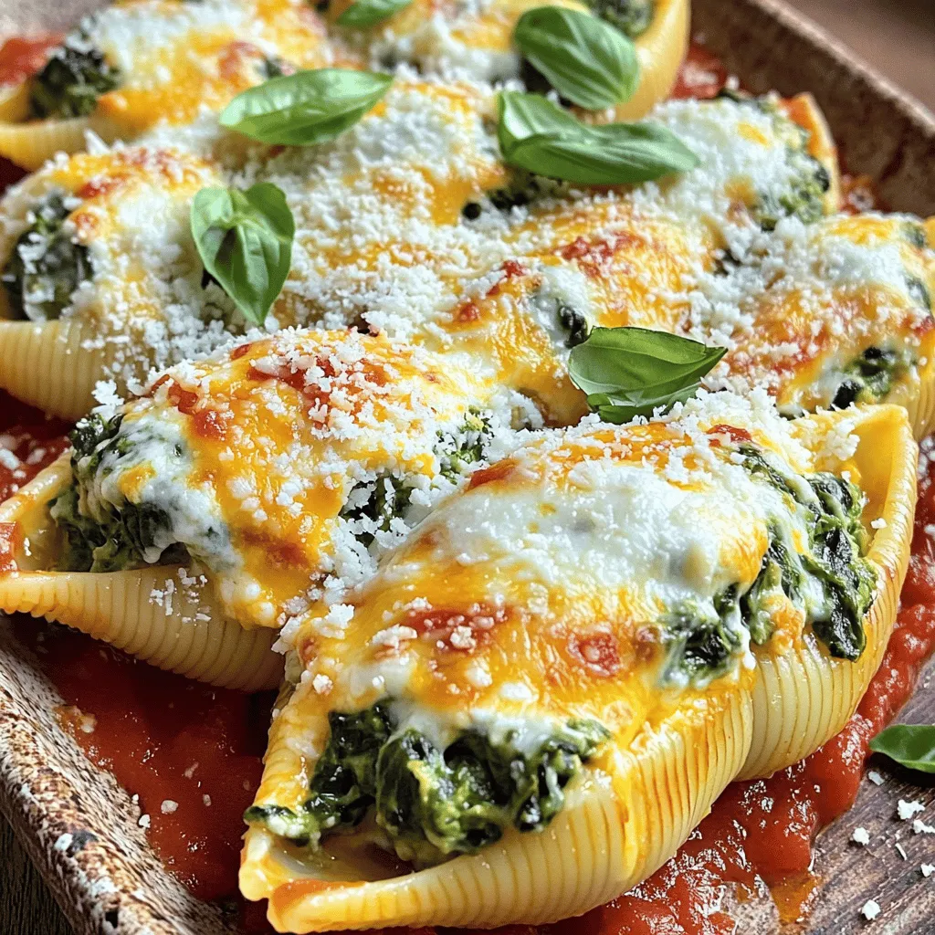 - 20 jumbo pasta shells - 2 cups fresh spinach, chopped - 1 cup ricotta cheese - 1 cup shredded mozzarella cheese - ½ cup grated Parmesan cheese - 1 egg - 2 cups marinara sauce - 1 teaspoon garlic powder - 1 teaspoon onion powder - Salt and pepper to taste - Fresh basil, for garnish Each ingredient plays a key role in making cheesy spinach stuffed shells delightful. The jumbo pasta shells hold the rich filling. Spinach adds color and nutrition. Ricotta cheese brings creaminess, while mozzarella and Parmesan offer that gooey, melty texture. The egg binds everything, making the filling stable. Marinara sauce adds a tangy flavor that balances the richness of the cheese. Garlic and onion powders enhance the taste without overpowering it. - Caloric breakdown per serving: About 400 calories - Macronutrient details: - Protein: 20g - Carbohydrates: 45g - Fat: 15g Knowing the nutritional facts helps you enjoy your meal guilt-free. These cheesy spinach stuffed shells provide a good amount of protein and carbs. They are rich in flavors but also filling. You can enjoy them as a main dish or a side. 1. Preheat the Oven: Start by preheating your oven to 375°F (190°C). This helps cook the dish evenly. 2. Cook the Pasta Shells: Bring a large pot of salted water to a boil. Add the jumbo shells and cook them until they are al dente. This usually takes about 10-12 minutes. Drain and set them aside to cool. 3. Prepare the Filling: In a large bowl, mix together the chopped spinach, ricotta cheese, half of the mozzarella cheese, Parmesan cheese, egg, garlic powder, onion powder, salt, and pepper. Stir until you have a creamy filling. It should look smooth and well combined. 4. Stuffing the Pasta Shells: Take each cooled pasta shell and fill it generously with the spinach-cheese mixture. Make sure to pack it in well; you want them to be full. 5. Assemble the Dish: Spread 1 cup of marinara sauce on the bottom of a baking dish. Arrange the stuffed shells on top. Pour the remaining marinara sauce over the shells. Finally, sprinkle the rest of the mozzarella cheese on top for that gooey finish. 6. Covering and Baking Time: Cover the baking dish with aluminum foil. Bake in the preheated oven for 25 minutes. This keeps the shells moist while baking. 7. Final Steps to Achieve Golden Cheese: After 25 minutes, remove the foil and bake for another 10-15 minutes. This allows the cheese to become bubbly and golden. Once done, let it sit for 5 minutes before serving. Enjoy the rich flavors and creamy texture of your cheesy spinach stuffed shells! For the full recipe, check out the complete guide. - How to avoid undercooked pasta shells: Always use a large pot with plenty of water. Add salt to the boiling water for flavor. Cook the shells until they are al dente. This means they should be firm but not hard. Drain them carefully. Rinse with cold water to stop the cooking. This step helps to keep the shells intact for stuffing. - Ensuring a creamy filling: For a smooth filling, mix ricotta cheese well with the other ingredients. Blend the spinach into small pieces. This way, you get a nice, even texture. Adding an egg binds the filling together. Don't skimp on the cheese; it makes everything creamier. - Garnishing suggestions: After baking, sprinkle fresh basil on top for color and flavor. You can also add more Parmesan cheese for a cheesy finish. A drizzle of olive oil adds shine and richness. - Serving guidelines: Serve the stuffed shells on a large platter. Arrange them neatly to show off the filling. Keep some extra marinara sauce on the side for dipping. - Preparing components in advance: You can cook the shells and make the filling a day ahead. Store them separately in the fridge. This saves time when you're ready to bake. Just stuff the shells and assemble the dish. - Using store-bought marinara sauce: If you're short on time, use a good quality store-bought marinara. It tastes great and cuts down on prep time. Just pour it over the shells before baking for a quick yet delicious meal. For the full recipe, don't forget to check out the detailed instructions and tips provided! {{image_2}} You can easily modify this dish to suit your needs. For a vegan option, swap out the cheese and egg for plant-based alternatives. Use tofu or cashew cheese to create a creamy filling. Nutritional yeast can give a cheesy flavor too. For a gluten-free version, choose gluten-free jumbo pasta shells. They work just as well and taste great. You can change the flavor profile by adding different cheeses. Try goat cheese or feta for a tangy twist. Mixing in some smoked gouda can add a rich depth. Fresh herbs like thyme or oregano can brighten the dish. A sprinkle of crushed red pepper flakes will add a nice kick. Feel free to experiment with the filling. You can use other vegetables like mushrooms, zucchini, or bell peppers. Roasted veggies bring a lovely sweetness. If you want meat, ground turkey or beef makes a hearty filling. Just cook the meat first and mix it with the cheese and spinach. The Full Recipe will guide you through the basics, but these variations let you get creative! To keep your cheesy spinach stuffed shells fresh, follow these tips: - Refrigeration: Place leftovers in an airtight container. They can last up to three days. Make sure the shells are cool before sealing. - Freezing: For longer storage, freeze the stuffed shells. Wrap each shell individually in plastic wrap. Place them in a freezer-safe bag. They can last up to three months. Reheating the dish can be easy with a few tips: - Oven: Preheat your oven to 350°F (175°C). Place the shells in a baking dish. Add a splash of marinara sauce to keep them moist. Cover with foil and heat for about 20-25 minutes. This method keeps the shells cheesy and flavorful. - Microwave: For quick reheating, use the microwave. Place one or two shells on a plate. Cover with a damp paper towel. Heat for 1-2 minutes. Check if they are warm throughout. This method is faster but may make the texture less crisp. These steps help your cheesy spinach stuffed shells stay tasty and enjoyable! How long can I store the stuffed shells in the refrigerator? You can store cheesy spinach stuffed shells in the fridge for up to three days. Just make sure to keep them in an airtight container. When you want to eat them, reheat them in the oven for best results. Can I use different types of cheese for this recipe? Yes, you can! Feel free to mix or match cheeses. Try using goat cheese, feta, or even a bit of cheddar. Each cheese brings its own flavor to the dish. What can I serve with cheesy spinach stuffed shells? These stuffed shells pair well with a simple side salad or garlic bread. A light tomato salad also complements the dish nicely. You can even add a sprinkle of red pepper flakes for a kick. Can I make the filling ahead of time? Absolutely! You can prepare the filling a day before. Just store it in the fridge until you are ready to stuff the shells. What is the best way to cook jumbo pasta shells? To cook jumbo shells, boil them in salted water. Follow the package instructions for timing. Make sure to cook them until they are al dente. This keeps them from breaking when you stuff them. Can I scale the recipe for larger servings? Yes, you can easily double the recipe. Just increase all the ingredients proportionally. This is great for family gatherings or dinner parties. How can I make this recipe spicier? To spice things up, add crushed red pepper flakes to the filling. You can also mix in some spicy sausage or jalapeños for an extra kick. Adjust the heat level to your taste! Cheesy spinach stuffed shells are easy and tasty. We covered ingredients, step-by-step instructions, and helpful tips. You learned how to customize your dish and store leftovers. These shells are great for family dinners or gatherings. With variations for diets, you can fit anyone's taste. Cook, share, and enjoy this dish. Happy cooking!