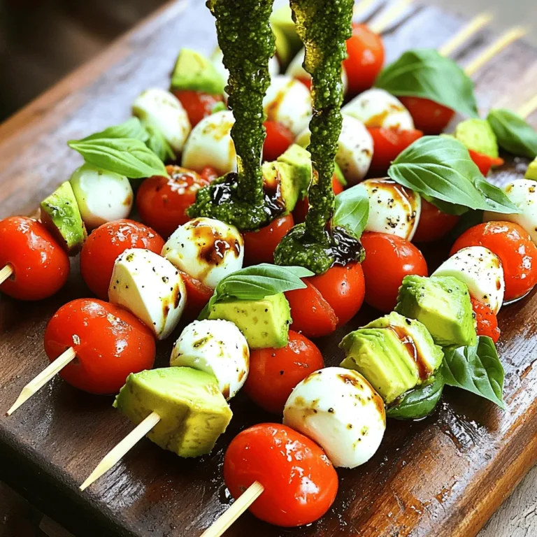 - 1 pint cherry tomatoes, halved - 8 ounces fresh mozzarella balls (bocconcini) - Fresh basil leaves - 1 avocado, diced The heart of your Caprese salad skewers lies in the freshness of your ingredients. I love using ripe cherry tomatoes. They are sweet and juicy, a perfect match for the creamy mozzarella. The mozzarella balls add a rich texture, while fresh basil leaves bring a bright, herbal note. Diced avocado adds creaminess and healthy fats. Together, these ingredients create a simple yet delightful flavor. - 1 tablespoon balsamic glaze - 1/4 cup olive oil - 1/4 cup pine nuts - 1 clove garlic, minced Balsamic glaze is a must-have for drizzling on your skewers. It adds a sweet and tangy kick that balances the dish. Olive oil enhances the flavors and gives a smooth finish. Pine nuts add a nice crunch, while minced garlic adds depth. These staples will elevate your skewers and make them memorable. - Salt and pepper to taste - Juice of half a lemon Salt and pepper enhance all the flavors. A touch of lemon juice brightens the dish. It’s amazing how these simple seasonings can make your Caprese skewers sing. Always taste as you go to get the perfect balance. For the full recipe, check out my detailed guide on making Caprese Salad Skewers with a Basil Pesto Drizzle. Ingredients for the basil pesto: - 1/2 cup fresh basil leaves - 1/4 cup pine nuts - 1 clove garlic, minced - Juice of half a lemon - 1/4 cup olive oil - Pinch of salt To make basil pesto, start with the fresh basil leaves. Add them to a food processor. Next, toss in the pine nuts, minced garlic, and lemon juice. Process these ingredients for a few seconds until they blend well. While the processor runs, slowly pour in the olive oil. This helps achieve a smooth texture. When done, taste it and add salt if needed. How do you thread the ingredients onto skewers? It's easy! Take your wooden skewer and start with a cherry tomato half. Next, add a mozzarella ball. Follow this with a fresh basil leaf and a piece of diced avocado. Repeat this until you use all your ingredients. Remember to leave space at both ends of the skewer for easy handling. To balance flavors, mix the ingredients well. The sweet tomato pairs great with the creamy mozzarella. The fresh basil adds a pop of flavor, while avocado gives it creaminess. This mix creates a well-rounded bite. Once your skewers are ready, sprinkle them lightly with salt and pepper. This really boosts the taste. Next, grab your balsamic glaze. Use a spoon to drizzle it over the skewers. This adds a sweet and tangy kick. Serve the skewers on a platter. Drizzle the basil pesto over them for extra flavor. You can also keep some pesto on the side for dipping. For the full recipe, check out the detailed instructions above. Enjoy your Caprese salad skewers! For the best Caprese salad skewers, focus on balance. Start with a cherry tomato, then add a mozzarella ball, a basil leaf, and some avocado. This order gives each bite a mix of flavors. Make sure to leave some space at the ends of the skewer. This makes them easy to hold. If you plan to serve them later, store the skewers in the fridge. Cover them with plastic wrap to keep them fresh. To impress your guests, plate your skewers with care. Lay them out on a nice platter in a fan shape. Drizzle the pesto and balsamic glaze over the top. This adds color and flair. You can serve these skewers with a crisp salad or some crusty bread. For drinks, pair them with a light white wine or sparkling water. This combination brings out the fresh flavors. Feel free to get creative! You can add more ingredients to your skewers. Try adding olives or roasted peppers for a twist. You can also use different herbs. Oregano or thyme can add new flavors. If you want more spice, sprinkle red pepper flakes on top. These small changes can make a big difference. The goal is to make the dish your own! For the full recipe, check the link above. {{image_2}} You can switch mozzarella for burrata. Burrata offers a creamy texture that makes each bite richer. You can also add grilled vegetables like zucchini or bell peppers for a smoky flavor. Shrimp is another great option. It adds protein and pairs well with the other flavors. Try different glazes or dressings to change the taste. A honey balsamic glaze adds sweetness. You might also use a lemon vinaigrette for a fresh twist. Flavored oils can enhance the dish, too. Try using garlic-infused olive oil for an extra layer of flavor. Use skewers for special occasions. For a picnic, you might use bamboo skewers. They are easy to transport and look nice. Colorful skewers make your dish pop visually. You can mix and match bright colors to attract guests. This makes the dish fun and engaging. To store leftover skewers, place them in an airtight container. This keeps them fresh. Make sure to put a piece of parchment paper between layers. This helps avoid sticking. You can keep them in the fridge for up to two days. To keep the pesto fresh, store it in a small jar. Add a thin layer of olive oil on top. This creates a seal and keeps it from browning. Use it within a week for the best flavor. Can you freeze assembled skewers? I do not recommend it. The fresh tomatoes and mozzarella may change texture. Instead, refrigerate them for the best taste. Freezing is not the same as refrigeration. When you freeze food, it can lose its flavor and texture. Stick to refrigerating your skewers for fresh taste. To reheat skewers, use the oven. Preheat it to 350°F. Place the skewers on a baking sheet. Heat for about 5 to 10 minutes. This warms them while keeping their taste. Avoid using the microwave. It can make the cheese tough and the veggies mushy. Enjoy your Caprese salad skewers warm and tasty! For the full recipe, check out the detailed instructions above. Yes, you can prepare these skewers ahead of time. I suggest making them a few hours before serving. To store, cover them tightly with plastic wrap or place them in an airtight container. Keep them in the fridge until you're ready to serve. This keeps the flavors fresh and vibrant. These skewers pair well with a variety of dishes. Try serving them with a fresh green salad or a light pasta. For drinks, consider offering sparkling water or a crisp white wine. Both options bring out the flavors of the skewers nicely. Caprese Salad Skewers stay good in the fridge for about two days. After that, the ingredients may lose their freshness. Always check for any signs of spoilage before eating. Safety first! When assembling skewers, start by threading a cherry tomato half, then a mozzarella ball, and a basil leaf. Avoid overpacking them; leave a little space on each end for easy handling. This helps to keep everything intact and makes them easy to grab. Caprese salad skewers are fresh, tasty, and easy to make. We explored ingredients, including tomatoes, mozzarella, and basil. I shared steps for making basil pesto and assembling your skewers. You also learned tips for perfecting flavor balance and presentation. In conclusion, enjoy experimenting with this dish. Whether you stick to the basics or get creative, caprese skewers will impress your guests. Keep practicing, and soon you'll master this delightful appetizer.