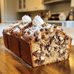 The ingredients for my chocolate chip banana bread are simple and easy to gather. Here’s what you need: - 3 ripe bananas, mashed - 1/2 cup granulated sugar - 1/4 cup brown sugar - 1/2 cup melted coconut oil - 2 large eggs - 1 teaspoon vanilla extract - 1 teaspoon baking soda - 1/4 teaspoon salt - 1 1/2 cups all-purpose flour - 1/2 cup semi-sweet chocolate chips - 1/2 cup chopped walnuts (optional) Each ingredient plays a role. The bananas make the bread moist and sweet. The sugars give it a nice caramelized taste. Coconut oil adds richness and flavor. Eggs help bind everything together. Baking soda makes it rise, while salt boosts taste. Flour provides structure. Chocolate chips add a sweet touch, and walnuts give a nice crunch. For the full experience, don't forget to check the Full Recipe. Happy baking! 1. Preheat your oven to 350°F (175°C). This is key for even baking. 2. Prepare a 9x5 inch loaf pan by greasing it or lining it with parchment paper. This helps with easy removal later. 3. In a large bowl, mash the ripe bananas until smooth. Use a fork for best results. 4. Add 1/2 cup granulated sugar and 1/4 cup brown sugar to the bananas. Mix until well combined. 5. Stir in 1/2 cup melted coconut oil. Then, add 2 large eggs and 1 teaspoon vanilla extract. Mix until everything is evenly blended. 1. Sprinkle 1 teaspoon baking soda and 1/4 teaspoon salt over the banana mixture. Stir until well combined. 2. Gradually add 1 1/2 cups all-purpose flour. Fold it gently into the wet mixture. Don't worry if there are a few lumps; this is normal! 3. Finally, fold in 1/2 cup semi-sweet chocolate chips. If you like, add 1/2 cup chopped walnuts for crunch. Make sure they’re spread evenly throughout the batter. 1. Pour the batter into your prepared pan. Smooth the top with a spatula to make it nice. 2. Bake in the preheated oven for 55-65 minutes. To check if it's done, insert a toothpick into the center. If it comes out clean, it’s ready! 3. Once baked, let the bread cool in the pan for about 10 minutes. This helps it set and makes it easier to remove. Then, transfer it to a wire rack to cool completely. For the full recipe, refer to the ingredients and steps above. Enjoy your baking adventure! To make perfect banana bread, follow these tips: - Use ripe bananas: They should be very soft with brown spots. This gives the best flavor. - Mix gently: When adding flour, fold it in slowly. Lumps are okay; over-mixing makes bread tough. - Check for doneness: Insert a toothpick in the center. If it comes out clean, your bread is done. You can boost the flavor of your bread with these ideas: - Add spices: A pinch of cinnamon or nutmeg adds warmth and depth. - Store chocolate chips: Keep extra chocolate chips in the fridge. They stay fresh and can be added on top before baking. Here are some fun ways to serve your chocolate chip banana bread: - Warm slices: Serve with whipped cream or a scoop of vanilla ice cream for a treat. - Pair with drinks: Enjoy with coffee, hot chocolate, or a glass of milk for a cozy snack. {{image_2}} You can change a few ingredients to make your banana bread unique. For oil, try coconut oil or butter. Coconut oil gives a light, tropical flavor. Butter adds a rich, creamy taste. Both work well, so choose what you like best. For sweeteners, consider using alternatives to brown sugar. Honey or maple syrup can add a different sweetness. You can also use coconut sugar for a lower glycemic index. Each option gives a new twist to your loaf. If you need gluten-free options, swap the all-purpose flour for a gluten-free blend. Many brands work well with banana bread. Just make sure it includes xanthan gum for the right texture. For vegan modifications, replace eggs with flax eggs. Mix one tablespoon of flaxseed meal with three tablespoons of water. Let it sit until it thickens. For dairy-free, use almond or oat milk instead of regular milk. These swaps keep your bread soft and tasty. You can play with flavors by using different types of chocolate. Dark chocolate gives a rich taste, while milk chocolate is sweeter. You can also mix both for a fun contrast. Adding fruits or other mix-ins can elevate your banana bread. Try chopped nuts, dried fruit, or even peanut butter. Each addition brings a new flavor and texture. For the full recipe, check out the section above. To keep your chocolate chip banana bread fresh, follow these tips: - Cool Completely: Let the bread cool on a wire rack. This stops steaming, which makes the bread soggy. - Wrap Properly: Wrap the bread tightly in plastic wrap or aluminum foil. This helps keep it moist. - Use an Airtight Container: Store the wrapped bread in an airtight container. This keeps it fresh longer. - Room Temperature: You can store banana bread at room temperature for about 3 to 5 days. Keep it in a cool, dark place. If you live in a humid area, consider refrigeration to prevent mold. However, this might dry the bread out. Freezing banana bread is easy and increases its shelf life. Here’s how to do it: - Slice First: Cut the bread into slices. This makes it easier to thaw just what you need. - Wrap Each Slice: Wrap each slice in plastic wrap. Then, place them in a freezer bag. Make sure to remove as much air as possible. - Label the Bag: Write the date on the bag. This helps you remember how long it’s been in the freezer. To thaw frozen banana bread, simply take it out of the freezer. Leave it at room temperature for about 30 minutes. If you want it warm, you can reheat slices in the microwave for about 15-20 seconds. This way, the chocolate chips will melt a bit, making it even tastier! How ripe should the bananas be for the best flavor? You want your bananas to be very ripe. Look for bananas that are brown and soft. They should have brown spots all over. This means they are sweet and will give your bread the best flavor. Can I use frozen bananas for this recipe? Yes, you can use frozen bananas! Just thaw them first. Drain any extra liquid before mashing. Frozen bananas work great and add natural sweetness to your bread. My banana bread is too dense; what went wrong? If your banana bread is dense, you might have over-mixed the batter. Mix just until you see no flour. Also, make sure your baking soda is fresh. Old baking soda can affect the rise. What to do if my banana bread is undercooked? If your banana bread is undercooked, put it back in the oven. Cover it with foil to prevent burning. Bake it for an extra 10-15 minutes. Check with a toothpick to see if it’s done. How long does homemade banana bread last? Homemade banana bread lasts about 3-4 days at room temperature. Keep it in an airtight container. You can also refrigerate it for longer freshness, up to a week. What are some creative uses for leftover banana bread? You can make banana bread French toast. Slice it and dip in egg mix before cooking. You can also use it for bread pudding or even smoothies. It adds a nice flavor! This blog post covered how to make tasty banana bread using simple steps and ingredients. You learned about the key ingredients, from ripe bananas to chocolate chips and walnuts. I shared tips for baking, storage, and fun variations. Now, you can create this delight in your own kitchen. Enjoy sharing it with others or savoring it yourself. With practice, your banana bread will be a hit every time!