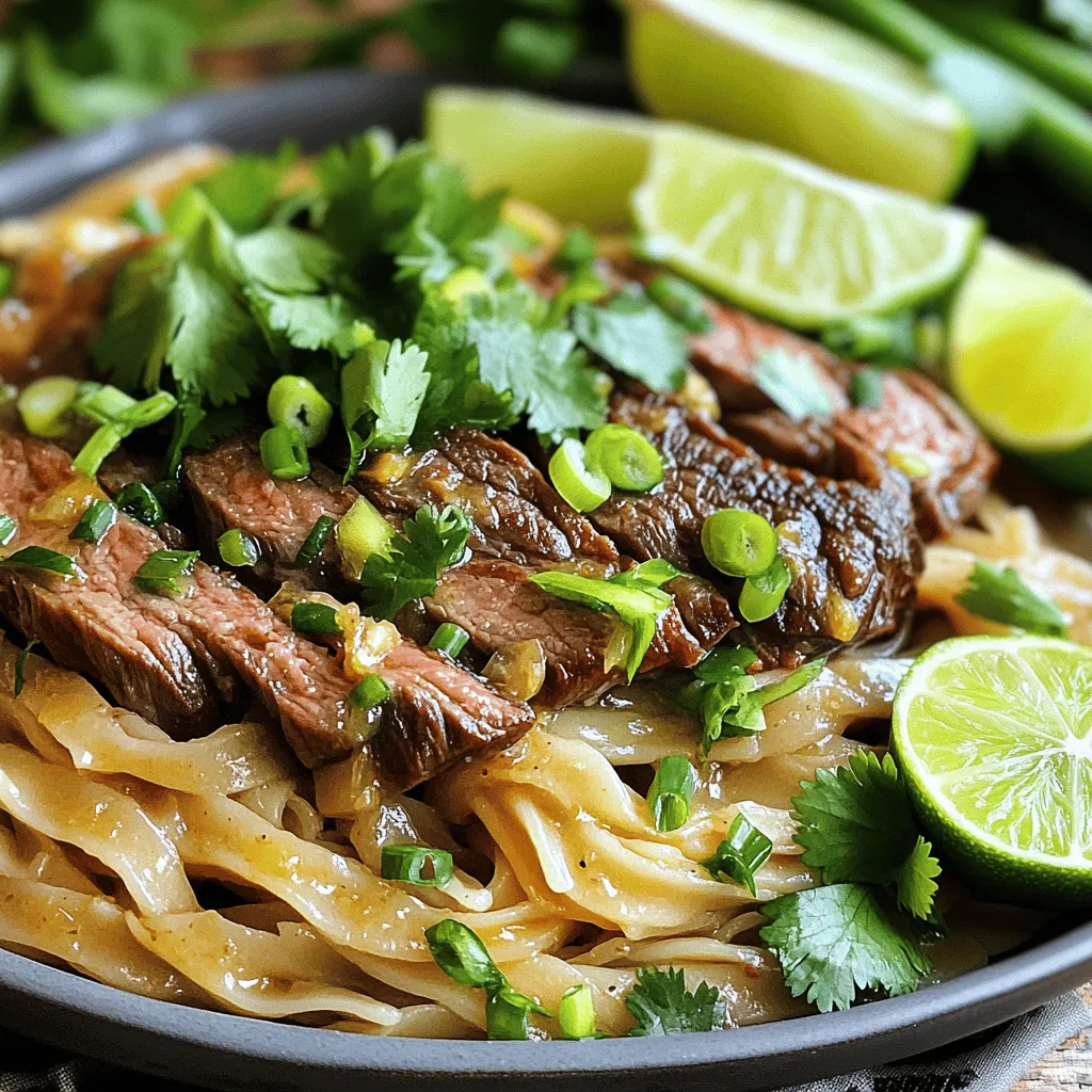 - 8 oz wide rice noodles - 1 lb flank steak, thinly sliced against the grain - 4 tablespoons unsalted butter - 6 cloves garlic, minced - 2 green onions, chopped - 2 tablespoons soy sauce - 1 tablespoon oyster sauce - 1 tablespoon sesame oil - 1 teaspoon red pepper flakes (adjust to taste) - Salt and pepper to taste - Fresh cilantro, for garnishing - Lime wedges, for serving Garlic butter steak noodles are rich and full of flavor. You need simple ingredients to create this amazing dish. First, let’s talk about the noodles. I always choose wide rice noodles because they soak up the sauce well. Next is the flank steak. Cutting it against the grain makes it tender and easy to chew. Butter plays a big role here. It adds richness and helps to carry the garlic flavor. Speaking of garlic, I use fresh minced garlic for the best taste. The green onions add a nice crunch and bright color to the dish. The sauces bring everything together. Soy sauce adds saltiness, while oyster sauce brings a deep umami flavor. Sesame oil gives a nutty touch that rounds out the taste. Adjust the red pepper flakes based on your spice level. Finally, fresh cilantro and lime wedges bring freshness and zest. They make each bite even better. For the full recipe, refer to the top of the article. - Substitute with chicken or shrimp - Use gluten-free noodles - Add vegetables like bell peppers or snap peas You can switch up the protein if you're not in the mood for steak. Chicken or shrimp also works great. If you need gluten-free options, try rice noodles or other gluten-free brands. Adding vegetables like bell peppers or snap peas not only makes the dish colorful but also boosts nutrition. Feel free to get creative! - Caloric content per serving - Macronutrient breakdown (protein, fats, carbs) This dish packs flavor but is also a good source of nutrients. Each serving has a solid amount of protein from the steak. The butter adds healthy fats, and the noodles provide carbs for energy. - Bringing water to a boil: Start by filling a large pot with water. Place it on high heat and bring it to a rolling boil. This step is key for perfectly cooked noodles. - Cooking noodles to al dente: Add 8 oz of wide rice noodles to the boiling water. Cook them according to the package instructions until they are al dente. This usually takes about 5 to 7 minutes. - Draining and rinsing: Once cooked, drain the noodles in a colander. Rinse them under cold water. This stops them from cooking further and prevents sticking. Set the noodles aside for later. - Preparing the flank steak: Take 1 lb of flank steak and slice it thinly against the grain. This helps make the steak tender. Pat the slices dry with a paper towel. - Heat and butter recommendation: In a large skillet, add 1 tablespoon of unsalted butter. Heat it over medium-high heat until it sizzles. The butter adds rich flavor to the steak. - Cooking instructions for perfect steak: Place the steak slices in the hot skillet in a single layer. Cook for about 2 to 3 minutes on each side until they are nicely browned. This locks in the juices. Remove the steak from the skillet and set it aside. - Incorporating garlic and red pepper flakes: In the same skillet, add the remaining 3 tablespoons of butter after removing the steak. Once melted, add 6 cloves of minced garlic and 1 teaspoon of red pepper flakes. - Timing for best flavor: Sauté the garlic and red pepper flakes for about 1 minute. This brings out their flavors. Be careful not to burn the garlic, as it can turn bitter. - Combining butter and seasonings: After the garlic is fragrant, it’s time to combine everything. Add the cooked noodles to the skillet. Toss them in the garlic butter sauce. Stir in 2 tablespoons of soy sauce, 1 tablespoon of oyster sauce, and 1 tablespoon of sesame oil. Make sure the noodles are well coated. For the full recipe, make sure to check it out for all the steps! - Recommended cooking temperatures: I suggest cooking flank steak to medium-rare. Aim for 130°F to 135°F. This temperature gives a tender and juicy bite. Use a meat thermometer to check. - How to check steak doneness: Use the touch method for a quick check. Press the center of the steak. If it feels soft, it is rare. Firmness means well done. This helps you know when to take it off the heat. - Resting the steak for better flavor: After cooking, let the steak rest for five to ten minutes. This allows the juices to settle. Cutting too soon can dry it out. You want every bite to burst with flavor. - Adding extra seasonings for depth of flavor: Try a splash of Worcestershire sauce or a pinch of smoked paprika. These add layers to the dish. You can mix and match to find your favorite taste. - How to adjust spiciness to preference: Start with one teaspoon of red pepper flakes. Taste and add more if you like it spicy. You control the heat in your garlic butter sauce. - Importance of fresh ingredients: Use fresh garlic and green onions for the best flavor. Fresh herbs make a big difference. Their taste pops and enhances your dish. - Best presentation practices: Serve your noodles in large, colorful bowls. This makes the meal inviting. Add bright green onions and cilantro on top for a pop of color. - Side dish recommendations: Pair with a simple salad or steamed veggies. These sides balance the rich flavors of the noodles. You can also serve it with crusty bread for dipping. - Pairing beverages for the meal: Enjoy this dish with a cold beer or a light red wine. Both will complement the garlic butter sauce well. If you prefer non-alcoholic, try sparkling water with lime. For the full recipe, refer to the instructions above. {{image_2}} You can switch up the protein in this dish for variety. - Chicken as a substitution: Slice chicken breast thinly. Cook it the same way as the steak. Chicken pairs well with the garlic butter. - Using seafood for a different twist: Shrimp or scallops work great here. Sauté them until just cooked, then mix with the noodles. The garlic butter adds a nice touch. - Vegetarian options with tofu: Use firm tofu for a meatless meal. Cube it and pan-fry until golden. Toss it in the garlic sauce with the noodles. Get creative with the flavors in your garlic butter steak noodles. - Asian-inspired tweaks: Try adding ginger or five-spice powder. These ingredients can enhance the dish’s taste. - Adding heat with different spices: If you like it spicy, add chili garlic sauce or sriracha. Adjust the red pepper flakes to your taste. - Experimenting with sauces: Swap the soy sauce for teriyaki or hoisin sauce. This will give your dish a new profile. You can also change the noodles for different textures and tastes. - Using other types of noodles: Udon or egg noodles are excellent choices. They offer a chewier texture that many enjoy. - Gluten-free alternatives overview: Rice noodles are perfect for gluten-free diets. You can also find gluten-free pasta options. - Cooking times for different noodles: Check the package instructions. Cooking times can vary based on the noodle type. Always test for doneness! For more details on making this dish, check the Full Recipe. To keep your garlic butter steak noodles fresh, use airtight containers. Glass or plastic containers work well. You can store leftovers in the fridge for up to three days. Make sure to let the noodles cool before sealing. If you want to keep them longer, freezing is a great choice. Place the noodles in freezer-safe bags or containers. Remove as much air as possible before sealing. They will stay good for up to three months in the freezer. When you are ready to eat, thaw them overnight in the fridge. For reheating, the stovetop is best. It keeps the noodles from getting soggy. Just add a little water or broth to the pan. Heat over low to medium heat until warm. The microwave can work too, but be careful. Stir often to keep the noodles from sticking together. Enjoy your meal as if it was just made fresh! Garlic Butter Steak Noodles is a dish that combines tender steak with smooth noodles. The rich garlic butter sauce makes each bite burst with flavor. You get a mix of savory, buttery, and slightly spicy notes. This dish has roots in Asian cuisine, often featuring rice noodles and bold sauces. It’s a favorite for busy weeknights or special occasions. To spice things up, try adding more red pepper flakes. You can also include chopped fresh chili peppers. If you like heat, use spicy chili oil. Just remember, start small and taste as you go. This way, you can find the perfect spice level for your taste. Yes, you can use pre-cooked noodles! Just rinse them to get rid of any stickiness. Heat them quickly in the garlic butter sauce. This keeps them from getting too soft. Be careful not to overcook them, as they warm fast. Absolutely! Garlic Butter Steak Noodles is great for meal prep. You can make a big batch and store it in the fridge. Use airtight containers to keep them fresh. When ready to eat, just reheat and enjoy! You can serve this dish with a fresh salad or steamed veggies. A side of crispy spring rolls also pairs well. For a complete meal, add some fruit or a light dessert. This way, you create a balanced and tasty dining experience. For the full recipe, check out the ingredients and step-by-step guide. In this post, we explored how to make Garlic Butter Steak Noodles from scratch. I shared ingredients, step-by-step cooking instructions, and tips to enhance flavors. You’ve learned to customize with different proteins and noodles for your taste. Remember, fresh ingredients play a huge role in great taste. Use this guide to create a delicious meal. Enjoy trying new variations and serving it with your favorite sides. Happy cooking!